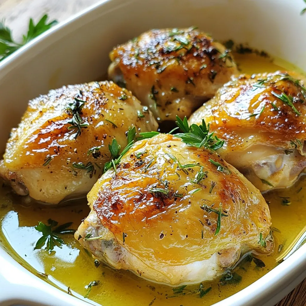 - 4 Hähncheschenkel mit Knochen und Haut - 4 Knoblauchzehen, fein gehackt - 2 Esslöffel frischer Rosmarin, gehackt - 2 Esslöffel frischer Thymian, gehackt - 1 Teelöffel getrockneter Oregano - 1 Zitrone, abgerieben und ausgepresst - 3 Esslöffel Olivenöl - Salz und frisch gemahlener schwarzer Pfeffer, nach Geschmack - 1 Tasse Hühnerbrühe - Frische Petersilie, gehackt (zum Garnieren) - Knoblauch und Oregano - Salz und Pfeffer - Hühnerbrühe Die Hauptzutaten sind der Schlüssel für diesen schmackhaften, saftigen Brathähnchen. Hähnchenschenkel mit Knochen und Haut sind perfekt. Die Haut wird knusprig und das Fleisch bleibt saftig. Frische Kräuter bringen Leben in das Gericht. Knoblauch gibt einen starken, herzhaften Geschmack. Zitrone und Olivenöl sorgen für Frische. Das Olivenöl hilft, die Gewürze gut zu verteilen. Es gibt nichts Schöneres, als den Duft von frischen Kräutern in der Küche. Mit Salz und Pfeffer schmecken Sie die Aromen ab. Hühnerbrühe fügt Tiefe und Geschmack hinzu. Indem Sie diese Zutaten verwenden, kreieren Sie ein Gericht, das alle begeistern wird. Genießen Sie die Mischung aus Aromen und Texturen. Diese Zutaten machen jeden Biss zu einem Erlebnis! {{ingredient_image_2}} Heizen Sie Ihren Ofen auf 220°C vor. Stellen Sie ein Gitter in die Mitte des Ofens. So wird das Hähnchen gleichmäßig gar. In einer kleinen Schüssel vermengen Sie den fein gehackten Knoblauch, Rosmarin, Thymian, Oregano, Zitronenabrieb, Zitronensaft und Olivenöl. Diese Mischung wird Ihre Kräuterpaste. Sie sorgt für den tollen Geschmack. Nehmen Sie die Hähnchenschenkel und tupfen Sie sie mit Küchenpapier trocken. Würzen Sie beide Seiten mit Salz und Pfeffer. Achten Sie darauf, dass Sie genug verwenden, um den Geschmack zu verstärken. Jetzt kommt die Kräutermischung ins Spiel. Reiben Sie die Paste gründlich über die Hähnchenschenkel. Vergessen Sie nicht, auch unter die Haut zu reiben. So entfalten sich die Aromen besser. Erhitzen Sie einen Spritzer Olivenöl in einer großen, ofenfesten Pfanne bei mittlerer bis hoher Hitze. Legen Sie die Hähnchenschenkel mit der Hautseite nach unten in die Pfanne. Braten Sie sie etwa 5-7 Minuten lang an, bis die Haut goldbraun und knusprig ist. Wenden Sie die Schenkel vorsichtig um. Gießen Sie die Hühnerbrühe in die Pfanne und bringen Sie sie zum Köcheln. Jetzt können Sie die Pfanne in den vorgeheizten Ofen übertragen. Rösten Sie die Hähnchenschenkel 25-30 Minuten lang, bis die Innentemperatur 74°C erreicht. Lassen Sie das Hähnchen nach dem Garen 5 Minuten ruhen. So bleibt es saftig, wenn Sie es servieren. Um knusprige Hähnchenschenkel zu bekommen, müssen Sie die richtige Temperatur wählen. Heizen Sie den Ofen auf 220°C vor. Diese hohe Hitze macht die Haut schön knusprig. Die Garzeit beträgt 25-30 Minuten. Achten Sie darauf, dass die Innentemperatur 74°C erreicht. Wenn Sie die Hähnchenschenkel herausnehmen, lassen Sie sie 5 Minuten ruhen. Diese Ruhezeit macht das Fleisch saftiger und zarter. Um den Geschmack Ihrer Hähnchenschenkel zu verändern, können Sie andere Kräuter verwenden. Probieren Sie Basilikum, Estragon oder sogar Dill. Marinieren Sie das Hähnchen über Nacht. Dies gibt den Kräutern mehr Zeit, in das Fleisch einzuziehen. Eine gute Marinade macht das Hähnchen noch schmackhafter und aromatischer. Pro Tipps Hähnchen Zimmertemperatur: Lassen Sie die Hähnchenschenkel vor dem Kochen etwa 30 Minuten bei Zimmertemperatur ruhen, damit sie gleichmäßiger garen. Knusprige Haut: Stellen Sie sicher, dass die Haut der Hähnchenschenkel gut trocken ist, bevor Sie sie anbraten, um eine besonders knusprige Textur zu erzielen. Braten im Ofen: Verwenden Sie eine ofenfeste Pfanne, um die Aromen der Bratensäfte und der Kräuter zu intensivieren, wenn Sie das Hähnchen im Ofen fertig garen. Ruhen lassen: Lassen Sie das Hähnchen nach dem Garen 5 Minuten ruhen, damit sich die Säfte im Fleisch setzen und es saftig bleibt. {{image_4}} Um die Aromen zu variieren, können Sie verschiedene Kräuter verwenden. Eine mediterrane Variante bringt frischen Thymian und Basilikum ins Spiel. Diese Kräuter verleihen dem Hähnchen einen warmen, einladenden Geschmack. Sie passen perfekt zu einem leichten Sommergericht. Eine asiatische Note bekommt das Gericht, wenn Sie Ingwer und Sojasauce hinzufügen. Der Ingwer gibt einen scharfen, frischen Geschmack. Die Sojasauce bringt Tiefe und Umami. Diese Kombination ist ideal für ein neues Geschmackserlebnis. Für ein rundes Gericht empfehle ich, Gemüse oder Reis als Beilagen zu servieren. Geröstetes Gemüse wie Karotten oder Zucchini ergänzt die Aromen gut. Sie können auch einen duftenden Reis zubereiten, um die Sauce aufzusaugen. Ein frischer Salat ist eine gute Wahl für eine ausgewogene Mahlzeit. Ein einfacher grüner Salat mit einem Zitronen-Dressing bringt Frische. Auch ein Tomatensalat mit Basilikum passt gut zu den Hähnchenschenkeln. Hähnchenreste sind toll für neue Gerichte. Du kannst sie in Salaten, Sandwiches oder Suppen nutzen. Hier sind einige Tipps: - Salat: Schneide die Reste klein und mische sie mit frischem Gemüse. - Sandwiches: Lege die Hähnchenstücke auf Brot mit etwas Mayo und Gemüse. - Suppe: Füge die Reste in eine Brühe mit Gemüse und Nudeln hinzu. Ein einfaches Rezept für eine schnelle Hühnersuppe: 1. Koche 4 Tassen Hühnerbrühe in einem Topf. 2. Füge 2 Tassen geschnittenes Gemüse hinzu. 3. Gib die Hähnchenreste dazu und koche alles 10 Minuten. Für die Lagerung ist es wichtig, die Reste richtig zu behandeln. Halte sie frisch und sicher: - Kühlschrank: Lege die Hähnchenreste in einen luftdichten Behälter. Sie halten sich 3-4 Tage. - Einfrieren: Wenn du länger aufbewahren willst, friere sie ein. Verwende einen gefrierfesten Beutel. So bleiben sie bis zu 3 Monate gut. Die Kräutermischung kannst du auch aufbewahren. Lagere sie in einem kleinen Glas im Kühlschrank. So bleiben die Aromen frisch für nächste Gerichte. Hähnchenschenkel brauchen etwa 25-30 Minuten im Ofen. Die Garzeit hängt von der Dicke ab. Überprüfen Sie die Innentemperatur. Sie sollte 74°C (165°F) erreichen. Bei dicken Schenkeln kann es etwas länger dauern. Achten Sie darauf, dass die Haut schön knusprig wird. Ja, Sie können die Kräuterpaste im Voraus machen. Bewahren Sie sie in einem luftdichten Behälter auf. So bleibt der Geschmack frisch. Sie kann bis zu drei Tage im Kühlschrank halten. Für längere Lagerung können Sie die Paste einfrieren. Teilen Sie sie in Portionen auf, um sie leicht zu nutzen. Die ideale Kerntemperatur für Hähnchen beträgt 74°C (165°F). Diese Temperatur stellt sicher, dass das Fleisch sicher zu essen ist. Verwenden Sie ein Fleischthermometer, um die Temperatur zu überprüfen. Stecken Sie es in die dickste Stelle des Fleisches. So vermeiden Sie, dass es zu trocken wird. In diesem Artikel haben wir jede wichtige Zutat für das perfekte Hähnchen behandelt. Wir haben die Schritte zur Zubereitung erläutert und hilfreiche Tipps gegeben, um das Gericht knusprig zu machen. Variationen und Beilagen bieten viele Optionen für jeden Geschmack. Denken Sie daran, die Reste clever zu verwenden und gut zu lagern. Folgen Sie den Tipps zu Garzeiten und Temperatur, um sicher zu kochen. So gelingt Ihnen jedes Mal ein schmackhaftes Hähnchen. Viel Spaß beim Ausprobieren!