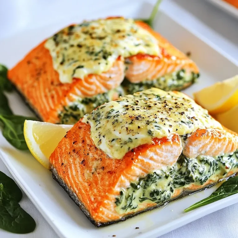 Für diesen leckeren gefüllten Lachs benötigst du: - 4 Lachsfilets - 2 Tassen frischer Spinat, grob gehackt - 1 Tasse Frischkäse, weich gerührt - 3 Knoblauchzehen, fein gehackt - 1/4 Tasse geriebener Parmesan Diese Zutaten bilden die Basis für unser Gericht. Der frische Spinat gibt dem Lachs Farbe und Nährstoffe. Der Frischkäse sorgt für eine cremige Füllung. Parmesan bringt zusätzlich einen tollen Geschmack. Um dem Gericht den perfekten Geschmack zu geben, füge hinzu: - 1/4 Teelöffel Knoblauchpulver - 1/4 Teelöffel Zwiebelpulver - Salz und Pfeffer nach Geschmack - 1 Esslöffel Olivenöl - Abrieb von 1 Zitrone Knoblauchpulver und Zwiebelpulver verstärken den Geschmack. Salz und Pfeffer bringe ich nach meinem Geschmack hinzu. Der Zitronenabrieb gibt eine frische Note, die wunderbar mit dem Lachs harmoniert. Für die Zubereitung benötigst du: - Eine Pfanne - Eine Schüssel für die Füllung - Ein scharfes Messer - Ein Backblech mit Backpapier Die Pfanne ist wichtig zum Anbraten des Knoblauchs und Spinats. Die Schüssel dient zum Mischen der Füllung. Ein scharfes Messer hilft dir, die Tasche im Lachsfilet zu schneiden. Das Backblech sorgt dafür, dass der Lachs gleichmäßig gart. {{ingredient_image_2}} Beginnen Sie mit den Lachsfilets. Nehmen Sie vier frische Filets und legen Sie sie auf ein Schneidebrett. Schneiden Sie vorsichtig eine Tasche in jedes Filet. Achten Sie darauf, nicht ganz durchzuschneiden. Diese Tasche wird später die cremige Spinatfüllung halten. Spülen Sie die Filets leicht mit kaltem Wasser ab und tupfen Sie sie mit einem Küchentuch trocken. So entfernen Sie überschüssige Feuchtigkeit. Jetzt bereiten wir die cremige Spinatfüllung zu. Erhitzen Sie einen Esslöffel Olivenöl in einer Pfanne bei mittlerer Hitze. Fügen Sie drei fein gehackte Knoblauchzehen hinzu und sautieren Sie sie für etwa eine Minute. Der Knoblauch sollte leicht duftend sein, aber nicht braun werden. Geben Sie dann zwei Tassen grob gehackten Spinat in die Pfanne. Kochen Sie den Spinat für zwei bis drei Minuten, bis er zusammengefallen ist. Nehmen Sie die Pfanne vom Herd. In einer separaten Schüssel vermengen Sie den sautierten Spinat mit einer Tasse weichem Frischkäse. Fügen Sie auch einen viertel Tasse geriebenen Parmesan, Knoblauchpulver, Zwiebelpulver, Zitronenabrieb, Salz und Pfeffer hinzu. Rühren Sie alles gut um, bis die Mischung cremig und gleichmäßig ist. Jetzt ist es Zeit zu backen! Heizen Sie Ihren Ofen auf 190 °C vor. Füllen Sie jedes Lachsfilet mit der cremigen Spinatfüllung. Verwenden Sie gegebenenfalls Zahnstocher, um die Öffnungen zu sichern. Legen Sie die gefüllten Filets auf ein mit Backpapier ausgelegtes Backblech. Backen Sie den Lachs im vorgeheizten Ofen für 20 bis 25 Minuten. Der Lachs sollte gar sein und sich leicht mit einer Gabel zerteilen lassen. Nach dem Backen lassen Sie den Lachs für fünf Minuten ruhen, bevor Sie ihn servieren. Um den perfekten Lachs zu machen, gibt es einige einfache Tipps. Wählen Sie frische Lachsfilets. Achten Sie darauf, dass die Haut glänzend und die Farbe lebendig ist. Trocknen Sie die Filets gut ab, bevor Sie sie würzen. So bleibt die Füllung besser haften. - Heizen Sie den Ofen gut vor. So gart der Lachs gleichmäßig. - Backen Sie den Lachs nicht zu lange. 20 bis 25 Minuten sind genug. Der Lachs sollte innen zart und saftig sein. - Verwenden Sie Zahnstocher, um die Füllung zu sichern. So bleibt alles an Ort und Stelle. Ein häufiger Fehler ist, den Lachs zu überbacken. Prüfen Sie nach 20 Minuten, ob er gar ist. Ein weiterer Fehler ist, die Füllung zu trocken zu machen. Achten Sie darauf, den Frischkäse richtig zu mischen. Die Füllung sollte cremig und nicht bröckelig sein. Wenn die Füllung ausläuft, sind die Taschen vielleicht zu klein. Schneiden Sie die Tasche etwas größer. So hat die Füllung mehr Platz. Die Präsentation macht viel aus. Servieren Sie den Lachs auf einem Bett aus sautiertem Gemüse. Bunte Farben machen das Gericht lebendig. Garnieren Sie mit frischen Zitronenspalten. Das sieht nicht nur gut aus, sondern bringt auch einen frischen Geschmack. Für einen besonderen Touch können Sie frische Kräuter wie Petersilie oder Dill verwenden. Diese Kräuter passen gut zu Lachs und Spinat. Ein guter Beilagensalat rundet das Gericht ab. Kombinieren Sie verschiedene Blattsalate mit einem leichten Dressing. So haben Sie ein komplettes, köstliches Mahl. Pro Tipps Frischkäse auf Zimmertemperatur: Stellen Sie sicher, dass der Frischkäse weich und auf Zimmertemperatur ist, damit er sich leichter mit den anderen Zutaten vermengen lässt. Verwenden Sie frischen Spinat: Frischer Spinat verleiht dem Gericht einen intensiveren Geschmack und eine bessere Textur im Vergleich zu gefrorenem Spinat. Die richtige Garzeit: Überprüfen Sie den Lachs nach 20 Minuten, um sicherzustellen, dass er nicht zu lange gebacken wird, da er sonst trocken werden kann. Serviertipps: Servieren Sie den gefüllten Lachs mit einer Beilage aus knusprigem Gemüse oder Reis, um das Gericht zu vervollständigen und eine schöne Präsentation zu erzielen. {{image_4}} Wenn Sie Spinat nicht mögen oder eine neue Idee suchen, probieren Sie andere Füllungen. Zum Beispiel können Sie Brokkoli verwenden. Hacken Sie den Brokkoli klein und kochen Sie ihn kurz. Fügen Sie dann Frischkäse und Parmesan hinzu. Eine andere Option ist die Verwendung von Artischocken. Mischen Sie gehackte Artischocken mit Feta-Käse für einen tollen Geschmack. Diese Varianten bringen frischen Wind in Ihr Gericht. Wenn Sie auf eine bestimmte Diät achten, gibt es viele Anpassungen. Für eine glutenfreie Option verwenden Sie frische Zutaten und vermeiden Sie Brot. Veganer können den Frischkäse durch pflanzliche Alternativen ersetzen. Nutzen Sie Cashew-Creme oder einen veganen Frischkäse. Wenn Sie auf Milchprodukte verzichten, probieren Sie eine Füllung mit Nüssen und Kräutern. Diese Optionen sind lecker und gesund. Die richtige Beilage macht das Gericht perfekt. Servieren Sie den gefüllten Lachs mit Reis oder Quinoa. Diese Beilagen passen gut zu den Aromen. Auch ein frischer Salat mit Zitronen-Dressing ergänzt das Gericht. Gemüse wie grüne Bohnen oder geröstete Karotten sind ebenfalls tolle Begleiter. Sie fügen Farbe und Nährstoffe hinzu. Berücksichtigen Sie die Präsentation, um das Essen noch schöner zu machen. Um cremigen Knoblauch-Spinat gefüllten Lachs frisch zu halten, lagern Sie ihn in einem luftdichten Behälter. Lassen Sie den Lachs zuerst auf Raumtemperatur abkühlen. Wickeln Sie ihn gut ein, bevor Sie ihn in den Kühlschrank stellen. So bleibt der Geschmack erhalten. Ideal ist eine Lagerung innerhalb von zwei Stunden nach dem Kochen. Um den Lachs wieder aufzuwärmen, nutzen Sie den Ofen oder die Mikrowelle. Heizen Sie den Ofen auf 180°C vor. Legen Sie den Lachs auf ein Backblech und decken Sie ihn mit Alufolie ab. So bleibt er saftig. Erwärmen Sie ihn für etwa 10–15 Minuten. In der Mikrowelle, setzen Sie die Leistung niedrig und prüfen Sie ihn nach 1–2 Minuten. Der gefüllte Lachs hält sich im Kühlschrank für 2 bis 3 Tage. Achten Sie darauf, ihn gut verpackt aufzubewahren. Wenn Sie ihn länger lagern möchten, frieren Sie ihn ein. Im Gefrierfach bleibt er bis zu 3 Monate frisch. Lassen Sie ihn vor dem Servieren im Kühlschrank auftauen. Sie können die Füllung leicht anpassen. Fügen Sie zum Beispiel frische Kräuter wie Dill oder Petersilie hinzu. Auch Feta oder Ricotta sind tolle Alternativen zum Frischkäse. Möchten Sie etwas mehr Schärfe? Geben Sie eine Prise Chili oder Paprika in die Füllung. Für eine nussige Note verwenden Sie geröstete Pinienkerne oder Walnüsse. Experimentieren Sie mit verschiedenen Käsesorten, um neue Geschmäcker zu entdecken. Ja, gefrorener Lachs ist eine gute Option. Lassen Sie den Lachs vor der Zubereitung über Nacht im Kühlschrank auftauen. So bleibt der Lachs saftig und zart. Achten Sie darauf, die Lachsfilets gut abzutrocknen, bevor Sie sie füllen. Gefrorener Lachs kann etwas länger im Ofen brauchen, also überprüfen Sie die Garzeit gut. Zu gefülltem Lachs passen viele Beilagen. Probieren Sie gebratenes Gemüse wie Brokkoli oder Zucchini. Auch ein frischer Salat mit Zitronendressing ist eine tolle Wahl. Kartoffelpüree oder Quinoa bieten eine leckere, sättigende Ergänzung. Reis mit Kräutern ist ebenfalls eine gute Idee. Diese Beilagen harmonieren gut mit dem cremigen Geschmack des Lachses. Gefüllter Lachs ist einfach und lecker. Wir haben die besten Zutaten, Tipps und Variationen durchgesehen. Wenn du die Schritte genau befolgst, gelingt dir ein tolles Gericht. Achte auf die richtigen Gewürze und die perfekte Füllung. Denke daran, dass du das Rezept anpassen kannst. Ob für dich oder Gäste, gefüllter Lachs beeindruckt. Halte die Aufbewahrungs- und Wärmetipps bereit, damit nichts verschwendet wird. Viel Spaß beim Ausprobieren und Genießen!