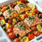 - 4 Lachsfilets (je etwa 170 g) - 1 Tasse Kirschtomaten, halbiert - 1 mittelgroße Zucchini, in Halbmonde geschnitten - 1 Paprika (rot oder gelb), gewürfelt - 1 rote Zwiebel, in Spalten geschnitten - 1/2 Tasse schwarze Oliven, entsteint und halbiert - 3 Esslöffel Olivenöl - 2 Teelöffel getrockneter Oregano - 2 Teelöffel Knoblauchpulver - Salz und Pfeffer nach Geschmack - Frische Petersilie, gehackt (zum Garnieren) Diese Zutaten machen dein Gericht frisch und gesund. Der Lachs bringt wertvolle Omega-3-Fette. Die bunten Gemüse sorgen für Vitamine und Ballaststoffe. Kirschtomaten sind süß und saftig. Zucchini gibt dem Gericht eine schöne Textur. Paprika fügt eine knackige Note hinzu. Rote Zwiebeln haben einen milden Geschmack. Die schwarzen Oliven geben eine salzige Tiefe. Zusammen mit dem Olivenöl und den Gewürzen entsteht ein harmonisches Aroma. Die Gewürze sind einfach, aber voller Geschmack. Oregano bringt den mediterranen Flair. Knoblauchpulver ist ein echter Geschmacksverstärker. Salz und Pfeffer runden alles gut ab. Die frische Petersilie macht das Gericht bunter und frischer. Mit diesen Zutaten kannst du jede Menge Spaß beim Kochen haben. {{ingredient_image_2}} Heize deinen Ofen auf 200°C (400°F) vor. Das ist wichtig, um den Lachs perfekt zu garen. Lege ein großes Backblech mit Backpapier aus oder fette es leicht ein. So bleibt alles kleben. Nimm eine große Schüssel und vermenge die Kirschtomaten, Zucchini, Paprika, rote Zwiebel und schwarzen Oliven. Diese Mischung bringt viele Farben und Aromen. Träufle 2 Esslöffel Olivenöl darüber. Würze alles mit Salz, Pfeffer und 1 Teelöffel Oregano. Mische gründlich, damit jedes Stück Gemüse gut gewürzt ist. Verteile die Gemüsemischung gleichmäßig auf einer Seite des Backblechs. So gart es gleichmäßig. Lege die Lachsfilets auf die andere Seite des Blechs. Beträufle sie mit dem restlichen Olivenöl. Streue Knoblauchpulver, den restlichen Oregano, Salz und Pfeffer darüber. Jetzt ist alles bereit für den Ofen. Backe das Ganze für 15-20 Minuten. Der Lachs sollte gar sein und leicht mit einer Gabel zerfallen. Das Gemüse wird zart und leicht karamellisiert. Wie erkennt man, ob der Lachs gar ist? Der Lachs hat eine schöne, zarte Farbe. Wenn er sich leicht mit einer Gabel zerteilen lässt, ist er perfekt. Achte darauf, den Lachs nicht zu lange zu backen. Überkochen macht ihn trocken. Hier sind einige Tipps, um Überkochen zu vermeiden: - Stelle einen Timer auf 15 Minuten und prüfe dann den Lachs. - Nutze ein Fleischthermometer. Bei 63°C (145°F) ist er ideal. - Lass den Lachs nach dem Backen ein paar Minuten ruhen. Frische Petersilie bringt einen tollen Geschmack. Sie fügt Farbe hinzu und ist gesund. Petersilie hat viele Vitamine und Antioxidantien. Wenn du andere Kräuter ausprobieren möchtest, hier sind einige gute Optionen: - Frischer Basilikum für einen süßen, italienischen Geschmack. - Dill, der gut mit Fisch harmoniert. - Thymian, der dem Gericht Tiefe gibt. Du kannst verschiedene Kräuter und Gewürze ausprobieren. Oregano passt gut, aber auch Rosmarin ist eine gute Wahl. Für eine besondere Note kannst du auch das Öl anpassen: - Knoblauchöl gibt dem Gericht mehr Geschmack. - Zitrusöl bringt Frische und Leichtigkeit. Experimentiere mit diesen Ideen! So machst du das Rezept ganz nach deinem Geschmack. Pro Tipps Frische Zutaten: Verwenden Sie frisches Gemüse und frischen Lachs für den besten Geschmack. Saisonale Produkte sorgen für maximale Frische und Aromen. Variationen des Gemüses: Experimentieren Sie mit verschiedenen Gemüsesorten wie Auberginen oder Spargel, um neue Geschmäcker und Texturen zu entdecken. Marinieren für zusätzlichen Geschmack: Lassen Sie den Lachs vor dem Backen einige Minuten in einer Mischung aus Olivenöl, Zitronensaft und Kräutern marinieren, um das Aroma zu intensivieren. Servieren mit Beilagen: Servieren Sie den Lachs und das Gemüse mit einer Beilage aus Reis oder Quinoa, um das Gericht zu ergänzen und nahrhaft zu gestalten. {{image_4}} Eine tolle Idee ist, Feta-Käse hinzuzufügen. Der salzige Geschmack passt perfekt zum Lachs. Einfach etwas zerbröckelten Feta über das Gemüse streuen, bevor du das Blech in den Ofen schiebst. Das gibt dem Gericht eine neue Dimension. Du kannst auch Auberginen verwenden. Diese ergeben eine schöne Textur und einen tiefen Geschmack. Schneide sie in dünne Scheiben und füge sie zu den anderen Gemüsesorten hinzu. So bleibt das Gericht spannend und lecker. Wenn du kein Lachs magst, kannst du Hähnchen verwenden. Nimm einfach Hähnchenbrustfilets anstelle von Lachs. Marinieren die Filets mit Olivenöl, Oregano und Gewürzen wie für den Lachs. Tofu ist eine gute, pflanzliche Option. Schneide den Tofu in Würfel und mariniere ihn ebenfalls. Er nimmt die Aromen gut auf und wird schön knusprig im Ofen. Reis oder Couscous sind perfekte Beilagen. Beides ergänzt die Aromen des Gerichts gut. Koche sie einfach nach Anleitung, während das Blech im Ofen ist. Frische Salate passen ebenfalls gut dazu. Ein einfacher grüner Salat mit Olivenöl und Zitronensaft rundet das Essen ab. Du kannst auch einen Tomatensalat machen, der die mediterranen Aromen verstärkt. Um die Reste des Mediterranen Lachs richtig zu lagern, verwende einen luftdichten Behälter. Das hält den Lachs frisch und verhindert Gerüche im Kühlschrank. Die Reste bleiben bis zu drei Tage haltbar. Achte darauf, das Gericht schnell abzukühlen, bevor du es in den Kühlschrank stellst. So vermeidest du das Wachstum von Bakterien. Wenn du die Reste länger aufbewahren möchtest, friere sie ein. In einem gefrierfesten Behälter halten sie bis zu drei Monate. Die besten Methoden zum Aufwärmen sind der Ofen oder die Mikrowelle. Im Ofen, heize ihn auf 180°C vor. Lege den Lachs und das Gemüse auf ein Backblech. Decke es mit Aluminiumfolie ab. Das hilft, die Feuchtigkeit zu bewahren. Erhitze das Gericht für 10-15 Minuten. In der Mikrowelle, verwende eine niedrige Stufe. Erhitze es in 30-Sekunden-Intervallen, um ein Überkochen zu vermeiden. Achte darauf, das Gericht gleichmäßig zu erwärmen. So bleibt die Textur des Lachses zart und saftig. Sie können den Lachs bis zu zwei Tage im Voraus zubereiten. Lagern Sie ihn in einem luftdichten Behälter im Kühlschrank. Denken Sie daran, das Gemüse auch vorab zuzubereiten. Das Gemüse bleibt frisch, wenn es in einer separaten Schüssel aufbewahrt wird. Vor dem Servieren einfach alles zusammen erhitzen. So sparen Sie Zeit und haben dennoch eine gesunde Mahlzeit. Ja, dieses Rezept eignet sich hervorragend für Meal Prep. Teilen Sie die Portionen in luftdichte Behälter auf. Sie können Lachs und Gemüse getrennt lagern, um die Frische zu bewahren. Stellen Sie sicher, dass Sie die Portionen gleichmäßig aufteilen. So haben Sie mehrere gesunde Mahlzeiten für die Woche. Es ist einfach und bequem. Sie können viele Gemüsesorten in diesem Rezept verwenden. Brokkoli, Karotten oder grüne Bohnen sind tolle Optionen. Auch Auberginen oder Spargel passen gut dazu. Experimentieren Sie mit saisonalem Gemüse für neue Aromen. So bleibt das Gericht immer spannend und lecker. Dieses Rezept für Lachs mit buntem Gemüse ist einfach und lecker. Sie haben gelernt, was Sie brauchen, wie Sie es zubereiten und anpassen können. Achten Sie auf die Garzeit, um den perfekten Lachs zu erhalten. Frische Kräuter und Variationen bieten noch mehr Geschmack. Das Gericht lässt sich auch gut aufbewahren und wiedererwärmen. Nutzen Sie die Tipps und Tricks, um das Rezept an Ihre Vorlieben anzupassen. Damit machen Sie jede Mahlzeit zu etwas Besonderem. Viel Spaß beim Kochen und Ausprobieren!