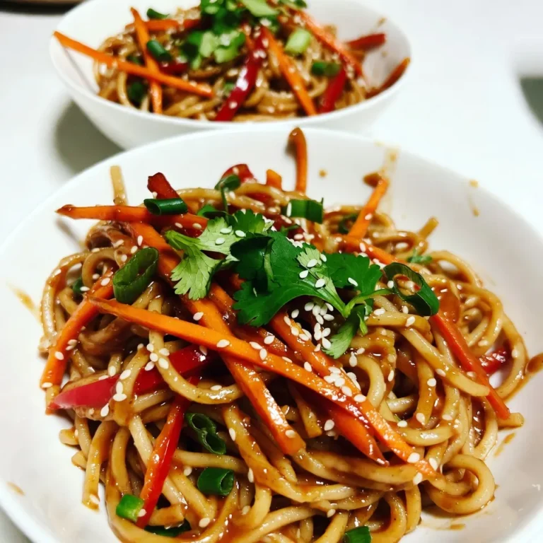Für würzige Sesamnudeln benötigst du folgende Hauptzutaten: - 230 g Nudeln (Soba oder Vollkornspaghetti) - 3 Esslöffel Sesamöl - 2 Esslöffel Sojasauce - 2 Esslöffel Tahini - 1 Esslöffel Reisessig - 1 Teelöffel Chiligarlic-Sauce (nach Geschmack anpassen) - 1 Esslöffel Honig oder Ahornsirup Diese Zutaten bilden die Basis für deinen Geschmack. Die Nudeln sind wichtig, da sie die Sauce gut aufnehmen. Um den Geschmack zu intensivieren, füge diese Zutaten hinzu: - 1 Karotte, in feine Streifen geschnitten - 1 rote Paprika, dünn geschnitten - 2 Frühlingszwiebeln, gehackt - 1 Esslöffel Sesamsamen (zum Garnieren) - Frische Korianderblätter (zur Garnierung) Diese Zutaten bringen Farbe und Frische in dein Gericht. Die Karotte und Paprika sorgen für einen knackigen Biss. Falls du gesündere Optionen suchst, probiere diese Vorschläge: - Verwende Zucchini-Nudeln anstelle von normalen Nudeln. - Ersetze Honig durch Agavendicksaft oder Dattelsirup für weniger Zucker. - Füge mehr Gemüse wie Brokkoli oder Spinat hinzu, um die Nährstoffe zu erhöhen. Diese Alternativen machen dein Gericht noch gesünder und bieten neue Geschmackserlebnisse. Experimentiere mit verschiedenen Zutaten, um deine perfekte Mischung zu finden. {{ingredient_image_2}} Um die Nudeln perfekt zu kochen, bringe zuerst einen großen Topf Wasser zum Kochen. Füge dann die 230 g Nudeln hinzu und koche sie gemäß der Verpackungsanweisung. Achte darauf, dass sie al dente sind. Nach dem Kochen gieße die Nudeln ab und spüle sie mit kaltem Wasser. Das stoppt den Garprozess. Lass sie in einer Schüssel ruhen, während du die Sauce zubereitest. Für die Sauce nimm eine große Rührschüssel. Gib 3 Esslöffel Sesamöl, 2 Esslöffel Sojasauce, 2 Esslöffel Tahini, 1 Esslöffel Reisessig und 1 Esslöffel Honig oder Ahornsirup hinein. Füge 1 Teelöffel Chiligarlic-Sauce hinzu, um die Schärfe zu steuern. Verquirle alles gut, bis die Mischung glatt und homogen ist. Diese Sauce gibt den Nudeln viel Geschmack. Nimm die abgekühlten Nudeln aus der Schüssel. Gib sie in die Schüssel mit der Sauce. Mische sie vorsichtig, bis die Nudeln gleichmäßig bedeckt sind. Jetzt ist es Zeit für das Gemüse. Füge die julienned Karotte, die geschnittene rote Paprika und die gehackten Frühlingszwiebeln hinzu. Mische alles erneut gründlich. Serviere die Nudeln in tiefen Schalen. Garniere sie mit 1 Esslöffel Sesamsamen und frischen Korianderblättern. Das sieht nicht nur schön aus, sondern schmeckt auch toll! Um die perfekte Konsistenz der Nudeln zu erreichen, koche sie genau nach der Anleitung. Soba-Nudeln sollten al dente sein. Achte darauf, sie nach dem Kochen mit kaltem Wasser abzuspülen. Das stoppt den Garprozess und hält die Nudeln fest. Lasse sie gut abtropfen, damit sie nicht matschig werden. Wenn du mehr Schärfe magst, füge mehr Chiligarlic-Sauce hinzu. Du kannst auch frische Chilis oder Chili-Flocken verwenden. Für eine süßere Note, erhöhe die Menge an Honig oder Ahornsirup. Experimentiere mit den Zutaten, bis du den perfekten Geschmack gefunden hast. Jeder hat unterschiedliche Vorlieben, also scheue dich nicht vor Anpassungen. Du kannst die Nudeln bereits einen Tag vorher kochen. Bewahre sie in einem luftdichten Behälter im Kühlschrank auf. Bereite die Sauce auch im Voraus zu. Mische alle Zutaten und stelle die Mischung ebenfalls in den Kühlschrank. So sparst du Zeit, wenn du die Nudeln servieren möchtest. Vor dem Servieren einfach die Nudeln und die Sauce vermengen und kurz erwärmen. Pro Tipps Die richtige Nudelwahl: Verwenden Sie Soba-Nudeln für einen authentischen Geschmack oder Vollkornspaghetti für eine gesündere Option. Würze nach Geschmack: Passen Sie die Menge der Chiligarlic-Sauce an, um die Schärfe nach Ihrem persönlichen Geschmack zu steuern. Gemüsevariationen: Fühlen Sie sich frei, zusätzliches Gemüse wie Brokkoli, Zucchini oder Erbsen hinzuzufügen, um das Gericht noch nährstoffreicher zu machen. Servieren Sie kalt: Diese Nudeln schmecken auch kalt als Salat, was sie perfekt für ein Sommerpicknick macht. {{image_4}} Für eine vegetarische Variante der würzigen Sesamnudeln kann man die Zutaten ganz leicht anpassen. Statt Honig verwende einfach Ahornsirup. So bleibt das Gericht rein pflanzlich. Füge auch mehr Gemüse hinzu, wie Brokkoli oder Zucchini. Sie bringen Farbe und Nährstoffe. Möchtest du mehr Protein in dein Gericht? Dann füge gebratene Tofu-Würfel hinzu. Tofu nimmt die Aromen der Sauce gut auf. Eine weitere Möglichkeit sind Edamame. Diese Bohnen sind nicht nur lecker, sondern auch gesund. Sie bringen tollen Crunch in dein Gericht. Nutze saisonales Gemüse für mehr Abwechslung. Im Frühling sind Spargel und Erbsen frisch und zart. Im Sommer probiere Paprika und Zucchini. Im Herbst kannst du Kürbis oder Rosenkohl verwenden. Diese Gemüsesorten bringen neue Geschmäcker und Farben in die Nudeln. Es macht das Essen aufregender und nahrhafter. Um die Reste der würzigen Sesamnudeln richtig zu lagern, sollten Sie sie zuerst abkühlen lassen. Danach geben Sie die Nudeln in einen luftdichten Behälter. Achten Sie darauf, dass die Sauce gleichmäßig verteilt ist. So bleibt der Geschmack frisch. Lagern Sie den Behälter im Kühlschrank. Die Sesamnudeln sind im Kühlschrank etwa drei bis fünf Tage haltbar. Wenn Sie die Nudeln länger aufbewahren möchten, können Sie sie auch einfrieren. Bei richtiger Lagerung im Gefrierbeutel halten sie bis zu drei Monate. Denken Sie daran, vor dem Essen immer auf den Geruch und die Konsistenz zu achten. Wenn Sie die Nudeln wieder aufwärmen, gibt es einige einfache Tipps. Sie können die Nudeln in der Mikrowelle aufwärmen. Geben Sie etwas Wasser hinzu, damit sie nicht austrocknen. Alternativ können Sie die Nudeln in einer Pfanne erhitzen. Fügen Sie etwas Sesamöl hinzu, um den Geschmack zu verbessern. Rühren Sie die Nudeln gut um, damit sie gleichmäßig warm werden. Um die Schärfe anzupassen, nutzen Sie weniger Chiligarlic-Sauce. Fangen Sie mit einem halben Teelöffel an. Dann schmecken Sie die Sauce ab. Wenn Sie mehr Hitze wollen, fügen Sie schrittweise mehr hinzu. Alternativ können Sie frische Chilis oder Chilipulver verwenden. Diese Optionen geben Ihnen mehr Kontrolle über die Schärfe. Für würzige Sesamnudeln sind Soba- oder Vollkornspaghetti ideal. Soba-Nudeln bringen einen nussigen Geschmack. Sie sind auch gesund und glutenfrei. Vollkornspaghetti bieten eine gute Textur und mehr Ballaststoffe. Beide Nudelsorten passen gut zur Sesamsauce und den frischen Zutaten. Ja, Sie können die Sesamsauce im Voraus machen. Mischen Sie einfach alle Zutaten in einer Schüssel. Lagern Sie die Sauce in einem luftdichten Behälter im Kühlschrank. Sie bleibt so bis zu einer Woche frisch. Vor dem Servieren sollten Sie die Sauce gut umrühren, da sich die Zutaten setzen können. Wer würzige Sesamnudeln machen möchte, hat die besten Zutaten und hilfreiche Tipps. Du hast gelernt, wie man die Nudeln kocht, die Sauce zubereitet und alles anrichtet. Auch Variationen und Lagerung wurden behandelt. Beachte, dass gesunde Alternativen und Anpassungen für deinen Geschmack wichtig sind. Denke daran, dass die richtige Konsistenz und Vorbereitung Schlüssel zum Erfolg sind. Jetzt bist du bereit, deine eigenen köstlichen Sesamnudeln zu zaubern!