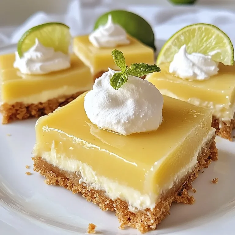 Für die besten Key Lime Pie Bars brauchst du einige einfache Zutaten. Hier ist, was du benötigst: - 1 Tasse Graham Cracker Brösel - 1/4 Tasse Kristallzucker - 1/2 Tasse ungesalzene Butter, geschmolzen - 1 (400 g) Dose gesüßte Kondensmilch - 1/2 Tasse frisch gepresster Key Lime Saft (oder normaler Limettensaft) - 3 große Eigelb - Zest von 2 Key Limes - Schlagsahne, zum Servieren (optional) - Limettenschnitze, zur Garnitur (optional) Diese Zutaten geben den Bars ihren tollen Geschmack und die perfekte Konsistenz. Manchmal hast du vielleicht nicht alles zur Hand. Hier sind einige Alternativen, die du verwenden kannst: - Graham Cracker Brösel: Du kannst auch Kekse wie Digestive oder Butterkekse verwenden. Diese bringen auch eine schöne Süße. - Kondensmilch: Wenn du eine leichtere Option wünschst, kannst du fettarme Kondensmilch nehmen. Das verändert den Geschmack nicht viel. - Limettensaft: Frisch gepresster Saft ist am besten, aber Flaschenlimettensaft geht auch. Achte darauf, dass er keinen Zucker enthält. Diese Alternativen helfen dir, die Bars auch ohne die Originalzutaten zu machen. Frische Limetten sind der Schlüssel zu einem guten Geschmack. Hier sind meine Tipps, wie du die besten Limetten findest: - Farbe: Wähle Limetten, die eine leuchtend grüne Farbe haben. Sie sollten keine braunen Flecken zeigen. - Festigkeit: Drücke leicht auf die Limetten. Sie sollten fest, aber nicht hart sein. Ein bisschen nachgeben zeigt, dass sie saftig sind. - Größe: Kleinere Limetten haben oft den besten Geschmack. Achte darauf, dass sie schwer für ihre Größe sind. Das bedeutet, dass sie viel Saft enthalten. Mit diesen Tipps wählst du die besten Limetten für deine Key Lime Pie Bars aus. {{ingredient_image_2}} Für den Boden nehmen Sie eine mittelgroße Schüssel. Mischen Sie die Graham Cracker Brösel, den Kristallzucker und die geschmolzene Butter. Rühren Sie alles gut um, bis es gleichmäßig vermischt ist. Drücken Sie diese Mischung in eine 20x20 cm Backform. Achten Sie darauf, dass sie gleichmäßig und fest ist. Backen Sie den Boden bei 175 °C für etwa 10 Minuten. Er sollte leicht goldbraun sein, wenn er fertig ist. Nehmen Sie die Form aus dem Ofen und lassen Sie den Boden abkühlen. In einer separaten Schüssel verquirlen Sie die gesüßte Kondensmilch. Fügen Sie den frisch gepressten Key Lime Saft hinzu, gefolgt von den drei Eigelben und der Zest von zwei Key Limes. Rühren Sie alles gut um, bis die Mischung schön glatt ist. Diese Füllung ist der Star Ihres Desserts! Gießen Sie die Füllung über den abgekühlten Boden. Verteilen Sie sie gleichmäßig, um eine gute Textur zu erreichen. Backen Sie die Form für 15 bis 20 Minuten im Ofen. Die Füllung sollte fest sein und leicht wackeln, wenn Sie sie berühren. Nach dem Backen nehmen Sie die Form heraus und lassen Sie sie auf Raumtemperatur abkühlen. Kühlen Sie die Bars für mindestens 2 Stunden im Kühlschrank. Schneiden Sie die Bars in Quadrate oder Rechtecke, wenn sie fest sind. Genießen Sie sie kalt! Um die perfekte Konsistenz für deine Key Lime Pie Bars zu bekommen, achte auf die Füllung. Die Mischung aus gesüßter Kondensmilch, Limettensaft und Eigelb sollte glatt sein. Wenn du sie zu lange rührst, kann sie Luftblasen bekommen. Diese Blasen können beim Backen platzen und die Füllung ungleichmäßig machen. Lass die Füllung nach dem Rühren kurz ruhen. So setzen sich die Blasen ab und du bekommst eine glatte Textur. Wenn du die Bars anrichtest, schneide sie in gleichmäßige Stücke. Das macht sie ansprechender. Du kannst sie mit Schlagsahne garnieren. Ein Limettenschnitz auf jedem Stück sieht schön aus und gibt zusätzlichen Geschmack. Serviere die Bars gekühlt, damit sie frisch und erfrischend sind. Achte darauf, sie auf einem schönen Teller zu präsentieren. So kommen die Farben und die Texturen gut zur Geltung. Ein häufiger Fehler ist, die Füllung zu überbacken. Achte darauf, dass die Füllung leicht wackelt, wenn du sie herausnimmst. So bleibt sie schön cremig. Verwende frische Limetten, wenn du die Zesten machst. Alte Limetten haben weniger Geschmack. Wenn du den Boden machst, drücke die Graham-Cracker-Mischung fest in die Form. Ein lockerer Boden hält die Füllung nicht gut. Wenn du diese Tipps befolgst, wirst du tolle Key Lime Pie Bars machen! Pro Tipps Frische Limetten verwenden: Für den besten Geschmack sollten Sie frischen Key Lime Saft und die Zesten verwenden, anstatt auf Flaschenprodukte zurückzugreifen. Vorbereitung der Kruste: Stellen Sie sicher, dass die Graham-Cracker-Mischung gut gepresst ist, um eine stabile Kruste zu erhalten, die beim Schneiden nicht bricht. Abkühlen vor dem Schneiden: Lassen Sie die Bars nach dem Backen vollständig auf Raumtemperatur abkühlen, bevor Sie sie in Stücke schneiden, um ein sauberes Schnittbild zu erzielen. Servieren mit Schlagsahne: Ein Klecks frisch geschlagene Sahne passt hervorragend zu diesen Bars und bringt einen zusätzlichen cremigen Geschmack. {{image_4}} Um glutenfreie Key Lime Pie Bars zu machen, verwenden Sie glutenfreie Kekse. Diese Kekse sind oft aus Reis, Mandeln oder Kokos. Mischen Sie die glutenfreien Brösel mit Kristallzucker und geschmolzener Butter. Drücken Sie die Mischung wie gewohnt in die Form. So behalten Sie den tollen Geschmack und die Textur. Für vegane Key Lime Pie Bars tauschen Sie die Eier und die Kondensmilch aus. Nutzen Sie stattdessen eine pflanzliche Milch und einen veganen Ei-Ersatz. Sie können auch Kokosnusscreme verwenden, um die Füllung cremig zu machen. Der Key Lime Saft bleibt gleich. So genießen Sie die Bars ganz ohne tierische Produkte. Experimentieren Sie mit verschiedenen Geschmäckern! Fügen Sie Früchte wie Himbeeren oder Erdbeeren hinzu. Diese Früchte passen gut zu Limetten. Sie können auch etwas Kokosnussraspel für zusätzlichen Crunch verwenden. Als Topping passt Schlagsahne wunderbar, aber auch Joghurt ist eine gute Wahl. Limettenschnitze geben einen frischen Touch. Um die Key Lime Pie Bars frisch zu halten, lege sie in den Kühlschrank. Nutze einen luftdichten Behälter, um sie zu schützen. So bleiben sie kühl und lecker. Du kannst sie auch in Frischhaltefolie einwickeln, falls du keinen Behälter hast. Achte darauf, dass sie nicht mit anderen starken Gerüchen in Kontakt kommen. Die Bars halten sich im Kühlschrank etwa fünf bis sieben Tage. Sie sind am besten, wenn du sie frisch isst. Überprüfe die Bars vor dem Essen auf Anzeichen von Verderb. Wenn sie komisch riechen oder eine seltsame Textur haben, ist es besser, sie wegzuwerfen. Falls du die Bars länger aufbewahren möchtest, kannst du sie einfrieren. Schneide sie in Portionen und lege sie in einen gefrierfesten Behälter. Stelle sicher, dass du die Portionen mit Folie oder einem Deckel abdeckst. So bleiben sie bis zu drei Monate frisch. Um sie wieder aufzuwärmen, lasse sie einfach im Kühlschrank über Nacht auftauen. Du kannst sie auch bei Raumtemperatur ruhen lassen. Vermeide es, sie in der Mikrowelle aufzuwärmen, da sie sonst matschig werden können. Key Lime Pie und Key Lime Pie Bars sind beide lecker. Der Hauptunterschied liegt im Format. Key Lime Pie ist ein runder Kuchen, der in einer Tortenform gebacken wird. Key Lime Pie Bars werden in einer quadratischen oder rechteckigen Form gebacken. So sind sie einfacher zu schneiden und zu servieren. Die Füllung ist ähnlich, aber Bars haben oft einen knackigen Boden aus Graham Crackern. Ja, du kannst andere Zitrusfrüchte verwenden! Statt Key Limes kannst du normale Limetten, Zitronen oder sogar Blutorangen probieren. Jede Frucht bringt ihren eigenen Geschmack. Achte darauf, den Zucker anzupassen, wenn die Frucht süßer oder saurer ist. Experimentiere mit verschiedenen Zitrusfrüchten für neue Aromen! Key Lime Pie Bars kannst du in vielen Bäckereien finden. Auch einige Cafés bieten sie an. Wenn du frische und leckere Bars möchtest, empfehle ich, sie selbst zu backen. So kannst du die besten Zutaten wählen und den Geschmack anpassen. Du kannst sie auch bei speziellen Dessert-Shops online bestellen. Key Lime Pie Bars sind einfach und lecker. Wir haben die Zutaten, die Zubereitung und wichtige Tipps besprochen. Frische Limetten sind ein Muss für den besten Geschmack. Es gibt auch viele Variationen, wie glutenfreie oder vegane Optionen. Richtig lagern verlängert die Haltbarkeit. Nutze diese Infos, um perfekte Bars zu machen. Jetzt kannst du kreative Variationen ausprobieren oder deine Fragen klären. Viel Spaß beim Backen!