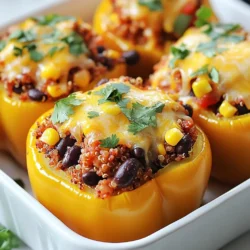 - 4 große Paprika (beliebige Farbe) - 1 Tasse Quinoa, gründlich gewaschen - 2 Tassen Gemüsebrühe Die Hauptzutaten für die Southwest Quinoa Stuffed Peppers sind einfach und gesund. Die Paprika bieten eine knackige Basis. Ich wähle gerne bunte Paprika für mehr Farbe und Spaß. Quinoa ist nahrhaft und voll von Protein. Gemüsebrühe gibt der Quinoa einen tollen Geschmack. - 1 Dose (15 oz) schwarze Bohnen, abgespült und abgetropft - 1 Tasse Mais (frisch, gefroren oder aus der Dose) - 1 kleine rote Zwiebel, gewürfelt - 1 Tasse gewürfelte Tomaten (aus der Dose oder frisch) Zusätzlich benötige ich schwarze Bohnen, um die Füllung zu bereichern. Sie bringen Ballaststoffe und Proteine mit. Mais fügt Süße hinzu und macht die Mischung lebendig. Die rote Zwiebel gibt einen schönen Geschmack. Die gewürfelten Tomaten sorgen für Frische und Saftigkeit. - 1 Esslöffel Olivenöl - 2 Teelöffel Kreuzkümmel - 1 Teelöffel geräuchertes Paprikapulver - Salz und Pfeffer nach Geschmack - 1 Tasse geriebener Cheddar-Käse (optional) - Frischer Koriander, gehackt (zum Garnieren) Für den Geschmack verwende ich Olivenöl, Kreuzkümmel und geräuchertes Paprikapulver. Diese Gewürze geben der Füllung eine würzige Note. Ich füge Salz und Pfeffer nach Geschmack hinzu. Käse ist optional, aber er macht alles cremiger. Frischer Koriander als Garnitur bringt ein frisches Aroma. {{ingredient_image_2}} Heize deinen Ofen auf 190°C (375°F) vor. Während der Ofen sich erwärmt, schneide die Oberseiten der Paprika ab. Entferne dann die Samen und das weiße Innere. Achte darauf, die Paprika nicht zu zerreißen. Bestreiche die Außenseiten leicht mit Olivenöl. Lege sie in eine Auflaufform, bereit für die Füllung. In einem mittelgroßen Topf kombiniere 1 Tasse gewaschene Quinoa mit 2 Tassen Gemüsebrühe. Bringe die Mischung zum Kochen. Reduziere anschließend die Hitze und decke den Topf ab. Lass die Quinoa 15 Minuten köcheln. Sie ist fertig, wenn sie aufgeflufft ist und die Flüssigkeit aufgenommen wurde. Erhitze in einer großen Pfanne 1 Esslöffel Olivenöl bei mittlerer Hitze. Füge die gewürfelte rote Zwiebel hinzu und brate sie, bis sie glasig ist. Das dauert etwa 5 Minuten. Danach rühre die schwarzen Bohnen, den Mais und die gewürfelten Tomaten hinein. Füge 2 Teelöffel Kreuzkümmel und 1 Teelöffel geräuchertes Paprikapulver hinzu. Mische alles gut und schmecke mit Salz und Pfeffer ab. Lass die Mischung weitere 5 Minuten kochen, bis sie warm ist. Fülle jede Paprika großzügig mit der Quinoa-Mischung. Wenn du möchtest, streue etwas geriebenen Cheddar-Käse obenauf. Decke die Auflaufform mit Aluminiumfolie ab und backe die Paprika 25 Minuten. Entferne dann die Folie und backe sie weitere 10-15 Minuten, bis sie zart sind und der Käse geschmolzen ist. Lass die gefüllten Paprika nach dem Backen ein paar Minuten abkühlen, bevor du sie servierst. Um die perfekte Quinoa zu kochen, solltest du sie gründlich waschen. Dies entfernt Bitterstoffe. Verwende zwei Tassen Gemüsebrühe für eine Tasse Quinoa. Koche die Mischung zum Kochen, dann decke den Topf ab. Lasse die Quinoa für 15 Minuten köcheln. Dadurch wird sie leicht und fluffig. Um Bitterkeit zu vermeiden, spüle die Quinoa immer gut ab. Du kannst auch etwas Zitronensaft hinzufügen, um den Geschmack zu verbessern. Dies hilft, die Quinoa noch schmackhafter zu machen. Du kannst die Füllung nach deinem Geschmack anpassen. Füge verschiedene Gemüsesorten wie Zucchini oder Spinat hinzu. Möchtest du mehr Protein? Dann probiere Kichererbsen oder Tofu. Das gibt deiner Füllung mehr Biss und Nährstoffe. Die Wahl des Käses kann auch variieren. Du kannst Cheddar, Feta oder sogar veganen Käse verwenden. Jeder Käse bringt einen anderen Geschmack und eine andere Textur mit. Experimentiere, um deine perfekte Mischung zu finden. Präsentiere die gefüllten Paprika auf einem bunten Teller. Garniere sie mit frischem Koriander für einen schönen Farbkontrast. Ein Limettenkeil neben den Paprika bringt Frische ins Spiel. Als Beilagen passen Reis oder ein einfacher grüner Salat gut. Das bringt Vielfalt auf den Teller und sorgt für ein ausgewogenes Essen. Pro Tipps Paprika auswählen: Wähle frische, feste Paprika ohne Flecken oder Druckstellen für die beste Textur und den besten Geschmack. Quinoa kochen: Spüle die Quinoa gründlich ab, um Bitterstoffe zu entfernen, und koche sie in Gemüsebrühe für zusätzlichen Geschmack. Variationen hinzufügen: Füge nach Belieben zusätzliches Gemüse wie Zucchini oder Spinat hinzu, um die Füllung noch nahrhafter zu machen. Resteverwertung: Die Füllung kann auch als Beilage oder in Wraps verwendet werden, um Reste kreativ zu verwerten. {{image_4}} Du kannst die Füllung deiner gefüllten Paprika ganz leicht anpassen. Eine tolle Möglichkeit ist, Hackfleisch oder Hühnchen hinzuzufügen. Diese Optionen geben mehr Geschmack und Protein. Wenn du vegetarisch oder vegan isst, gibt es auch viele gute Alternativen. Du kannst zum Beispiel pflanzlichen Käse verwenden. So bleibt das Gericht lecker und gesund. Die Gewürze machen den Unterschied. Du kannst andere Gewürze ausprobieren, um verschiedene Geschmäcker zu erzielen. Zum Beispiel kann Zimt oder Chili das Gericht aufpeppen. Wenn du regionale Geschmäcker magst, denke an mexikanische Gewürze. Kreuzkümmel, Koriander und Chili passen perfekt zu dieser Füllung. Sie bringen die Aromen zum Strahlen. Eine gute Nachricht: Quinoa ist von Natur aus glutenfrei. Das macht dieses Gericht zu einer tollen Wahl für alle, die glutenfrei essen müssen. Du kannst auch glutenfreie Brühe verwenden, wenn du die Quinoa kochst. So bleiben die gefüllten Paprika für jeden Genuss geeignet. Um die gefüllten Paprika frisch zu halten, lege sie in einen luftdichten Behälter. So bleiben sie saftig und lecker. Du kannst sie auch in Frischhaltefolie einwickeln. Die Haltbarkeit im Kühlschrank beträgt etwa 3 bis 5 Tage. Achte darauf, sie nicht zu lange zu lagern, damit der Geschmack nicht leidet. Um die gefüllten Paprika einzufrieren, lass sie zuerst vollständig abkühlen. Lege sie dann in einen gefrierfesten Behälter oder in Gefrierbeutel. So bleiben sie bis zu 3 Monate haltbar. Wenn du sie auftauen möchtest, lege sie einfach über Nacht in den Kühlschrank. Zum Erwärmen kannst du sie direkt aus dem Gefrierfach in den Ofen legen. Backe sie bei 190°C (375°F) für etwa 30-40 Minuten. Kontrolliere die Temperatur, damit sie gleichmäßig warm werden. Die gefüllten Paprika bleiben im Kühlschrank etwa 3 bis 5 Tage frisch. Achte darauf, sie in einem luftdichten Behälter zu lagern. So bleibt der Geschmack erhalten. Wenn du sie länger aufbewahren möchtest, kannst du sie einfrieren. Im Gefrierfach halten sie bis zu 3 Monate. Um sie aufzutauen, lasse sie über Nacht im Kühlschrank stehen. So bleiben sie schön saftig. Ja, du kannst die Quinoa im Voraus kochen. Koche einfach die gewünschte Menge und lasse sie abkühlen. Bewahre die gekochte Quinoa in einem luftdichten Behälter im Kühlschrank auf. Sie bleibt dort etwa 5 bis 7 Tage frisch. So sparst du Zeit, wenn du die gefüllten Paprika zubereitest. Du kannst die Quinoa auch portionsweise einfrieren, wenn du mehr auf einmal kochst. Zu den Southwest Quinoa Stuffed Peppers passen viele leckere Beilagen. Hier sind einige Vorschläge: - Ein frischer grüner Salat mit Limetten-Dressing. - Guacamole oder Avocado-Scheiben für extra Cremigkeit. - Ein einfaches Joghurtdip mit Knoblauch und Kräutern. - Reis oder Tortilla-Chips für etwas Crunch. - Gegrilltes Gemüse, das die Aromen ergänzt. Diese Beilagen machen dein Essen noch bunter und schmackhafter! In diesem Artikel haben wir die besten Zutaten für gefüllte Paprika und die Schritte zur Zubereitung besprochen. Wir haben über Gewürze, Lagerung und Tipps zur Variationsvielfalt gesprochen. Damit kannst du deine gefüllten Paprika ganz nach deinem Geschmack anpassen. Egal, ob du sie vegetarisch oder mit Fleisch zubereitest, die Möglichkeiten sind unbegrenzt. Nutze die Tipps, um dieses Gericht zu perfektionieren und deinen Freunden leckere Mahlzeiten zu bieten. Ein einfaches Rezept kann viel Freude bringen.