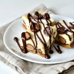 Um diese leckeren Erdnussbutter-Tassen-Käsekuchen-Riegel zuzubereiten, benötigen Sie folgende Zutaten: - 1 1/2 Tassen Graham-Cracker-Brösel - 1/3 Tasse Kristallzucker - 1/2 Tasse ungesalzene Butter, geschmolzen - 16 oz Frischkäse, weich und zimmerwarm - 1 Tasse cremige Erdnussbutter - 3/4 Tasse Puderzucker - 2 große Eier - 1 Teelöffel Vanilleextrakt - 1 Tasse kleine Schokoladen-Erdnussbutter-Tassen, grob gehackt - 1/2 Tasse halb Süßschokolade-Stücke Jede Zutat hat ihren eigenen Beitrag. Die Graham-Cracker-Brösel bilden einen knusprigen Boden. Die ungesalzene Butter sorgt für zusätzliche Feuchtigkeit. Frischkäse gibt der Füllung eine cremige Textur. Erdnussbutter bringt den kräftigen Geschmack. Puderzucker und Kristallzucker fügen Süße hinzu. Eier helfen, die Mischung zu binden. Vanilleextrakt rundet das Aroma ab. Die gehackten Erdnussbutter-Tassen und Schokoladenstückchen machen jeden Bissen zu einem Genuss. Mit diesen Zutaten ist der Grundstein für einen köstlichen Käsekuchen gelegt. Bereiten Sie sich darauf vor, Ihre Gäste zu beeindrucken! {{ingredient_image_2}} Heize deinen Ofen auf 160°C vor. Das ist wichtig für das Backen. Fette eine 9x9 Zoll große Backform ein. Lege die Form mit Backpapier aus. Lass das Papier über den Rand hängen. So kannst du die Riegel später leicht herausnehmen. In einer Schüssel mische die Graham-Cracker-Brösel, den Kristallzucker und die geschmolzene Butter. Rühre gut um, bis alles gleichmäßig vermischt ist. Drücke diese Mischung gleichmäßig in den Boden der Form. Das wird dein fester Boden. Nimm eine große Rührschüssel. Schlage den weichen Frischkäse und die Erdnussbutter mit einem Handmixer cremig. Es sollte glatt und luftig sein. Dann füge nach und nach den Puderzucker hinzu. Rühre weiter, bis alles gut vermischt ist. Jetzt kommen die Eier. Gib sie einzeln hinzu und rühre jeweils gut um. Am Ende füge den Vanilleextrakt hinzu. Mische gut, bis alles gleichmäßig aussieht. Jetzt hebe die gehackten Erdnussbutter-Tassen vorsichtig unter. Gieße die Käsekuchenfüllung auf den abgekühlten Boden. Verwende einen Spatel, um die Oberfläche glatt zu streichen. Backe die Mischung für 25 bis 30 Minuten. Die Ränder sollten leicht goldbraun sein. Die Mitte kann noch etwas wackeln. Nehme die Form aus dem Ofen. Lass die Käsekuchenriegel bei Zimmertemperatur abkühlen. Nach einer Stunde stellst du sie in den Kühlschrank. Lass sie dort für mindestens drei Stunden fest werden. Um die Füllung cremig zu machen, benutze weichen Frischkäse. Das macht das Mischen einfacher. Du solltest auch die Erdnussbutter gut einrühren. So wird sie schön glatt. Die Zimmertemperatur der Zutaten ist wichtig. Lass den Frischkäse und die Eier vorher draußen. Das hilft, die Füllung gleichmäßig zu machen. Wenn die Zutaten kalt sind, kann die Mischung klumpig werden. Wenn die Oberseite rissig ist, kann das an zu heißem Backen liegen. Backe die Riegel bei 160°C. Überwache die Backzeit gut. Wenn du sie zu lange im Ofen lässt, werden sie trocken. Für gleichmäßiges Backen ist es wichtig, die Füllung gleichmäßig zu verteilen. Verwende einen Spatel, um die Oberfläche glatt zu machen. So backt alles gleichmäßig. Die Präsentation macht viel aus. Du kannst die Riegel auf einer schönen Platte anrichten. Garniere sie mit zusätzlichen gehackten Erdnussbutter-Tassen. Ein Hauch Puderzucker gibt dem Ganzen einen eleganten Touch. Wenn du magst, kannst du die Riegel mit geschmolzener Schokolade beträufeln. Es sieht toll aus und schmeckt fantastisch. Achte darauf, sie in gleich große Stücke zu schneiden. So sehen sie schön aus und lassen sich gut servieren. Pro Tipps Die richtige Temperatur des Frischkäses: Stellen Sie sicher, dass der Frischkäse zimmerwarm ist, um eine glatte und klumpenfreie Käsekuchenfüllung zu erzielen. Die perfekte Konsistenz: Übermixen Sie die Käsekuchenfüllung nicht, um eine zu luftige Textur zu vermeiden, die beim Backen Risse verursachen kann. Abkühlzeit beachten: Das vollständige Abkühlen im Kühlschrank ist entscheidend, um die Riegel fest und schnittfest zu machen. Schokoladenüberzug richtig schmelzen: Schmelzen Sie die Schokolade langsam in der Mikrowelle oder im Wasserbad, um ein Anbrennen zu verhindern und eine geschmeidige Textur zu gewährleisten. {{image_4}} Du kannst die Aromen deiner Erdnussbutter-Tassen-Käsekuchen-Riegel ganz einfach ändern. Probiere eine andere Nussbutter aus. Mandelbutter bringt einen neuen Twist. Auch Cashewbutter ist eine leckere Wahl. Zudem kannst du verschiedene Schokoladensorten hinzufügen. Dunkle Schokolade gibt einen intensiven Geschmack. Weiße Schokolade fügt eine süße Note hinzu. Experimentiere mit Mischungen, um deine perfekte Kombination zu finden. Wenn du glutenfrei essen möchtest, gibt es einfache Lösungen. Nutze glutenfreie Graham-Cracker für den Boden. Diese sind heutzutage leicht zu finden. Außerdem kannst du darauf achten, glutenfreie Zutaten zu wählen. Achte bei der Erdnussbutter und der Schokolade auf die Etiketten. So stellst du sicher, dass alles glutenfrei ist. Für eine vegane Version kannst du tolle Alternativen verwenden. Ersetze den Frischkäse durch veganen Frischkäse. Dieser hat einen ähnlichen Geschmack und eine ähnliche Textur. Verwende pflanzliche Eierersatzstoffe wie Leinsamen oder Apfelmus. Diese binden die Mischung gut. Achte darauf, dass die Schokolade vegan ist, um die ganze Mischung pflanzlich zu halten. - Im Kühlschrank lagern: Die Peanut Butter Cup Cheesecake Bars bleiben frisch, wenn du sie im Kühlschrank aufbewahrst. Lege sie in einen luftdichten Behälter. So vermeidest du, dass sie austrocknen oder Gerüche annehmen. - Tiefkühloptionen für längere Haltbarkeit: Du kannst die Riegel auch einfrieren. Schneide sie in Portionen und wickle jede in Frischhaltefolie. Lege sie dann in einen Gefrierbeutel. So bleiben sie bis zu drei Monate frisch. - Zeitrahmen für den Verzehr: Im Kühlschrank sind die Riegel etwa eine Woche haltbar. Nach dem Einfrieren kannst du sie bis zu drei Monate genießen. - Anzeichen für Verderb: Achte auf Veränderungen im Geruch oder in der Textur. Wenn die Riegel trocken oder brüchig sind, sind sie möglicherweise nicht mehr gut. Auch ein unangenehmer Geruch ist ein Zeichen, dass du sie nicht mehr essen solltest. Die Käsekuchenriegel halten im Kühlschrank etwa fünf bis sieben Tage. Achte darauf, sie in einem luftdichten Behälter zu lagern. So bleiben sie frisch und lecker. Wenn du sie länger aufbewahren möchtest, friere sie ein. Im Gefrierfach halten sie bis zu drei Monate. Vergiss nicht, die Riegel gut zu verpacken, damit sie nicht austrocknen. Ja, du kannst die Menge der Zutaten anpassen. Wenn du mehr oder weniger Riegel machen möchtest, ändere einfach die Zutaten entsprechend. Zum Beispiel, wenn du die Portion halbierst, verwende die Hälfte jeder Zutat. Das ist einfach zu machen. Stelle sicher, dass du auch die Backzeit anpasst. Kleinere Portionen brauchen weniger Zeit, größere mehr. Wenn du keinen Backofen hast, gibt es Alternativen. Du kannst die Käsekuchenfüllung in einem Dampfgarer zubereiten. Verwende eine hitzebeständige Form und dämpfe sie, bis die Füllung fest wird. Eine andere Option ist die Nutzung einer Mikrowelle. Stelle die Riegel in eine mikrowellengeeignete Form und gare sie in kurzen Intervallen. Überprüfe regelmäßig die Konsistenz. In diesem Artikel habe ich die Zutaten, die Zubereitung und wertvolle Tipps für Käsekuchenriegel vorgestellt. Mit diesen einfachen Schritten und Tricks gelingt dir ein leckeres Dessert, das viele begeistert. Denk daran, die Konsistenz der Füllung zu beachten und mögliche Fehler zu vermeiden. Du kannst das Rezept auch anpassen, um verschiedene Geschmäcker oder diätetische Bedürfnisse zu berücksichtigen. Mit diesen Informationen bist du gut gerüstet, um deine eigenen Käsekuchenriegel zuzubereiten. Viel Spaß beim Backen!