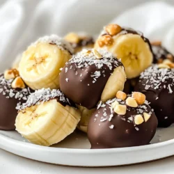 - 3 reife Bananen - 1 Tasse Zartbitterschokoladenstückchen - 2 Esslöffel Kokosöl Die Hauptzutaten sind einfach zu finden. Wähle reife Bananen, die süß und weich sind. Diese geben den besten Geschmack. Zartbitterschokolade ist ideal, da sie einen tollen Kontrast zur Süße der Banane bietet. Kokosöl hilft der Schokolade, schön zu schmelzen und macht sie glänzend. - Meersalz - Kokosraspeln - Zerdrückte Nüsse - Mini-Schokoladenstückchen Toppings machen die Bananenbissen besonders. Meersalz gibt einen tollen salzigen Kick. Kokosraspeln fügen eine tropische Note hinzu. Zerdrückte Nüsse bringen Crunch und Geschmack. Mini-Schokoladenstückchen sind süß und verleihen einen schönen Look. Du kannst auch mixen und anpassen, je nach deinem Geschmack. {{ingredient_image_2}} Schäle zuerst die Bananen. Schneide sie dann in etwa 2,5 cm dicke Scheiben. Diese Größe sorgt für den perfekten Biss. Lege die Bananenscheiben auf ein Backblech mit Backpapier. So kleben sie nicht fest. In einer mikrowellengeeigneten Schüssel kombinierst du die Zartbitterschokoladenstückchen mit dem Kokosöl. Stelle die Schüssel in die Mikrowelle. Erhitze die Mischung in 30-Sekunden-Intervallen. Rühre dazwischen um, bis die Schokolade glatt ist. Achte darauf, sie nicht zu überhitzen. Nimm eine Gabel oder ein Dip-Werkzeug. Tauche jede Bananenscheibe in die geschmolzene Schokolade. Stelle sicher, dass sie gut bedeckt ist. Lege die schokoladenüberzogenen Bananenstücke auf das Backblech. So bleibt die Form schön. Während die Schokolade noch warm ist, streue eine Prise Meersalz auf jede Bissen. Das Salz hebt den Geschmack der Schokolade hervor. Du kannst auch optionale Toppings hinzufügen. Streue Kokosraspeln, zerdrückte Nüsse oder Mini-Schokoladenstückchen auf die Hälfte der Bissen. Stelle das Backblech nun für etwa 30 Minuten ins Gefrierfach. So wird die Schokolade fest. Wie schmilzt man die Schokolade richtig? Das ist einfach! Nutze eine mikrowellengeeignete Schüssel. Mische die Zartbitterschokoladenstückchen mit Kokosöl. Erhitze die Mischung in 30-Sekunden-Intervallen. Rühre gut um. So bleibt die Schokolade glatt und cremig. Für verschiedene Geschmäcker kannst du auch andere Schokoladensorten verwenden. Vollmilchschokolade gibt es für Süßigkeitenliebhaber. Zartbitterschokolade ist für die, die es etwas weniger süß mögen. Vegane Schokolade ist auch eine tolle Option. Sie macht die Bananenbissen für alle zugänglich. Wähle reife Bananen für den besten Geschmack. Sie sollten gelb mit kleinen braunen Flecken sein. So sind sie süß und weich. Hartes Obst ist nicht ideal, da es schwer zu tauchen ist. Zum Anrichten platziere die schokoladenüberzogenen Bananen auf einem schönen Teller. Du kannst sie auch auf Holzspieße stecken. So sehen sie toll aus und sind leicht zu essen. Streue etwas Meersalz auf die Schokolade, um den Geschmack zu erhöhen. Es sorgt für einen tollen Kontrast. Pro Tipps Reife Bananen verwenden: Je reifer die Bananen, desto süßer und schmackhafter sind die Bissen. Wähle Bananen mit braunen Flecken für den besten Geschmack. Vorsicht beim Schmelzen: Achte darauf, die Schokolade in kurzen Intervallen zu schmelzen, um ein Verbrennen zu vermeiden. Rühre die Mischung regelmäßig um. Experimentiere mit Toppings: Füge verschiedene Toppings hinzu, um die Bananenbissen noch interessanter zu machen. Probiere zum Beispiel geröstete Mandeln oder bunte Streusel. Einfaches Portionieren: Verwende einen Eisportionierer, um gleichmäßige Bissen zu formen, wenn du die Bananen mit Schokolade überziehst. {{image_4}} Für die Schokoladenüberzogenen Bananenbissen können Sie verschiedene Schokoladenarten verwenden. Vollmilchschokolade hat einen süßen Geschmack und ist beliebt. Zartbitterschokolade ist eine tolle Wahl, wenn Sie es lieber etwas weniger süß mögen. Wenn Sie auf der Suche nach einer veganen Option sind, probieren Sie vegane Schokolade. Diese Schokolade enthält keine Milchprodukte und schmeckt trotzdem lecker. Toppings sind eine großartige Möglichkeit, Ihre Bananenbissen zu personalisieren. Streuen Sie Kokosraspeln über die Schokolade für einen tropischen Geschmack. Zerdrückte Nüsse verleihen einen knusprigen Biss und zusätzlichen Nährwert. Mini-Schokoladenstückchen sind ebenfalls eine süße Ergänzung. Sie können auch mit verschiedenen Kombinationen spielen. Kombinieren Sie Kokosraspeln und zerdrückte Mandeln für einen nussigen Geschmack. Oder mischen Sie Schokoladenstückchen mit Meersalz für einen süßen und salzigen Genuss. Lassen Sie Ihrer Kreativität freien Lauf! Um schokoladenüberzogene Bananenbissen richtig zu lagern, benutze einen luftdichten Behälter. Ein einfacher Gefrierbeutel funktioniert auch gut. Stelle sicher, dass die Bissen nicht aneinanderkleben. So bleiben sie frisch und lecker. Die maximale Haltbarkeit im Gefrierfach beträgt etwa zwei Monate. Nach dieser Zeit können sie ihre Konsistenz verlieren. Du kannst sie aber auch nach Bedarf portionieren. So hast du immer einen Snack bereit, wann immer du Lust hast. Falls du einige Bissen übrig hast, kannst du sie gut in anderen Rezepten verwenden. Zerhacke die schokoladenüberzogenen Bananenbissen und streue sie über dein Joghurt oder Müsli. Sie geben deinem Frühstück einen leckeren, süßen Kick. Du kannst sie auch in Smoothies mixen. Das macht deinen Drink cremig und schokoladig. Sei kreativ und genieße die restlichen Bissen auf neue Arten! Schokoladenüberzogene Bananenbissen können bis zu zwei Monate im Gefrierfach haltbar sein. Im Kühlschrank bleiben sie nur etwa eine Woche frisch. Lagere sie in einem luftdichten Behälter. So bleiben sie am besten geschützt und behalten ihren guten Geschmack. Ja, du kannst viele andere Früchte verwenden. Äpfel, Erdbeeren oder Ananas sind tolle Alternativen. Diese Früchte schmecken ebenfalls lecker mit Schokolade. Du kannst auch gefrorene Früchte nehmen, um eine kühle Überraschung zu bekommen. Ja, das Rezept kann vegan sein. Verwende einfach vegane Schokolade und achte darauf, dass das Kokosöl rein pflanzlich ist. So kannst du einen tollen Snack genießen, der für alle geeignet ist. Um die Schokolade schnell zu schmelzen, benutze die Mikrowelle. Stelle die Mikrowelle auf 30 Sekunden ein und rühre die Schokolade nach jedem Intervall um. So wird sie gleichmäßig flüssig. Achte darauf, die Schokolade nicht zu überhitzen, damit sie nicht verbrennt. Schokoladenüberzogene Bananen sind einfach, lecker und vielseitig. In diesem Rezept haben wir Schritt für Schritt erklärt, wie man sie zubereitet. Sie benötigen nur einige einfache Zutaten und können sie nach Belieben anpassen. Berücksichtigen Sie die Tipps für perfekte Schokolade und kreative Toppings. Lagern Sie die Snacks richtig, um ihre Frische zu behalten. Genießen Sie diese süße Leckerei und experimentieren Sie mit verschiedenen Früchten und Sorten!