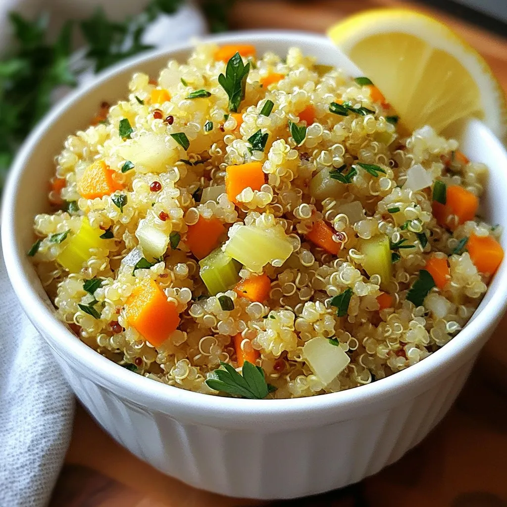 Für dieses Rezept brauchen Sie die folgenden Hauptzutaten: - 1 Tasse Quinoa, gewaschen - 2 Tassen Gemüsebrühe - 3 Knoblauchzehen, fein gehackt - 1 kleine Zwiebel, gewürfelt - 1 Karotte, gewürfelt - 1 Selleriestange, gewürfelt - 1 Esslöffel Olivenöl Diese Zutaten bilden die Basis für einen köstlichen Pilaw. Die Quinoa ist das Herzstück. Sie ist gesund und nahrhaft. Das Gemüse bringt Farbe und Textur in das Gericht. Um den Pilaw zu würzen, verwenden Sie: - 1 Teelöffel getrockneter Thymian - 1 Teelöffel getrockneter Rosmarin - 1 Teelöffel Petersilie - Salz und Pfeffer nach Geschmack Diese Gewürze verleihen dem Pilaw einen tollen Geschmack. Thymian und Rosmarin sind klassisch und aromatisch. Sie runden das Gericht perfekt ab. Für die Garnitur empfehle ich: - 1/4 Tasse frische, gehackte Petersilie Frische Petersilie bringt Farbe und Frische. Sie sorgt auch für einen schönen Kontrast. Sie können auch einen Zitronenschnitz hinzufügen. Der Zitronensaft gibt dem Pilaw eine spritzige Note. {{ingredient_image_2}} Um den Knoblauch-Kräuter-Quinoa-Pilaw zuzubereiten, beginne mit der Vorbereitung. Du brauchst frische und hochwertige Zutaten. Hier sind die Schritte: - Wasche 1 Tasse Quinoa gründlich. - Schneide 1 kleine Zwiebel in kleine Würfel. - Schneide 1 Karotte und 1 Selleriestange in kleine Würfel. - Hacke 3 Knoblauchzehen fein. - Mische die getrockneten Kräuter: 1 Teelöffel Thymian, 1 Teelöffel Rosmarin und 1 Teelöffel Petersilie. - Halte Salz und Pfeffer bereit nach Geschmack. Diese Vorbereitung macht das Kochen einfach und schnell. Jetzt, wo alles bereit ist, ist es Zeit zu kochen. Hier ist der Ablauf: 1. Erhitze 1 Esslöffel Olivenöl in einem mittleren Topf. 2. Füge die gewürfelte Zwiebel, Karotte und Sellerie hinzu. Brate sie für etwa 5 Minuten an, bis sie weich sind. 3. Rühre den gehackten Knoblauch ein. Lass ihn für 1-2 Minuten anbraten, bis er duftet. 4. Gib die gewaschene Quinoa in den Topf und röste sie 1-2 Minuten, während du rührst. 5. Gieße 2 Tassen Gemüsebrühe hinzu und bringe alles zum Kochen. 6. Reduziere die Hitze auf niedrig, decke den Topf ab und lass ihn 15 Minuten köcheln. Die Quinoa sollte die gesamte Brühe aufnehmen. 7. Nimm den Topf vom Herd und lass ihn abgedeckt für 5 Minuten ruhen. Dieser Prozess sorgt dafür, dass die Quinoa perfekt gart. Um die Quinoa fluffig zu machen, gibt es ein paar Tipps: - Verwende eine Gabel, um die Quinoa nach dem Kochen aufzulockern. - Füge die getrockneten Kräuter hinzu und rühre sie gut ein. - Schmecke mit Salz und Pfeffer ab, um den Geschmack zu verbessern. Diese Tipps helfen dir, den perfekten Quinoa-Pilaw zu machen. Du wirst den Unterschied schmecken! Ein häufiger Fehler beim Kochen von Quinoa ist, sie nicht gut zu waschen. Ungewaschene Quinoa hat einen bitteren Geschmack. Spülen Sie die Quinoa unter kaltem Wasser, um die Bitterstoffe zu entfernen. Außerdem ist es wichtig, die Brühe richtig zu messen. Zu wenig Flüssigkeit macht die Quinoa trocken. Achten Sie darauf, immer das richtige Verhältnis von Quinoa zu Brühe zu verwenden. Um die Aromen zu verstärken, rösten Sie die Quinoa vor dem Kochen. Dies gibt der Quinoa einen nussigen Geschmack. Fügen Sie auch frische Kräuter wie Basilikum oder Koriander hinzu. Diese Kräuter bringen frische Aromen und machen das Gericht lebendiger. Ein Spritzer Zitronensaft vor dem Servieren kann auch den Geschmack heben. Die Kochzeit kann je nach Quinoa-Sorte variieren. Einige Sorten benötigen länger, um zu kochen. Überprüfen Sie die Packungsanweisungen für spezifische Zeiten. Wenn Sie rote oder schwarze Quinoa verwenden, kann die Kochzeit um 5 Minuten länger sein. Achten Sie darauf, immer ein Auge darauf zu haben, damit die Quinoa perfekt wird. Pro Tipps Quinoa richtig waschen: Spülen Sie die Quinoa unter kaltem Wasser ab, um die Bitterstoffe zu entfernen und den Geschmack zu verbessern. Gemüsebrühe selbst herstellen: Verwenden Sie frische Zutaten für eine aromatische Brühe, die den Pilaw noch schmackhafter macht. Variationen hinzufügen: Experimentieren Sie mit verschiedenen Gemüsesorten oder Nüssen, um zusätzliche Textur und Geschmack zu erhalten. Für mehr Frische sorgen: Fügen Sie kurz vor dem Servieren einen Spritzer Zitronensaft hinzu, um die Aromen aufzufrischen. {{image_4}} Wenn du eine vegane Version des Knoblauch-Kräuter-Quinoa-Pilaws möchtest, ist es einfach. Die Hauptzutaten sind bereits vegan. Du kannst die Gemüsebrühe verwenden, um den Pilaw noch schmackhafter zu machen. Vermeide tierische Produkte, und du hast eine leckere, pflanzliche Mahlzeit. Um den Geschmack zu verbessern, kannst du verschiedene Zutaten hinzufügen. Zum Beispiel: - Gehackte Oliven für eine salzige Note - Gewürfelte Paprika für mehr Süße - Frische Kräuter wie Basilikum oder Koriander für mehr Frische Diese Zusätze bringen Farbe und Geschmack in dein Gericht. Das Rezept ist bereits glutenfrei, da Quinoa kein Gluten enthält. Wenn du zusätzlich auf Gluten achten musst, achte darauf, dass deine Gemüsebrühe ebenfalls glutenfrei ist. So kannst du sicher sein, dass dein Gericht für alle geeignet ist. Um Knoblauch-Kräuter-Quinoa-Pilaw frisch zu halten, lagere ihn in einem luftdichten Behälter. Ein Glasbehälter ist ideal. Stelle sicher, dass der Pilaw abgekühlt ist, bevor du ihn einpackst. Lagere ihn an einem kühlen, trockenen Ort, fern von direkter Sonneneinstrahlung. So bleiben die Aromen und die Textur gut. Im Kühlschrank hält sich dein Quinoa-Pilaw bis zu fünf Tage. Achte darauf, den Behälter gut zu verschließen. Wenn du den Pilaw wieder aufwärmst, füge etwas Wasser oder Brühe hinzu. Das hilft, die Feuchtigkeit zurückzubringen und den Pilaw wieder lecker zu machen. Du kannst Quinoa-Pilaw auch einfrieren. Teile ihn in Portionen auf und lege ihn in gefriergeeignete Behälter oder Beutel. Im Gefrierschrank bleibt er bis zu drei Monate frisch. Zum Auftauen, lasse ihn über Nacht im Kühlschrank. Du kannst ihn auch direkt in der Mikrowelle aufwärmen. Achte darauf, dass du dabei etwas Flüssigkeit hinzufügst. Quinoa zu kochen dauert etwa 15 bis 20 Minuten. Zuerst braten Sie das Gemüse an. Das gibt dem Gericht mehr Geschmack. Dann fügen Sie die Quinoa und die Brühe hinzu. Wenn die Mischung kocht, reduzieren Sie die Hitze und decken den Topf ab. Lassen Sie es für 15 Minuten köcheln. Nach dem Kochen ruhen Sie die Quinoa für 5 Minuten. So wird sie locker und fluffig. Ja, Sie können das Rezept im Voraus zubereiten. Kochen Sie die Quinoa und lassen Sie sie abkühlen. Dann bewahren Sie sie in einem luftdichten Behälter auf. Im Kühlschrank hält sie sich etwa 3 bis 5 Tage. Wenn Sie sie servieren möchten, können Sie die Quinoa einfach aufwärmen. Fügen Sie etwas Wasser hinzu, um ein Ankleben zu verhindern. Quinoa-Pilaw passt gut zu vielen Beilagen. Hier sind einige Ideen: - Gegrilltes Gemüse - Hähnchenbrust oder Tofu - Ein frischer Salat - Eine cremige Joghurtsoße - Gebratenes oder gedünstetes Fischfilet Diese Beilagen bringen Abwechslung auf den Tisch und ergänzen den Pilaw perfekt. Dieser Artikel hat Ihnen gezeigt, wie Sie Knoblauch-Kräuter-Quinoa-Pilaw zubereiten können. Wir haben die Hauptzutaten, Gewürze und frische Garnituren besprochen. Dann haben wir eine Schritt-für-Schritt-Anleitung gegeben, um perfekt lockere Quinoa zu kochen. Ich habe Tipps geteilt, um häufige Fehler zu vermeiden und Aromen zu verstärken. Die Variationen bieten Ihnen viele Möglichkeiten, und ich habe auch Lagerinformationen bereitgestellt. Nutzen Sie diese einfachen Tipps, um Ihr Gericht zu verbessern und genießen Sie jede Bissen!