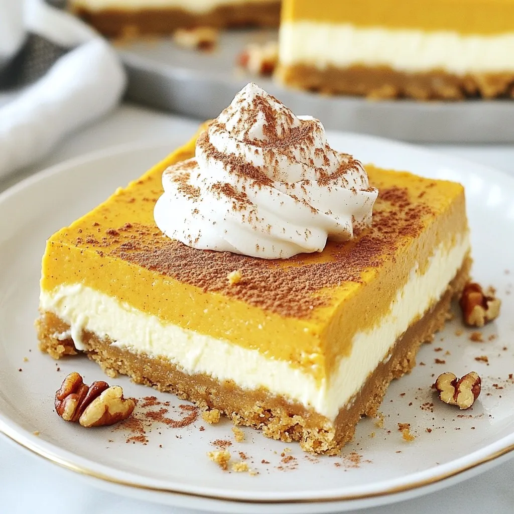 - 1 ½ Tassen Graham-Cracker-Brösel - 2 Tassen Frischkäse, weich - 1 Tasse Kürbispüree Diese Zutaten bilden die Basis für Ihre Kürbiskäse Riegel. Die Graham-Cracker-Brösel geben der Kruste den perfekten Crunch. Der Frischkäse sorgt für eine cremige Füllung. Das Kürbispüree bringt den herbstlichen Geschmack in jedes Stück. - ½ Tasse ungesalzene Butter, geschmolzen - ¾ Tasse Kristallzucker - 2 große Eier - 2 Esslöffel brauner Zucker - 1 Teelöffel Vanilleextrakt - 1 Teelöffel Kürbiskuchengewürz - ½ Teelöffel Zimt - Eine Prise Salz Diese Zutaten runden das Rezept ab. Die Butter bindet die Kruste, während der Zucker die Süße hinzufügt. Die Gewürze bringen den typischen Kürbiskuchengeschmack. - Portionen und Umrechnung: Das Rezept ergibt 12 Portionen. - Gewichtsangaben für genaue Messungen: Verwenden Sie eine Küchenwaage für exakte Ergebnisse. Genaues Messen ist wichtig, um die beste Textur und den besten Geschmack zu erzielen. So gelingen Ihre Kürbiskäse Riegel immer! {{ingredient_image_2}} Heize zuerst den Ofen auf 175°C vor. Das sorgt dafür, dass der Käsekuchen gleichmäßig backt. Nimm eine 23x23 cm Backform und lege sie mit Backpapier aus. Lass das Papier an den Seiten überstehen. So kannst du die Riegel leicht herausnehmen. In einer mittleren Schüssel vermische die Graham-Cracker-Brösel, die geschmolzene Butter und den braunen Zucker. Füge eine Prise Salz hinzu. Rühre alles gut um, bis die Mischung wie nasser Sand aussieht. Drücke die Brösel gleichmäßig in den Boden der Backform. Backe die Kruste für 10 Minuten und lass sie danach etwas abkühlen. In einer großen Schüssel schlage den Frischkäse mit einem elektrischen Mixer cremig. Kratze die Schüsselrand nach Bedarf ab, damit alles gut vermischt ist. Füge das Kürbispüree, den Kristallzucker, die Eier, den Vanilleextrakt, das Kürbiskuchengewürz, den Zimt und das Salz hinzu. Mische alles gut zusammen, bis die Füllung cremig ist. Gieße die Käsekuchenfüllung gleichmäßig über die abgekühlte Kruste. Backe die Mischung für 25-30 Minuten. Die Mitte sollte leicht wackeln, aber fest sein. Lass die Riegel nach dem Backen etwa 1 Stunde bei Raumtemperatur abkühlen. Kühl die Riegel dann mindestens 4 Stunden oder über Nacht im Kühlschrank. So schmecken sie am besten! Nach dem Kühlen nimm die Riegel mit dem Überhang des Backpapiers aus der Form und schneide sie in Quadrate. Um die beste Kruste zu machen, verteile die geschmolzene Butter gleichmäßig. So wird die Kruste knusprig und lecker. Mische die Graham-Cracker-Brösel, den Zucker und das Salz gut. Achte darauf, dass die Mischung die Konsistenz von nassem Sand hat. Drücke die Mischung dann gleichmäßig in die Backform. Die Backzeit ist wichtig. Backe die Kruste bei 175°C für 10 Minuten. Lass sie dann abkühlen, bevor du die Füllung hinzufügst. Für die Füllung ist es wichtig, die Mischung nicht zu übermischen. Schlage den Frischkäse zuerst glatt und cremig. Füge dann die anderen Zutaten hinzu. Mische alles nur bis es gut verbunden ist. So bleibt die Füllung leicht und luftig. Wenn du die Füllung zu lange rührst, wird sie zu fest. Die richtige Konsistenz ist cremig, aber nicht flüssig. Um die Riegel schön zu servieren, nutze Schlagsahne und Nüsse. Ein Klecks Schlagsahne auf jedem Riegel macht sie besonders. Du kannst auch Zimt drüber streuen. Pecannüsse oder Walnüsse geben einen tollen Crunch. Bei der Präsentation sind kleine Details wichtig. So werden deine Riegel zum Hingucker auf jedem Tisch. Pro Tipps Verwenden Sie frisches Kürbispüree: Für den besten Geschmack und die beste Konsistenz sollten Sie frisches Kürbispüree anstelle von Dosen verwenden, wenn möglich. Überbacken vermeiden: Achten Sie darauf, den Käsekuchen nicht zu überbacken. Die Mitte sollte noch leicht wackelig sein, da sie beim Abkühlen fester wird. Kruste perfekt machen: Drücken Sie die Graham-Cracker-Kruste fest in die Form, um sicherzustellen, dass sie beim Backen zusammenhält und stabil bleibt. Vorbereitung im Voraus: Bereiten Sie die Riegel einen Tag im Voraus vor und lassen Sie sie über Nacht im Kühlschrank ruhen, um den besten Geschmack und die beste Textur zu erzielen. {{image_4}} Um diese Kürbiskäse Riegel glutenfrei zu machen, tauschen Sie die Graham-Cracker aus. Verwenden Sie glutenfreie Keksbrösel oder Haferflocken. Diese Alternativen geben der Kruste den richtigen Biss. Hier sind ein paar Tipps für glutenfreies Backen: - Achten Sie darauf, dass alle Zutaten glutenfrei sind. - Fügen Sie etwas mehr Butter hinzu, um die Kruste zusammenzuhalten. - Lassen Sie die Kruste etwas länger abkühlen, um sicherzustellen, dass sie fest wird. Für eine vegane Version der Riegel nutzen Sie pflanzliche Produkte. Ersetzen Sie den Frischkäse durch veganen Frischkäse oder Cashewcreme. Verwenden Sie auch pflanzliche Milch anstelle von Eiern. So bereiten Sie die Riegel ohne Eier und Milch zu: - Mixen Sie 1/4 Tasse Apfelmus oder 1 Esslöffel Leinsamenmehl mit 3 Esslöffeln Wasser als Ei-Ersatz. - Verwenden Sie die gleiche Menge Kürbispüree. - Halten Sie den Rest der Zutaten vegan, um den vollen Geschmack zu erhalten. Sie können diese Riegel noch aufregender machen. Eine schokoladige Variante ist einfach. Fügen Sie 1/2 Tasse geschmolzene Schokolade zur Käsekuchenfüllung hinzu. Das gibt einen tollen Schokoladengeschmack. Zusätzlich können Sie Nüsse oder Früchte hinzufügen: - Walnüsse oder Pecannüsse geben einen schönen Crunch. - Sie können auch getrocknete Cranberries oder frische Äpfel hinzufügen. Diese sorgen für eine fruchtige Note und mehr Textur. Um die Kürbiskäse Riegel frisch zu halten, lagern Sie sie im Kühlschrank. Die optimale Temperatur liegt bei 4°C. Nutzen Sie einen luftdichten Behälter. Das schützt die Riegel vor Gerüchen und Feuchtigkeit. Alternativ können Sie auch Frischhaltefolie verwenden. Wickeln Sie die Riegel gut ein, um ihre Frische zu bewahren. Die Riegel bleiben im Kühlschrank etwa eine Woche haltbar. Um den Geschmack und die Frische zu erhalten, essen Sie die Riegel am besten innerhalb dieser Zeit. Sie können die Riegel auch einfrieren. Legen Sie sie in einen gefrierfesten Behälter oder wickeln Sie sie in Folie ein. So bleiben sie bis zu drei Monate frisch. Zum Auftauen legen Sie die Riegel einfach über Nacht in den Kühlschrank. So bleiben sie lecker und cremig. Die Riegel sollten mindestens vier Stunden im Kühlschrank kühlen. Ich empfehle, sie über Nacht zu lassen. So sind sie perfekt fest und lassen sich leicht schneiden. Kühle sie in einer abgedeckten Form, um den Geschmack zu bewahren. Ja, du kannst die Riegel einfrieren. Schneide sie in Stücke und lege sie in einen luftdichten Behälter. Vergiss nicht, sie mit Backpapier zu trennen, damit sie nicht zusammenkleben. Zum Auftauen, lasse sie einfach bei Raumtemperatur stehen. Du kannst sie auch im Kühlschrank auftauen. Wenn du keinen Frischkäse magst, probiere veganen Frischkäse oder Quark. Diese Alternativen haben ähnliche Texturen. Für eine leichtere Option, nutze griechischen Joghurt. Das gibt einen anderen Geschmack, ist aber lecker. Um glutenfreie Riegel zu machen, verwende glutenfreie Graham-Cracker. Diese sind in vielen Supermärkten erhältlich. Achte darauf, dass auch die anderen Zutaten glutenfrei sind, besonders die Backzutaten. So kannst du sicher sein, dass jeder die Riegel genießen kann. Zusammenfassend haben wir die wichtigsten Zutaten für den perfekten Kürbis-Käsekuchen besprochen. Die Schritt-für-Schritt-Anleitung führt dich durch jeden wichtigen Schritt. Verpasse nicht die Tipps für die perfekte Kruste und Füllung. Variationen bieten dir viele Möglichkeiten, von glutenfrei bis vegan. Denke auch an die Lagerung, um Frische zu erhalten. Mit diesen Informationen kannst du deinen Käsekuchen sicher zaubern und genießen. Viel Spaß beim Backen und Experimentieren!