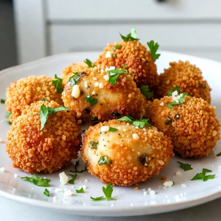- 450 g Hähnchenbrust, in mundgerechte Stücke geschnitten - 100 g Paniermehl (vorzugsweise Panko für extra Crunch) - 50 g geriebener Parmesan-Käse - 4 Knoblauchzehen, fein gehackt - 1 Teelöffel italienische Gewürzmischung - 1/2 Teelöffel schwarzer Pfeffer, gemahlen - Salz nach Geschmack Die Hauptzutaten machen dieses Gericht besonders. Hähnchenbrust sorgt für zartes Fleisch. Panko gibt den Bissen einen tollen Crunch. Parmesan und Knoblauch bringen den vollen Geschmack. Gewürze sorgen für eine gute Tiefe. Ich empfehle, frischen Knoblauch zu verwenden, um den besten Geschmack zu erzielen. - 120 g Weizenmehl - 2 große Eier, verquirlt - Olivenöl-Spray oder Pflanzenöl zum Frittieren - 1/4 Tasse frische Petersilie, gehackt (zum Garnieren) Zusätzliche Zutaten sind wichtig für die Textur und den Geschmack. Weizenmehl hilft der Panade, gut zu haften. Die Eier binden die Mischung. Öl sorgt dafür, dass die Hähnchenbissen knusprig werden. Petersilie bringt Farbe und eine frische Note. Mit diesen Zutaten bereitest du ein köstliches Gericht zu. Die Kombination aus Knoblauch, Parmesan und Hähnchen ist einfach unwiderstehlich. {{ingredient_image_2}} Heize zuerst den Ofen auf 200 °C vor. Wenn du die Hähnchenbissen frittieren möchtest, erhitze das Öl in einer Pfanne bei mittlerer Hitze. Bereite ein Backblech vor, indem du es mit Backpapier auslegst. So bleiben die Bissen nicht kleben, und die Reinigung wird leichter. Erstelle eine Mischung aus Weizenmehl in einer flachen Schüssel. Füge eine Prise Salz und Pfeffer hinzu. In einer zweiten Schüssel verquirle die Eier gründlich. In einer dritten Schüssel mische das Paniermehl, den Parmesan, den gehackten Knoblauch, die italienische Gewürzmischung, Salz und Pfeffer. Diese drei Stationen machen das Panieren einfach und schnell. Tauche jedes Hähnchenstück zuerst in das Weizenmehl. Klopfe überschüssiges Mehl ab. Dann tauche es in die verquirlten Eier. Zum Schluss drücke das Hähnchenstück in die Paniermischung, damit die Panade gut haftet. Wenn du backen möchtest, lege die Hähnchenbissen auf das Backblech und besprühe sie leicht mit Olivenöl. Backe sie 20 bis 25 Minuten lang, bis sie goldbraun sind. Wenn du frittierst, gib die Hähnchenbissen portionsweise ins heiße Öl. Frittiere sie für 5 bis 7 Minuten, bis sie goldbraun und knusprig sind. Lass sie auf Küchenpapier abtropfen, um überschüssiges Öl zu entfernen. Garnieren kannst du die fertigen Hähnchenbissen mit frisch gehackter Petersilie. Um die perfekte Panade zu erreichen, empfehle ich Panko. Panko hat eine lockere Struktur. Dadurch wird die Kruste extra knusprig. Wenn du das Paniermehl verwendest, drücke es gut an. So bleibt die Panade besser haften. Jedes Stück Hähnchen braucht eine gute Schicht. So wird der Geschmack intensiver und die Textur ist toll. Das Garzeichen für die Hähnchenbissen ist einfach. Sie müssen goldbraun und knusprig sein. Verwende ein Fleischthermometer, um die Innentemperatur zu prüfen. Sie sollte mindestens 75 °C betragen. Um eine gleichmäßige Bräunung zu erreichen, wende die Bissen. Wenn du backst, wende sie einmal in der Mitte. Das sorgt für eine schöne Farbe. Zu meinen Lieblingsdips gehört Marinara-Sauce. Sie passt perfekt zu diesen Hähnchenbissen. Du kannst auch Knoblauchbutter oder Aioli verwenden. Als Beilage sind frische Salate oder Gemüse ideal. Sie bringen etwas Frische und Farbe auf den Teller. Du kannst auch Brot dazu servieren. So wird das Essen noch besser. Pro Tipps Hähnchen marinieren: Lass das Hähnchen mindestens 30 Minuten in einer Marinade aus Olivenöl, Zitronensaft und Gewürzen ruhen, um den Geschmack zu intensivieren. Panade optimieren: Mische etwas geräuchertes Paprikapulver in die Paniermischung für einen zusätzlichen Geschmackskick und eine interessante Farbe. Frittieröl kontrollieren: Teste die Temperatur des Öls, indem du ein Stück Brot hineingibst. Wenn es sofort brutzelt, ist das Öl heiß genug für die Hähnchenbissen. Resteverwertung: Verwende übrig gebliebene Hähnchenbissen kalt in Salaten oder Wraps für ein schnelles und leckeres Mittagessen. {{image_4}} Du kannst den Geschmack deiner Knoblauch Parmesan Hähnchenbissen leicht ändern. Füge zum Beispiel zusätzliche Gewürze hinzu. Paprika oder Cayennepfeffer geben einen schönen Kick. Für Käseliebhaber ist Mozzarella eine großartige Wahl. Du kannst ihn zusammen mit Parmesan verwenden. Alternativ kannst du die Ei- oder Paniermethoden anpassen. Statt Eier zu verwenden, probiere Joghurt oder Buttermilch. Diese geben der Panade eine andere Textur. Für die Panade kannst du auch gemahlene Mandeln oder Haferflocken verwenden. Diese Optionen sind lecker und bringen Abwechslung in dein Gericht. Wenn du gesünder essen möchtest, backe die Hähnchenbissen statt sie zu frittieren. So sparst du Kalorien und Fett. Stelle den Ofen auf 200 °C ein und backe die Bissen auf einem Backblech. Sprühe etwas Olivenöl darauf, um sie knusprig zu machen. Eine weitere gesunde Option ist die Verwendung von magerem Hähnchen oder sogar Gemüse. Du kannst Zucchini oder Blumenkohl in Stücke schneiden und diese panieren. Sie nehmen die Aromen gut auf und sind eine tolle vegetarische Option. Die Knoblauch Parmesan Hähnchenbissen können auch internationale Einflüsse haben. Du kannst asiatische Aromen hinzufügen. Sojasauce oder Ingwer verleihen den Bissen einen neuen Geschmack. Mediterrane Varianten sind ebenfalls möglich. Nutze frischen Basilikum oder Oregano statt italienischer Gewürzmischung. Diese Kräuter bringen ein frisches Aroma und passen perfekt zu Käse. Experimentiere mit verschiedenen Soßen wie Tzatziki oder Hummus als Dip. Lagere die Knoblauch Parmesan Hähnchenbissen im Kühlschrank. Nutze einen luftdichten Behälter. So bleiben sie frisch. Du kannst sie bis zu drei Tage aufbewahren. Wenn du sie länger brauchst, friere sie ein. Lege die Bissen in einen Gefrierbeutel. Vergiss nicht, die Luft herauszudrücken. Im Gefrierschrank halten sie bis zu drei Monate. Um die Frische zu erhalten, lasse die Hähnchenbissen abkühlen, bevor du sie lagerst. Dies verhindert Kondensation. So bleibt die Panade knusprig und lecker. Wenn du die Hähnchenbissen wieder aufwärmen möchtest, gibt es verschiedene Methoden. Die Mikrowelle ist schnell, aber sie macht die Hähnchenbissen weich. Ich empfehle den Ofen. Heize ihn auf 180 °C vor. Lege die Bissen auf ein Backblech und backe sie 10 bis 15 Minuten. So bleiben sie knusprig und warm. Achte darauf, sie gleichmäßig zu erhitzen. Wende die Bissen nach der Hälfte der Zeit. So bekommst du die perfekte Konsistenz zurück. Um sicherzustellen, dass das Hähnchen durchgegart ist, nutze ein Fleischthermometer. Die Innentemperatur sollte mindestens 75 °C betragen. Stecke das Thermometer in die dickste Stelle des Hähnchens. Wenn du kein Thermometer hast, schneide das Hähnchen auf. Das Fleisch sollte nicht mehr rosa sein. Achte auch darauf, dass die Säfte klar sind. Wenn sie trüb sind, ist das Hähnchen noch nicht gar. Ja, du kannst die Hähnchenbissen im Voraus zubereiten. Bereite die Hähnchenstücke bis zum Panieren vor. Lege sie dann auf ein Blech und stelle sie in den Kühlschrank. Du kannst sie bis zu einem Tag vorher zubereiten. Wenn du sie später zubereiten möchtest, lass sie vorher etwas stehen. So garen sie gleichmäßiger. Zu Knoblauch Parmesan Hähnchenbissen passen viele Beilagen. Ein einfacher gemischter Salat ist frisch und leicht. Auch knusprige Pommes frites oder Kartoffelpüree sind lecker. Marinara-Sauce oder Knoblauchsauce passen gut als Dip. Für einen gesünderen Ansatz probiere Gemüse-Sticks. Sie bringen Farbe und Crunch auf den Tisch. In diesem Artikel haben wir die Hauptzutaten für knusprige Hähnchenbissen betrachtet. Wir haben auch eine Schritt-für-Schritt-Anleitung zum Panieren und Garen gegeben. Tipps für die perfekte Panade und gesunde Varianten wurden ebenfalls behandelt. Nutze diese einfachen Schritte, um köstliche Hähnchenbissen zu kreieren. Experimentiere mit Geschmack und Variationen. So wird es jedes Mal lecker!