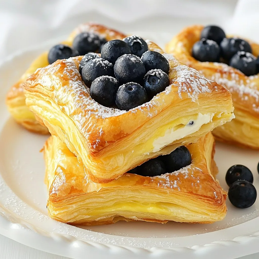 Um diese köstlichen Dänisch zu machen, benötigen Sie: - 1 Blatt Blätterteig (aufgetaut, wenn gefroren) - 225 g Frischkäse, weich - 30 g Puderzucker - 1 Teelöffel Vanilleextrakt - 250 g frische Blaubeeren - 1 Esslöffel Zitronensaft Diese Zutaten sind die Basis für den Geschmack und die Textur. Der Blätterteig gibt die knusprige Hülle. Der Frischkäse sorgt für die cremige Füllung. Die Blaubeeren fügen eine süße, fruchtige Note hinzu. Für die Eistreiche brauchen Sie: - 1 Ei - 1 Esslöffel Milch Diese Mischung hilft, die Ränder der Dänisch goldbraun und knusprig zu machen. Die Eistreiche gibt auch einen schönen Glanz. Verwenden Sie frische Blaubeeren. Sie sind süßer und saftiger. Achten Sie darauf, dass der Frischkäse weich ist. Das erleichtert das Mischen. Wenn Sie können, wählen Sie Bio-Zutaten. Sie sind oft geschmackvoller und gesünder. {{ingredient_image_2}} Zuerst heizen Sie den Ofen auf 200°C vor. Legen Sie ein Backblech mit Backpapier aus. Das Backpapier verhindert, dass die Dänisch ankleben. Danach nehmen Sie ein Blatt Blätterteig und lassen es auftauen, wenn es gefroren ist. Rollen Sie den Teig auf einer leicht bemehlten Fläche aus. Glätten Sie eventuelle Falten. Schneiden Sie den Teig in ein 3x3-Raster, sodass Sie neun Quadrate erhalten. Diese Formen werden die Grundlage für Ihre Dänisch. In einer Schüssel geben Sie 225 g weichen Frischkäse, 30 g Puderzucker und 1 Teelöffel Vanilleextrakt. Verrühren Sie alles gut, bis die Mischung schön glatt ist. Diese Mischung wird das cremige Herz der Dänisch. Sie können auch etwas mehr Puderzucker hinzufügen, wenn Sie es süßer mögen. Jetzt fügen wir die Füllung hinzu. Nehmen Sie jede Teigform und drücken Sie mit einem Finger eine kleine Vertiefung in die Mitte. Lassen Sie einen kleinen Rand um die Kanten. Geben Sie etwa einen Esslöffel der Frischkäsemischung in die Mitte jedes Quadrats. Belegen Sie das Ganze mit einem Esslöffel frischen Blaubeeren, die Sie zuvor mit 1 Esslöffel Zitronensaft vermischt haben. Für den letzten Schliff schlagen Sie ein Ei mit 1 Esslöffel Milch in einer kleinen Schüssel. Bestreichen Sie die Ränder jedes Teigquadrats mit dieser Eistreiche. Dies sorgt für eine goldene, knusprige Oberfläche. Backen Sie die Dänisch im vorgeheizten Ofen für 15 bis 20 Minuten. Sie sind fertig, wenn sie goldbraun und aufgebläht sind. Überwachen Sie die Dänisch während des Backens. Jeder Ofen ist anders, und die Backzeit kann variieren. Wenn sie goldbraun werden, nehmen Sie sie heraus. Lassen Sie die Dänisch einige Minuten abkühlen. Bestäuben Sie sie dann mit zusätzlichem Puderzucker. Servieren Sie die Dänisch warm oder bei Raumtemperatur. Genießen Sie die Kombination aus knusprigem Teig und cremiger Füllung! Um die besten Blaubeer-Cream Cheese-Danish zu backen, achte auf die Temperatur. Heize den Ofen immer gut vor. Der Teig braucht die Hitze, um schön aufzugehen. Verwende frischen Blätterteig für die besten Ergebnisse. Wenn der Teig gefroren ist, tau ihn gut auf. Achte darauf, die Frischkäsemischung glatt zu rühren. Klumpen können die Textur stören. Ein häufiger Fehler ist, den Teig zu dünn auszurollen. Der Teig sollte dick genug sein, um die Füllung zu halten. Achte darauf, die Ränder mit der Eistreiche zu bestreichen. So werden sie goldbraun und knusprig. Überfülle die Dänisch nicht mit der Frischkäsemischung oder Blaubeeren. Zu viel Füllung lässt den Teig durchweichen. Präsentiere die Dänisch auf einem hübschen Teller. Streue frische Blaubeeren darum, um Farbe und Frische zu zeigen. Ein Hauch von Puderzucker macht sie noch ansprechender. Serviere die Dänisch mit Schlagsahne oder einer kleinen Schale mit Vanillesauce. Das sorgt für einen tollen Kontrast und zusätzlichen Genuss. Pro Tipps Frischkäse temperieren: Lassen Sie den Frischkäse vor der Verwendung auf Raumtemperatur kommen, damit er sich leichter mit den anderen Zutaten vermengen lässt. Blaubeeren vorsichtig behandeln: Seien Sie vorsichtig beim Mischen der Blaubeeren mit dem Zitronensaft, um sie nicht zu zerdrücken und den Saft freizusetzen. Teig richtig ausrollen: Achten Sie darauf, den Blätterteig nicht zu dünn auszurollen, um sicherzustellen, dass die Dänisch beim Backen schön aufgeht und knusprig wird. Goldene Kruste: Für eine besonders goldene Farbe der Kruste können Sie die Eistreiche großzügig auftragen und darauf achten, dass die Ränder gut bestrichen sind. {{image_4}} Du kannst die Füllung für deine Blaubeer-Cream Cheese-Danish leicht ändern. Probier doch mal andere Beeren wie Himbeeren oder Erdbeeren. Diese Früchte bringen neuen Geschmack. Du kannst auch andere Käsesorten nutzen. Ricotta oder Mascarpone geben eine andere Note. Für einen besonderen Kick füge etwas Zimt oder Muskatnuss hinzu. Anstelle von Blätterteig kannst du auch Strudelteig verwenden. Strudelteig gibt der Dänisch eine andere Textur. Du kannst auch einen Mürbeteig für eine süßere Basis wählen. Jeder Teig bietet ein neues Erlebnis. Experimentiere mit Vollkornteig für mehr Nährstoffe. Die Dänisch lässt sich leicht an die Jahreszeiten anpassen. Im Frühling kannst du Erdbeeren und Rhabarber verwenden. Im Sommer sind Pfirsiche oder Aprikosen eine tolle Wahl. Im Herbst passen Äpfel mit Zimt. Im Winter sind Mandarinen oder Cranberries eine schöne Idee. So bleibt dein Rezept das ganze Jahr frisch und spannend. Um deine Blaubeer-Cream Cheese-Danish frisch zu halten, lasse sie zuerst abkühlen. Wenn sie kühl sind, kannst du sie in einen Behälter legen. Achte darauf, dass der Behälter dicht schließt. So bleiben sie weich und lecker. Lagere die Dänisch im Kühlschrank für bis zu drei Tage. Ich empfehle, die Dänisch in einem luftdichten Behälter aufzubewahren. Du kannst auch Frischhaltefolie verwenden. Wickel jede Dänisch einzeln ein, um die Frische zu speichern. Wenn du sie länger aufbewahren möchtest, friere sie ein. Lege sie in einen Gefrierbeutel und entferne die Luft. So bleiben sie bis zu drei Monate haltbar. Um die Dänisch wieder aufzuwärmen, heize den Ofen auf 180°C vor. Lege die Dänisch auf ein Backblech. Backe sie für etwa 10 Minuten. So werden sie wieder knusprig und warm. Du kannst sie auch in der Mikrowelle aufwärmen, aber dann werden sie nicht so knusprig. Erwärme sie für 20 Sekunden auf hoher Stufe. Die Blaubeer-Cream Cheese-Danish sind bis zu drei Tage haltbar. Bewahre sie in einem luftdichten Behälter auf. So bleiben sie frisch und lecker. Ja, du kannst das Rezept im Voraus zubereiten. Bereite die Füllung und den Teig vor. Lagere sie getrennt im Kühlschrank. Am Backtag kannst du sie schnell zusammenfügen und backen. Anstelle von Blaubeeren kannst du andere Beeren verwenden. Himbeeren, Erdbeeren oder sogar Kirschen passen gut. Achte darauf, die Frucht vorher gut abzutrocknen, damit der Teig nicht durchweicht. Wir haben die Hauptzutaten und die Schritt-für-Schritt-Anleitung für Blaubeer-Cream Cheese-Danish durchgenommen. Ich hoffe, die Tipps helfen dir, perfekte Dänisch zu backen. Denke daran, frische Zutaten machen einen großen Unterschied. Variationen halten das Rezept spannend und Lagerung ist wichtig für den Genuss. Du kannst die Fragen zum Rezept jetzt mühelos beantworten. Jetzt bist du bereit, deine eigenen köstlichen Dänisch zu kreieren!