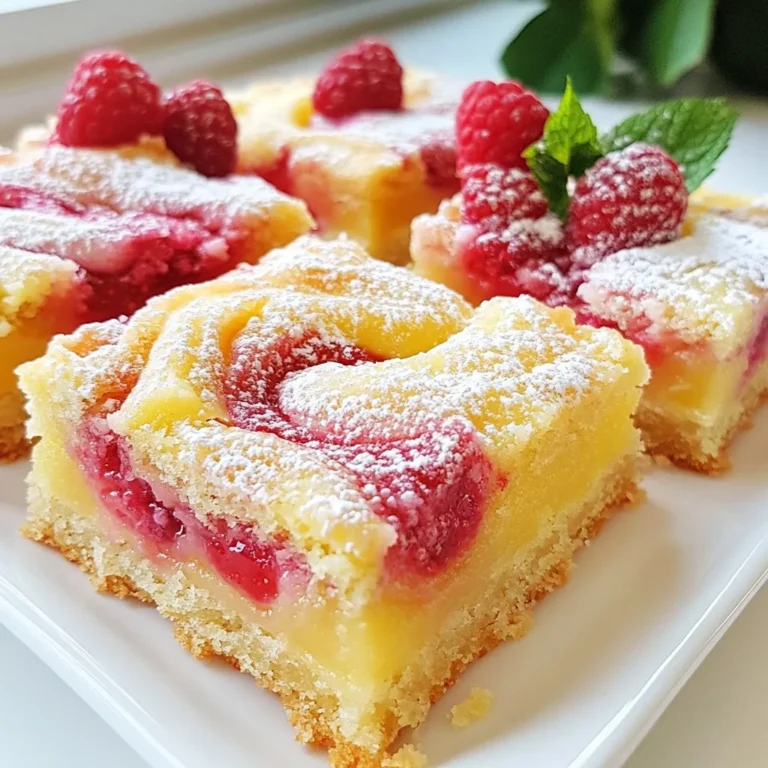 - 1 Tasse Weizenmehl - 1/4 Tasse Puderzucker - 1/2 Tasse ungesalzene Butter Hauptzutaten sind die Basis für unsere Himbeer-Zitronen Bars. Weizenmehl gibt der Kruste Struktur und Halt. Puderzucker fügt Süße und eine feine Textur hinzu. Ungesalzene Butter sorgt dafür, dass die Kruste zart und lecker wird. Diese Zutaten machen den Boden einfach unwiderstehlich. - 1 Tasse Kristallzucker - 2 große Eier - 2/3 Tasse frischer Zitronensaft Kristallzucker ist wichtig für die Füllung. Er sorgt für die perfekte Süße. Eier helfen, die Füllung zu binden und geben ihr eine schöne Konsistenz. Frischer Zitronensaft bringt einen starken, spritzigen Geschmack in die Bars. Er macht sie frisch und belebt den Gaumen. - 1/2 Tasse frische Himbeeren (zerdrückt) - 1 Esslöffel Maisstärke - Zusätzlicher Puderzucker zum Bestäuben Frische Himbeeren bringen Farbe und Fruchtigkeit in unser Dessert. Sie machen die Bars besonders lecker. Maisstärke hilft, die Himbeeren zu binden und gibt der Füllung Stabilität. Ein Hauch von zusätzlichem Puderzucker auf der Oberseite sorgt für eine schöne Präsentation. So sieht das Dessert noch appetitlicher aus! {{ingredient_image_2}} 1. Heize deinen Ofen auf 175°C vor. 2. Nimm eine 20x20 cm Backform. Fette sie ein oder lege sie mit Backpapier aus. 3. In einer Schüssel mische 1 Tasse Weizenmehl und 1/4 Tasse Puderzucker. 4. Füge 1/2 Tasse weiche Butter hinzu. 5. Schneide die Butter in die Mehlmischung, bis sie wie grobe Krümel aussieht. 6. Drücke die Mischung gleichmäßig in die Form, um eine feste Kruste zu formen. 7. Backe die Kruste für etwa 15 Minuten, bis sie leicht goldbraun ist. 8. Lass sie kurz abkühlen. 1. In einer großen Schüssel vermenge 1 Tasse Kristallzucker, 2 große Eier, 2/3 Tasse frischen Zitronensaft und den Esslöffel Zitronenschale. 2. Rühre, bis alles gut vermischt ist. 3. In einer separaten Schüssel bereite 1/2 Tasse frische Himbeeren vor. Zerdrücke sie leicht. 4. Mische die Himbeeren mit 1 Esslöffel Maisstärke. Rühre gut um, bis eine dicke Konsistenz entsteht. 1. Gieße die Zitronenfüllung gleichmäßig über die gebackene Kruste. 2. Tropfe großzügige Esslöffel der Himbeermischung darauf. 3. Verwende ein Messer oder einen Zahnstocher, um die Himbeermischung vorsichtig in die Füllung zu wirbeln. 4. Backe die Bars für 20 bis 25 Minuten, bis die Füllung fest ist. 5. Achte darauf, dass die Ränder leicht goldbraun werden. 6. Lass die Bars in der Form vollständig abkühlen. 7. Hebe sie mit dem Backpapier heraus und schneide sie in Quadrate. 8. Bestäube die Oberseite vor dem Servieren mit Puderzucker. - Auf die richtige Backzeit achten: Die Kruste sollte goldbraun sein. Backen Sie sie für etwa 15 Minuten. Zu langes Backen macht sie hart. - Verwendung von Backpapier: Legen Sie die Backform mit Backpapier aus. Dies hilft, die Bars leicht herauszunehmen. Lassen Sie etwas Papier überstehen, um das Herausheben zu erleichtern. - Auswahl der besten Früchte: Wählen Sie reife, saftige Himbeeren aus. Sie sollten süß und aromatisch sein. Frische Himbeeren sorgen für den besten Geschmack. - Alternativen zu frischen Himbeeren: Gefrorene Himbeeren sind eine gute Wahl. Sie sind oft gleichwertig in Geschmack. Lassen Sie sie vorher auftauen und abtropfen. - Anrichten und Dekorieren: Schneiden Sie die Bars in gleichmäßige Quadrate. Bestäuben Sie sie mit Puderzucker vor dem Servieren. Dies sieht schön aus und gibt einen süßen Touch. - Beste Kombinationen und Getränke: Servieren Sie die Bars mit einem Glas Limonade oder Eistee. Diese Getränke passen perfekt zu den fruchtigen Aromen der Bars. Pro Tipps Frische Himbeeren: Verwenden Sie frische Himbeeren für den besten Geschmack. Gefrorene Himbeeren können zu viel Flüssigkeit abgeben und die Konsistenz der Bars beeinträchtigen. Zitronensaft: Frisch gepresster Zitronensaft bringt den besten Geschmack. Vermeiden Sie Flaschenprodukte, da sie oft Konservierungsstoffe enthalten. Kruste richtig backen: Überwachen Sie die Kruste genau, während sie im Ofen ist. Sie sollte nur leicht goldbraun sein, um eine zarte Textur zu gewährleisten. Bestäuben vor dem Servieren: Bestäuben Sie die Bars mit Puderzucker kurz vor dem Servieren, um ein schönes Aussehen zu erzielen, da der Zucker sonst feucht werden kann. {{image_4}} Möchten Sie etwas Abwechslung in Ihre Himbeer-Zitronen Bars bringen? Probieren Sie andere Früchte! - Erdbeeren: Diese süßen Beeren passen gut zu Zitrone. Zerdrücken Sie sie einfach und verwenden Sie sie wie die Himbeeren. - Blaubeeren: Diese kleinen Früchte bringen eine schöne Farbe. Mischen Sie sie in die Füllung für einen fruchtigen Kick. Haben Sie eine Glutenunverträglichkeit? Kein Problem! - Verwendung von glutenfreiem Mehl: Ersetzen Sie das Weizenmehl durch eine glutenfreie Mischung. Achten Sie darauf, eine gute Qualität zu wählen. Das Ergebnis wird ebenso lecker sein! Möchten Sie die Bars pflanzlich gestalten? Hier sind einfache Anpassungen. - Alternative Zutaten für Eier und Butter: Ersetzen Sie die Eier durch Chia- oder Leinsamen. Mischen Sie einen Esslöffel mit drei Esslöffeln Wasser und lassen Sie es quellen. Verwenden Sie vegane Butter oder Kokosöl anstelle der normalen Butter. So gelingt das Rezept ohne tierische Produkte. Um die Himbeer-Zitronen Bars frisch zu halten, sollten Sie sie im Kühlschrank lagern. Legen Sie die Bars in einen luftdichten Behälter. Das schützt sie vor Feuchtigkeit und Gerüchen. Sie können sie auch mit Frischhaltefolie abdecken. So bleibt ihre Textur gut. Die Bars sind im Kühlschrank etwa fünf Tage frisch. Ein Zeichen für Verderb sind eine matschige Textur oder ein unangenehmer Geruch. Wenn die Farbe der Bars sich verändert, ist das auch ein Warnsignal. Achten Sie immer auf die Frische vor dem Essen. Um die Himbeer-Zitronen Bars einzufrieren, schneiden Sie sie zuerst in Stücke. Wickeln Sie jedes Stück in Frischhaltefolie. Legen Sie die eingewickelten Stücke in einen gefrierfesten Behälter. Sie können die Bars bis zu drei Monate einfrieren. Zum Auftauen legen Sie die Bars einfach in den Kühlschrank. Nach ein paar Stunden sind sie bereit zum Servieren. Die Gesamtzeit beträgt etwa 50 Minuten. Die Kruste braucht 15 Minuten im Ofen. Danach backen die Bars 20 bis 25 Minuten. Achten Sie darauf, dass die Füllung fest wird. Sie können die Bars nach dem Backen abkühlen lassen, bevor Sie sie schneiden. Ja, gefrorene Himbeeren sind eine gute Wahl. Lassen Sie sie zuerst auftauen und gut abtropfen. Dies hilft, überschüssige Feuchtigkeit zu vermeiden. Mischen Sie sie dann mit der Maisstärke wie im Rezept. Gefrorene Früchte können anders schmecken, aber sie sind praktisch und leicht zu finden. Es gibt viele Möglichkeiten, Ihre Himbeer-Zitronen Bars zu variieren. Fügen Sie frische Minze oder Basilikum für einen neuen Geschmack hinzu. Auch andere Früchte wie Erdbeeren oder Blaubeeren passen gut. Sie können auch etwas Kokosnuss oder Nüsse für mehr Textur einfügen. Experimentieren Sie und finden Sie Ihren Favoriten! Diese Himbeer-Zitronen Bars sind einfach zuzubereiten und gut im Geschmack. Ich habe die Haupt- und weiteren Zutaten aufgelistet, die du brauchst, wie Weizenmehl, Butter und frische Himbeeren. Du hast auch eine Schritt-für-Schritt-Anleitung, mit Tipps für die perfekte Kruste. Variationen mit anderen Früchten machen das Rezept flexibel. Denke daran, die Bars richtig zu lagern und einzufrieren, um ihre Frische zu bewahren. Jetzt bist du bereit, dieses Rezept auszuprobieren und deine eigenen Leckereien zuzubereiten!