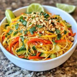 - 250 g Reisnudeln - 1 Tasse geraspelte Karotten - 1 Paprika (nach Wahl), dünn geschnitten - 1 Gurke, in Julienne geschnitten - 1 Frühlingszwiebel, in Ringe geschnitten - 125 g ungesalzene, geröstete Erdnüsse, grob gehackt - 1/4 Tasse frischer Koriander, gehackt Die Hauptzutaten für die würzigen Thai Erdnudeln sind einfach zu finden. Reisnudeln sind die Basis. Sie sind leicht und nehmen die Geschmäcker gut auf. Die geraspelten Karotten bringen Farbe und Crunch. Wählen Sie eine Paprika, die Ihnen gefällt. Sie fügt Süße und Frische hinzu. Die Gurke sorgt für Kühle, was perfekt zur Schärfe der Sauce passt. Frühlingszwiebeln geben einen milden Zwiebelgeschmack. Erdnüsse sind der Schlüssel zu diesem Gericht. Sie fügen eine knackige Textur und einen nussigen Geschmack hinzu. Der frische Koriander bringt ein tolles Aroma. Er rundet das Gericht ab und macht es frisch. - 1/4 Tasse cremige Erdnussbutter - 2 Esslöffel Sojasauce oder Tamari - 2 Esslöffel Limettensaft - 1 Esslöffel Sesamöl - 1 Esslöffel Sriracha (je nach Schärfewunsch anpassen) - Salz nach Geschmack Die Erdnusssoße ist das Herzstück des Gerichts. Sie ist cremig und voll von Geschmack. Die Erdnussbutter gibt die Basis. Sojasauce bringt Umami und Tiefe. Limettensaft fügt eine frische Säure hinzu, die die anderen Aromen ausgleicht. Sesamöl bringt ein nussiges Aroma, das perfekt passt. Sriracha sorgt für die gewünschte Schärfe. Passen Sie die Menge nach Ihrem Geschmack an. Schließlich rundet Salz das Ganze ab und verstärkt die Aromen. {{ingredient_image_2}} Um die Reisnudeln perfekt zu kochen, bringe einen großen Topf mit Wasser zum Kochen. Gib die Nudeln hinein und koche sie gemäß den Anweisungen auf der Verpackung. Normalerweise dauert es etwa 5-7 Minuten. Wenn sie gar sind, gieße die Nudeln ab. Spüle sie dann unter kaltem Wasser ab. So stoppst du den Kochprozess und vermeidest, dass sie kleben bleiben. Stelle die Nudeln beiseite. Für die Erdnusssoße nimm eine große Schüssel. Füge die cremige Erdnussbutter, Sojasauce, Limettensaft und Sesamöl hinzu. Rühre alles gut mit einem Schneebesen. Das sorgt für eine glatte Soße. Wenn du die Schärfe anpassen möchtest, füge Sriracha hinzu. Rühre weiter, bis alles gut vermischt ist. Taste die Soße und passe die Schärfe nach deinem Geschmack an. In einer großen Schüssel mische die geraspelten Karotten, die dünn geschnittene Paprika, die Gurke und die Frühlingszwiebel. Rühre alles gut um, damit die Farben schön zusammenkommen. Dann gib die abgekühlten Reisnudeln dazu. Gieße die Erdnusssoße über die Nudeln und das Gemüse. Mische alles vorsichtig, bis die Nudeln und das Gemüse gleichmäßig mit der Soße überzogen sind. Die richtige Garzeit der Nudeln ist wichtig. Überkochen macht sie matschig. Kochen Sie die Reisnudeln genau nach Anleitung. Prüfen Sie sie ein paar Minuten vor dem Ende. Sie sollten al dente sein. Nach dem Kochen spülen Sie die Nudeln mit kaltem Wasser ab. Das stoppt den Kochprozess. So bleiben sie schön fest. Bereiten Sie alle Zutaten vor. Das macht das Kochen einfacher. Schneiden Sie das Gemüse in gleich große Stücke. So garen sie gleichmäßig. Halten Sie eine große Schüssel bereit für die Mischung. Nutzen Sie eine Schüssel für die Sauce. Ein guter Schneebesen hilft beim Vermischen der Sauce. Sie können auch eine Gabel verwenden. Sie funktioniert auch gut. Pro Tipps Die Nudeln richtig kochen: Achten Sie darauf, die Reisnudeln nicht zu lange zu kochen, um eine matschige Konsistenz zu vermeiden. Sie sollten al dente sein, damit sie beim Mischen mit der Sauce nicht zerfallen. Variationen der Gemüse: Fühlen Sie sich frei, das Gemüse nach Ihrem Geschmack zu variieren. Brokkoli, Zucchini oder sogar Mangold sind tolle Ergänzungen und bringen zusätzliche Farben und Nährstoffe in das Gericht. Sauce anpassen: Die Erdnussbutter kann durch Tahini oder Mandelbutter ersetzt werden, um verschiedene Geschmäcker zu kreieren. Experimentieren Sie mit den Mengen der Zutaten, um die perfekte Konsistenz und den gewünschten Geschmack zu erreichen. Frische Kräuter verwenden: Frischer Koriander verleiht dem Gericht ein tolles Aroma. Sie können auch andere Kräuter wie Minze oder Thai-Basilikum ausprobieren, um eine interessante Geschmacksnote zu erzielen. {{image_4}} Wenn du eine vegetarische oder vegane Variante der würzigen Thai Erdnudeln möchtest, gibt es einfache Lösungen. Statt normaler Erdnussbutter kannst du auch eine vegane Erdnusscreme benutzen. Diese ist oft ohne tierische Produkte. Eine andere tolle Option ist, Tofu oder Tempeh hinzuzufügen. Tofu bringt eine schöne Textur und nimmt die Aromen gut auf. Tempeh hat einen nussigen Geschmack und ist sehr proteinreich. Brate den Tofu oder Tempeh vorher an, um mehr Geschmack zu bekommen. Du kannst die Gemüsesorten nach deinem Geschmack anpassen. Probiere Brokkoli, Zucchini oder sogar Spinat. Diese Gemüsesorten bringen Farbe und Nährstoffe in das Gericht. Wenn du glutenfrei kochen möchtest, ersetze die Sojasauce durch Tamari. Tamari hat einen ähnlichen Geschmack, ist jedoch glutenfrei. Du kannst auch Kokosaminos verwenden, die eine süßere Note haben. Indem du diese Anpassungen vornimmst, kannst du deine eigenen köstlichen Versionen der Spicy Thai Peanut Noodles kreieren. Um die Reste der würzigen Thai Erdnudeln aufzubewahren, stelle sie in einen luftdichten Behälter. Achte darauf, dass die Nudeln und die Sauce gut vermischt sind. So bleibt der Geschmack frisch. Im Kühlschrank sind die Nudeln bis zu drei Tage haltbar. Wenn du die Reste länger aufbewahren möchtest, lagere sie nicht länger als nötig im Kühlschrank, um die Qualität zu erhalten. Du kannst die Thai Erdnudeln auch einfrieren. Teile die Portionen in kleine Behälter auf. So kannst du nur das aufwärmen, was du brauchst. Die Nudeln halten sich im Gefrierschrank bis zu drei Monate. Zum Aufwärmen nimm die Nudeln aus dem Gefrierfach und lasse sie über Nacht im Kühlschrank auftauen. Erhitze sie dann in der Mikrowelle oder in einer Pfanne mit etwas Wasser. So bleiben sie lecker und saftig. Um die Nudeln schärfer zu machen, füge mehr Sriracha hinzu. Sriracha ist eine scharfe Sauce. Sie hat einen tollen Geschmack. Du kannst die Menge nach deinem Wunsch anpassen. Fang mit einem Esslöffel an. Rühre die Sauce gut um. Probiere es und füge mehr hinzu, wenn du mehr Schärfe willst. Ja, du kannst andere Nudeltypen verwenden. Udon-Nudeln sind eine gute Wahl. Sie sind dick und köstlich. Soba-Nudeln sind ebenfalls eine tolle Option. Sie sind aus Buchweizen und haben einen nussigen Geschmack. Reisnudeln sind leicht und schnell zu kochen. Wähle die Nudeln, die dir am besten gefallen. Zu Spicy Thai Erdnudeln passen viele Beilagen. Ein frischer Salat ist eine gute Wahl. Du kannst auch gebratene Tofustücke dazu servieren. Getränke wie kaltes Wasser oder Jasmintee passen gut. Sie erfrischen den Gaumen. Experimentiere mit verschiedenen Beilagen und finde deine Favoriten! Würzige Thai Erdnudeln bieten eine leckere Mischung aus Aromen und Texturen. Die Hauptzutaten, wie Reisnudeln und Gemüse, sorgen für einen frischen Geschmack. Die Erdnusssoße rundet alles ab und kann einfach gewürzt werden. Das Zusammenstellen ist einfach und macht Spaß. Es gibt viele Möglichkeiten, das Rezept anzupassen, je nach Vorliebe. Probieren Sie diese Erdnudeln aus und genießen Sie die Vielfalt! Kochen kann so kreativ und lecker sein.