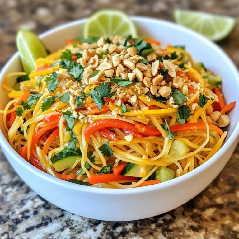 - 250 g Reisnudeln - 1 Tasse geraspelte Karotten - 1 Paprika (nach Wahl), dünn geschnitten - 1 Gurke, in Julienne geschnitten - 1 Frühlingszwiebel, in Ringe geschnitten - 125 g ungesalzene, geröstete Erdnüsse, grob gehackt - 1/4 Tasse frischer Koriander, gehackt Die Hauptzutaten für die würzigen Thai Erdnudeln sind einfach zu finden. Reisnudeln sind die Basis. Sie sind leicht und nehmen die Geschmäcker gut auf. Die geraspelten Karotten bringen Farbe und Crunch. Wählen Sie eine Paprika, die Ihnen gefällt. Sie fügt Süße und Frische hinzu. Die Gurke sorgt für Kühle, was perfekt zur Schärfe der Sauce passt. Frühlingszwiebeln geben einen milden Zwiebelgeschmack. Erdnüsse sind der Schlüssel zu diesem Gericht. Sie fügen eine knackige Textur und einen nussigen Geschmack hinzu. Der frische Koriander bringt ein tolles Aroma. Er rundet das Gericht ab und macht es frisch. - 1/4 Tasse cremige Erdnussbutter - 2 Esslöffel Sojasauce oder Tamari - 2 Esslöffel Limettensaft - 1 Esslöffel Sesamöl - 1 Esslöffel Sriracha (je nach Schärfewunsch anpassen) - Salz nach Geschmack Die Erdnusssoße ist das Herzstück des Gerichts. Sie ist cremig und voll von Geschmack. Die Erdnussbutter gibt die Basis. Sojasauce bringt Umami und Tiefe. Limettensaft fügt eine frische Säure hinzu, die die anderen Aromen ausgleicht. Sesamöl bringt ein nussiges Aroma, das perfekt passt. Sriracha sorgt für die gewünschte Schärfe. Passen Sie die Menge nach Ihrem Geschmack an. Schließlich rundet Salz das Ganze ab und verstärkt die Aromen. {{ingredient_image_2}} Um die Reisnudeln perfekt zu kochen, bringe einen großen Topf mit Wasser zum Kochen. Gib die Nudeln hinein und koche sie gemäß den Anweisungen auf der Verpackung. Normalerweise dauert es etwa 5-7 Minuten. Wenn sie gar sind, gieße die Nudeln ab. Spüle sie dann unter kaltem Wasser ab. So stoppst du den Kochprozess und vermeidest, dass sie kleben bleiben. Stelle die Nudeln beiseite. Für die Erdnusssoße nimm eine große Schüssel. Füge die cremige Erdnussbutter, Sojasauce, Limettensaft und Sesamöl hinzu. Rühre alles gut mit einem Schneebesen. Das sorgt für eine glatte Soße. Wenn du die Schärfe anpassen möchtest, füge Sriracha hinzu. Rühre weiter, bis alles gut vermischt ist. Taste die Soße und passe die Schärfe nach deinem Geschmack an. In einer großen Schüssel mische die geraspelten Karotten, die dünn geschnittene Paprika, die Gurke und die Frühlingszwiebel. Rühre alles gut um, damit die Farben schön zusammenkommen. Dann gib die abgekühlten Reisnudeln dazu. Gieße die Erdnusssoße über die Nudeln und das Gemüse. Mische alles vorsichtig, bis die Nudeln und das Gemüse gleichmäßig mit der Soße überzogen sind. Die richtige Garzeit der Nudeln ist wichtig. Überkochen macht sie matschig. Kochen Sie die Reisnudeln genau nach Anleitung. Prüfen Sie sie ein paar Minuten vor dem Ende. Sie sollten al dente sein. Nach dem Kochen spülen Sie die Nudeln mit kaltem Wasser ab. Das stoppt den Kochprozess. So bleiben sie schön fest. Bereiten Sie alle Zutaten vor. Das macht das Kochen einfacher. Schneiden Sie das Gemüse in gleich große Stücke. So garen sie gleichmäßig. Halten Sie eine große Schüssel bereit für die Mischung. Nutzen Sie eine Schüssel für die Sauce. Ein guter Schneebesen hilft beim Vermischen der Sauce. Sie können auch eine Gabel verwenden. Sie funktioniert auch gut. Pro Tipps Die Nudeln richtig kochen: Achten Sie darauf, die Reisnudeln nicht zu lange zu kochen, um eine matschige Konsistenz zu vermeiden. Sie sollten al dente sein, damit sie beim Mischen mit der Sauce nicht zerfallen. Variationen der Gemüse: Fühlen Sie sich frei, das Gemüse nach Ihrem Geschmack zu variieren. Brokkoli, Zucchini oder sogar Mangold sind tolle Ergänzungen und bringen zusätzliche Farben und Nährstoffe in das Gericht. Sauce anpassen: Die Erdnussbutter kann durch Tahini oder Mandelbutter ersetzt werden, um verschiedene Geschmäcker zu kreieren. Experimentieren Sie mit den Mengen der Zutaten, um die perfekte Konsistenz und den gewünschten Geschmack zu erreichen. Frische Kräuter verwenden: Frischer Koriander verleiht dem Gericht ein tolles Aroma. Sie können auch andere Kräuter wie Minze oder Thai-Basilikum ausprobieren, um eine interessante Geschmacksnote zu erzielen. {{image_4}} Wenn du eine vegetarische oder vegane Variante der würzigen Thai Erdnudeln möchtest, gibt es einfache Lösungen. Statt normaler Erdnussbutter kannst du auch eine vegane Erdnusscreme benutzen. Diese ist oft ohne tierische Produkte. Eine andere tolle Option ist, Tofu oder Tempeh hinzuzufügen. Tofu bringt eine schöne Textur und nimmt die Aromen gut auf. Tempeh hat einen nussigen Geschmack und ist sehr proteinreich. Brate den Tofu oder Tempeh vorher an, um mehr Geschmack zu bekommen. Du kannst die Gemüsesorten nach deinem Geschmack anpassen. Probiere Brokkoli, Zucchini oder sogar Spinat. Diese Gemüsesorten bringen Farbe und Nährstoffe in das Gericht. Wenn du glutenfrei kochen möchtest, ersetze die Sojasauce durch Tamari. Tamari hat einen ähnlichen Geschmack, ist jedoch glutenfrei. Du kannst auch Kokosaminos verwenden, die eine süßere Note haben. Indem du diese Anpassungen vornimmst, kannst du deine eigenen köstlichen Versionen der Spicy Thai Peanut Noodles kreieren. Um die Reste der würzigen Thai Erdnudeln aufzubewahren, stelle sie in einen luftdichten Behälter. Achte darauf, dass die Nudeln und die Sauce gut vermischt sind. So bleibt der Geschmack frisch. Im Kühlschrank sind die Nudeln bis zu drei Tage haltbar. Wenn du die Reste länger aufbewahren möchtest, lagere sie nicht länger als nötig im Kühlschrank, um die Qualität zu erhalten. Du kannst die Thai Erdnudeln auch einfrieren. Teile die Portionen in kleine Behälter auf. So kannst du nur das aufwärmen, was du brauchst. Die Nudeln halten sich im Gefrierschrank bis zu drei Monate. Zum Aufwärmen nimm die Nudeln aus dem Gefrierfach und lasse sie über Nacht im Kühlschrank auftauen. Erhitze sie dann in der Mikrowelle oder in einer Pfanne mit etwas Wasser. So bleiben sie lecker und saftig. Um die Nudeln schärfer zu machen, füge mehr Sriracha hinzu. Sriracha ist eine scharfe Sauce. Sie hat einen tollen Geschmack. Du kannst die Menge nach deinem Wunsch anpassen. Fang mit einem Esslöffel an. Rühre die Sauce gut um. Probiere es und füge mehr hinzu, wenn du mehr Schärfe willst. Ja, du kannst andere Nudeltypen verwenden. Udon-Nudeln sind eine gute Wahl. Sie sind dick und köstlich. Soba-Nudeln sind ebenfalls eine tolle Option. Sie sind aus Buchweizen und haben einen nussigen Geschmack. Reisnudeln sind leicht und schnell zu kochen. Wähle die Nudeln, die dir am besten gefallen. Zu Spicy Thai Erdnudeln passen viele Beilagen. Ein frischer Salat ist eine gute Wahl. Du kannst auch gebratene Tofustücke dazu servieren. Getränke wie kaltes Wasser oder Jasmintee passen gut. Sie erfrischen den Gaumen. Experimentiere mit verschiedenen Beilagen und finde deine Favoriten! Würzige Thai Erdnudeln bieten eine leckere Mischung aus Aromen und Texturen. Die Hauptzutaten, wie Reisnudeln und Gemüse, sorgen für einen frischen Geschmack. Die Erdnusssoße rundet alles ab und kann einfach gewürzt werden. Das Zusammenstellen ist einfach und macht Spaß. Es gibt viele Möglichkeiten, das Rezept anzupassen, je nach Vorliebe. Probieren Sie diese Erdnudeln aus und genießen Sie die Vielfalt! Kochen kann so kreativ und lecker sein.