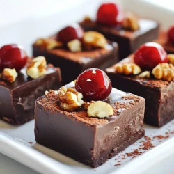 Für dein Schokoladen-Kirsch-Fudge brauchst du folgende Hauptzutaten: - 2 Tassen Zartbitter-Schokoladenstückchen - 1 Dose (14 Unzen) gezuckerte Kondensmilch - 1 Teelöffel Vanilleextrakt - 1 Tasse frische oder tiefgefrorene Kirschen, entsteint und grob gehackt - Eine Prise Salz Diese Zutaten bilden die Basis für einen reichen und cremigen Fudge. Die Zartbitter-Schokolade gibt einen tiefen Geschmack und die Kirschen bringen eine fruchtige Frische. Wenn du etwas Abwechslung möchtest, kannst du auch diese Zutaten hinzufügen: - 1/2 Tasse gehackte Walnüsse (optional) Die Walnüsse sorgen für einen schönen Crunch. Du kannst auch andere Nüsse oder Trockenfrüchte ausprobieren, um deinen Fudge zu verändern. Achte auf die Qualität der Schokolade. Wähle Zartbitter-Schokolade mit einem hohen Kakaoanteil. Das macht den Geschmack intensiver. Frische Kirschen sind am besten. Wenn du tiefgefrorene Kirschen verwendest, lasse sie gut abtropfen. So wird dein Fudge nicht zu feucht. Wenn du Nüsse hinzufügst, wähle ungesalzene und frisch gehackte Nüsse. Das gibt mehr Geschmack und Textur. {{ingredient_image_2}} Zuerst müssen Sie eine Backform vorbereiten. Nehmen Sie eine 20x20 cm große Backform und legen Sie sie mit Backpapier aus. Lassen Sie dabei an den Seiten etwas Überhang. Dies hilft Ihnen, das Fudge später einfach herauszuheben. Diese kleine Vorbereitung macht einen großen Unterschied. Jetzt kommen die Hauptzutaten ins Spiel. Geben Sie die Zartbitter-Schokoladenstückchen, die gezuckerte Kondensmilch und eine Prise Salz in einen mittelgroßen Topf. Erhitzen Sie die Mischung bei niedriger Hitze. Rühren Sie ständig um, damit die Schokolade gleichmäßig schmilzt. Wenn die Mischung schön glatt ist, nehmen Sie den Topf vom Herd. Fügen Sie dann den Vanilleextrakt hinzu und rühren Sie gut um. Jetzt können Sie die gehackten Kirschen und die Walnüsse hinzufügen, falls Sie diese verwenden. Falten Sie alles vorsichtig in die Schokoladenmasse. Gießen Sie die Schokoladen-Kirchen-Mischung in die vorbereitete Backform. Verteilen Sie die Mischung gleichmäßig mit einem Spatel. Lassen Sie das Fudge im Kühlschrank für mindestens 2 Stunden abkühlen. Warten Sie, bis es fest wird. Wenn das Fudge fest ist, heben Sie es mit Hilfe des Überhangs aus der Form. Schneiden Sie es in gleichmäßige Quadrate. Jetzt können Sie Ihr köstliches Fudge genießen! Um die perfekte Fudge-Textur zu erreichen, beachten Sie einige einfache Schritte. Nutzen Sie Zartbitter-Schokoladenstückchen. Diese geben einen tollen Geschmack. Achten Sie darauf, die Schokolade bei niedriger Hitze zu schmelzen. Rühren Sie ständig, damit die Masse glatt bleibt. Wenn die Mischung klumpig wird, fügen Sie etwas mehr Kondensmilch hinzu. So bleibt das Fudge schön cremig. Fehler können leicht passieren, aber sie sind vermeidbar. Verwenden Sie frische Kirschen, um den besten Geschmack zu erzielen. Achten Sie darauf, die Kirschen gut zu entsteinen. Wenn Sie die Walnüsse hinzufügen, rösten Sie sie vorher leicht an. So bekommt das Fudge mehr Tiefe. Lassen Sie das Fudge im Kühlschrank gut abkühlen. So wird es fest und lässt sich besser schneiden. Die Präsentation macht einen großen Unterschied. Schneiden Sie das Fudge in gleichmäßige Stücke. Legen Sie diese auf einen schönen Teller. Garnieren Sie mit ganzen Kirschen und einer Prise Kakaopulver. So sieht das Fudge nicht nur lecker aus, sondern schmeckt auch so! Achten Sie darauf, dass die Farben gut zur Geltung kommen. Ein hübsches Arrangement zieht die Blicke an und macht das Dessert noch einladender. Pro Tipps Schokolade richtig schmelzen: Achten Sie darauf, die Schokolade bei niedriger Hitze zu schmelzen, um ein Anbrennen zu vermeiden. Rühren Sie kontinuierlich, um eine glatte Konsistenz zu erreichen. Frische Kirschen verwenden: Wenn möglich, verwenden Sie frische Kirschen für einen intensiveren Geschmack. Wenn Sie gefrorene Kirschen verwenden, lassen Sie sie vorher auftauen und gut abtropfen. Fudge richtig kühlen: Lassen Sie das Fudge mindestens 2 Stunden im Kühlschrank abkühlen, damit es fest wird. Je länger es kühlt, desto besser wird die Konsistenz. Schöne Schnittflächen: Verwenden Sie ein scharfes Messer, um das Fudge in gleichmäßige Stücke zu schneiden. Tauchen Sie das Messer in heißes Wasser, bevor Sie schneiden, um saubere Schnittflächen zu erzielen. {{image_4}} Es gibt viele spannende Alternativen für Schokolade und Kirschen. Wenn Sie eine weiße Schokolade mögen, probieren Sie sie anstelle von Zartbitter. Sie können auch Milchschokolade verwenden, um einen süßeren Geschmack zu erhalten. Für die Kirschen könnten Sie Himbeeren oder Erdbeeren verwenden. Diese Früchte bringen eine fruchtige Frische in die Fudge. Wenn Sie Allergien oder spezielle Diäten haben, gibt es viele Anpassungen. Verwenden Sie vegane Schokolade und pflanzliche Kondensmilch, um eine vegane Version zu erstellen. Für Nussallergien können Sie die Walnüsse weglassen oder durch Sonnenblumenkerne ersetzen. Achten Sie darauf, alle Zutaten zu überprüfen, um sicherzustellen, dass sie sicher sind. Um Ihre Fudge noch interessanter zu machen, fügen Sie Gewürze hinzu. Eine Prise Zimt oder Muskatnuss kann einen warmen Geschmack verleihen. Auch eine kleine Menge Chili kann einen überraschenden Kick geben. Wenn Sie Nüsse mögen, probieren Sie Mandeln oder Haselnüsse. Diese sorgen für einen tollen Crunch und einen zusätzlichen Geschmack. Um dein Fudge frisch zu halten, lagere es in einem luftdichten Behälter. Stelle sicher, dass der Behälter sauber und trocken ist. Lege ein Stück Backpapier zwischen die Schichten, damit die Stücke nicht kleben. Bewahre es an einem kühlen, dunklen Ort auf, fern von direkter Sonne. Im Kühlschrank hält dein Schokoladen-Kirsch-Fudge etwa zwei Wochen. Achte darauf, es gut zu verpacken, um Gerüche zu vermeiden. Im Gefrierschrank bleibt das Fudge bis zu drei Monate haltbar. Schneide es in Stücke, bevor du es einfrierst, um es später leicht zu portionieren. Wenn du dein Fudge wieder aufwärmen möchtest, benutze die Mikrowelle. Erwärme es in kurzen Intervallen von 10 Sekunden. Achte darauf, es nicht zu lange zu erhitzen, damit es nicht schmilzt. Du kannst es auch kalt genießen, direkt aus dem Kühlschrank. Ein kaltes Stück Fudge hat einen tollen, festen Biss und einen intensiven Geschmack. Selbstgemachtes Fudge hält sich gut. In einem luftdichten Behälter bleibt es frisch für bis zu zwei Wochen. Im Kühlschrank kann es sogar bis zu einem Monat halten. Achte darauf, dass es gut verpackt ist, um Feuchtigkeit zu vermeiden. Ja, du kannst andere Früchte ausprobieren! Himbeeren, Erdbeeren oder sogar getrocknete Früchte passen gut. Achte darauf, die Früchte gut zu hacken und eventuell den Zuckergehalt anzupassen. Frische Früchte bringen tollen Geschmack, aber getrocknete Früchte sind auch eine gute Wahl. Um dein Fudge glutenfrei zu machen, verwende nur Zutaten ohne Gluten. Die meisten Schokoladenstückchen sind glutenfrei, aber prüfe das Etikett. Auch die Kondensmilch sollte glutenfrei sein. So kannst du sicher sein, dass dein Fudge für alle geeignet ist. Zusammenfassend haben wir die wichtigsten Zutaten für Schokoladen-Kirsch-Fudge entdeckt. Ich habe Tipps zur Zubereitung und Variationen gegeben. Jeder kann Fudge nach eigenen Vorlieben anpassen. Lagern Sie es gut, damit es frisch bleibt. Denken Sie daran, diese süße Leckerei mit Freunden zu teilen. Schokoladen-Kirsch-Fudge ist einfach und macht Spaß. Spielen Sie mit den Zutaten und nutzen Sie meine Tipps zur Verbesserung. Viel Erfolg beim Fudge-Herstellen!