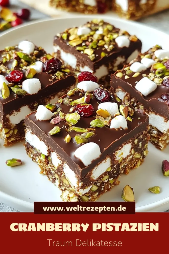 Entdecken Sie unser unwiderstehliches Cranberry Pistazien Rocky Road Rezept! Dieses Schokoladendessert mit Früchten ist die perfekte Kombination aus süßen Snacks mit Marshmallows und nussigem Crunch. Mit einfacher Rocky Road Zubereitung gelingt es Ihnen im Handumdrehen. Überraschen Sie Familie und Freunde mit diesem köstlichen Leckerbissen! Jetzt ausprobieren und genießen! #CranberryPistazienRockyRoad #RockyRoadRezept #SchokoladenDessert #einfacheRezepte