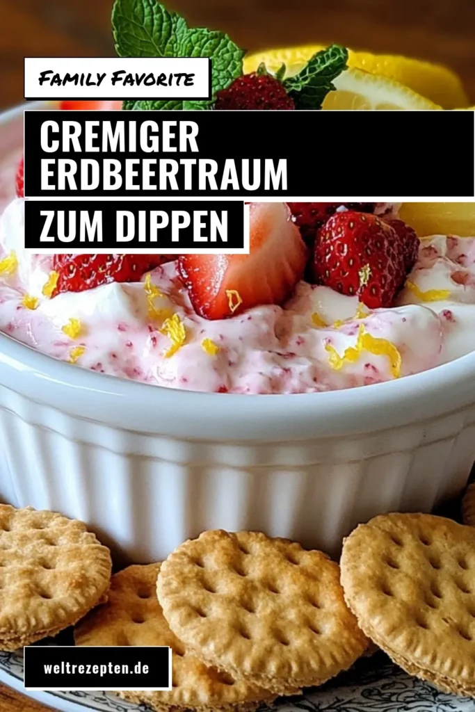 Entdecken Sie unseren köstlichen Erdbeer-Zitronen-Dip, ein einfaches Cheesecake-Dip Rezept, das perfekt für jeden Anlass ist. Dieser cremige Dip mit Zitrone und Frischkäse-Dip Erdbeeren begeistert mit frischen Aromen. Ideal als Dessert Dip Rezept für Dessertliebhaber! Bereiten Sie ihn in nur 15 Minuten zu und genießen Sie ihn mit Graham Crackern. Speichern Sie dieses Rezept für Ihre nächste Feier! #ErdbeerZitronenDip #CheesecakeDip #DessertDip #FrischkäseDip