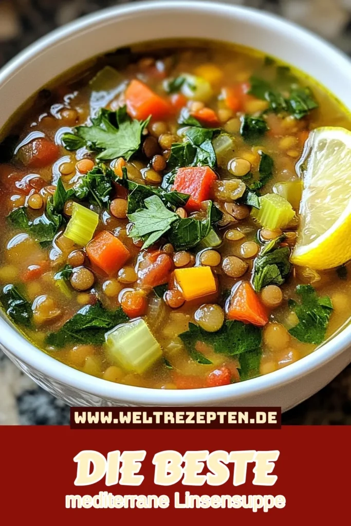 Entdecken Sie unser köstliches Rezept für Mediterrane Linsensuppe! Diese gesunde Linsensuppe ist perfekt für eine nährstoffreiche Mahlzeit und lässt sich einfach kochen. Mit proteinreichen Linsen, frischem Gemüse und aromatischen Gewürzen ist diese vegane Linsensuppe nicht nur lecker, sondern auch sättigend. Probieren Sie es jetzt aus und genießen Sie den Geschmack des Mittelmeers! #MediterraneLinsensuppe #VeganeLinsensuppe #GesundeRezepte #Proteinreich