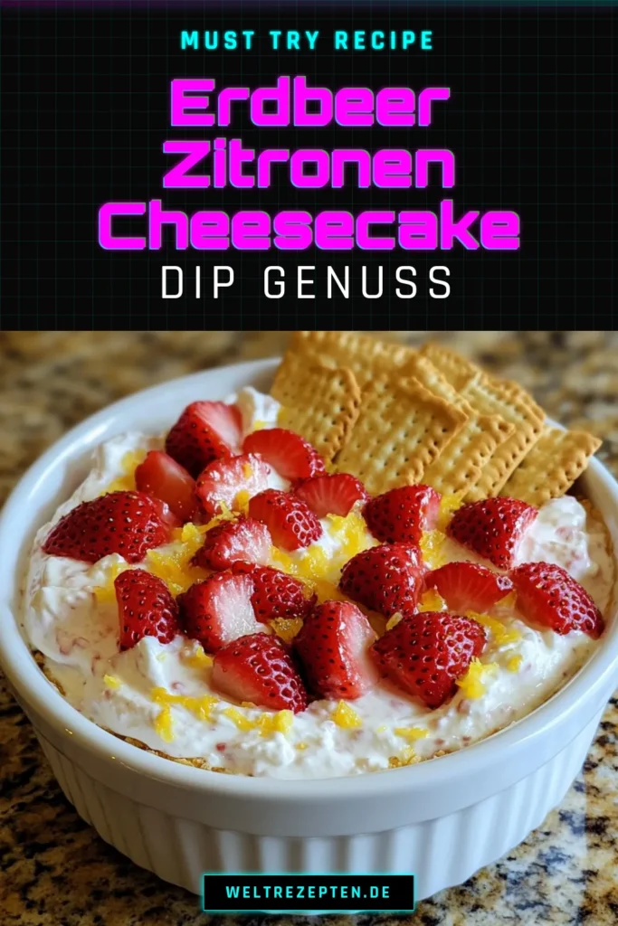 Entdecke diesen leckeren Erdbeer-Zitronen-Dip! Unser kinderleichter Dessert-Dip vereint die frischen Aromen von Erdbeeren und Zitrone in einem cremigen Cheesecake-Dip Rezept. Bezugnehmend auf Frischkäse Dip mit Erdbeeren, ist dieser kalte Erdbeer-Dessert ideal für jede Gelegenheit. Bereite ihn schnell und einfach zu und beeindrucke deine Gäste! Jetzt probieren und speichern! #ErdbeerZitronenDip #DessertDip #CheesecakeDipRezept #KaltenErdbeerDessert