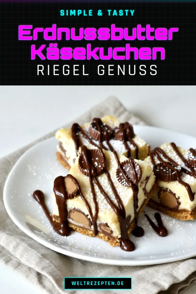 Entdecken Sie die köstlichen Erdnussbutter Käsekuchen Riegel! Diese einfachen Erdnussbutter Rezepte kombinieren cremigen Käsekuchen mit Schokolade und einem knusprigen Graham Cracker Boden. Perfekt als Erdnussbutter Desserts für jede Gelegenheit. Lassen Sie sich von diesem Rezept inspirieren und zaubern Sie unvergessliche Leckereien! Speichern Sie das Rezept und teilen Sie Ihre Kreationen! #ErdnussbutterKäsekuchen #KäsekuchenMitSchokolade #ErdnussbutterDesserts #EinfacheRezepte