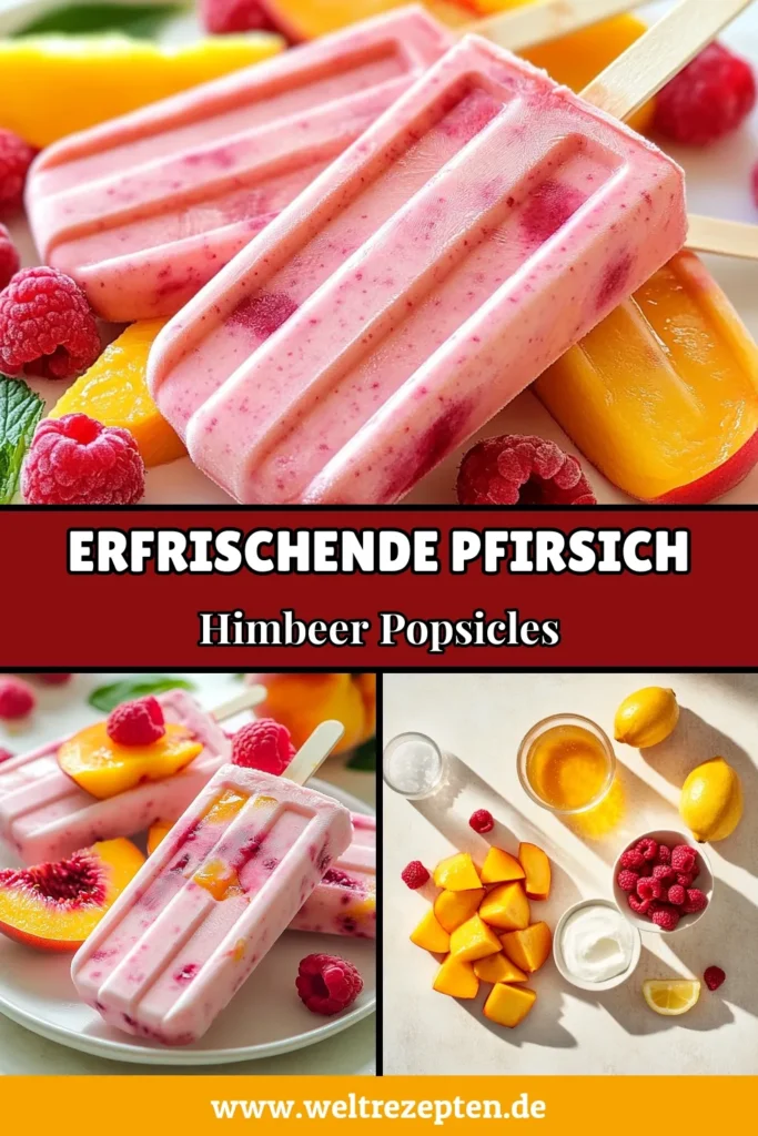 Entdecken Sie das Rezept für köstliche Pfirsich-Himbeer-Popsicles, die perfekte Option für gesunde Sommerrezepte und gefrorene Fruchtsnacks! Diese selbstgemachten Popsicles sind einfach zuzubereiten und mit griechischem Joghurt angereichert. Ideal für heiße Tage, sie sind frisch, fruchtig und erfrischend. Perfekt für die ganze Familie! Probieren Sie unser Joghurt-Popsicles Rezept aus und genießen Sie den Geschmack des Sommers. Speichern Sie dieses Rezept! #Popsicles #Sommerrezepte #GesundeSnacks #Selbstgemacht