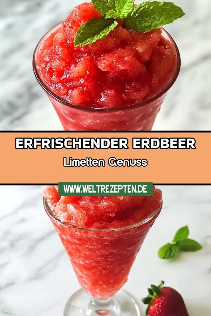 Erlebe den ultimativen Sommergenuss mit unserem erfrischenden Erdbeer-Limetten-Drink! Dieses leicht nachzumachende Erdbeer-Rezept kombiniert frische Erdbeeren und spritzige Limette zu einem köstlichen Sommergetränk mit Limette. Probiere diesen Erdbeer-Smoothie in gesunder Erdbeer-Variante und genieße die erfrischende Abkühlung! Du wirst begeistert sein! Speichere das Rezept und teile es mit Freunden! #ErdbeerLimettenDrink #ErdbeerRezept #Sommergetränk #ErdbeerSmoothie