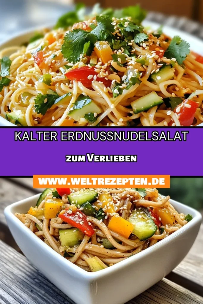 Entdecke unser Rezept für einen köstlichen Sesame Erdnuss Nudelsalat, der ideal für warme Tage ist! Dieser asiatische Nudelsalat kombiniert Soba Nudeln mit einer cremigen Erdnussbutter-Sauce für einen einzigartigen Geschmack. Perfekt als kalte Nudelgerichte oder als Beilage. Bereite dir diesen erfrischenden Erdnussbutter Salat in nur 15 Minuten zu und bring ein Stück Asien auf deinen Tisch. Jetzt ausprobieren und speichern! #AsiatischerNudelsalat #KalteNudelgerichte #SobaNudelnRezept #ErdnussbutterSalat