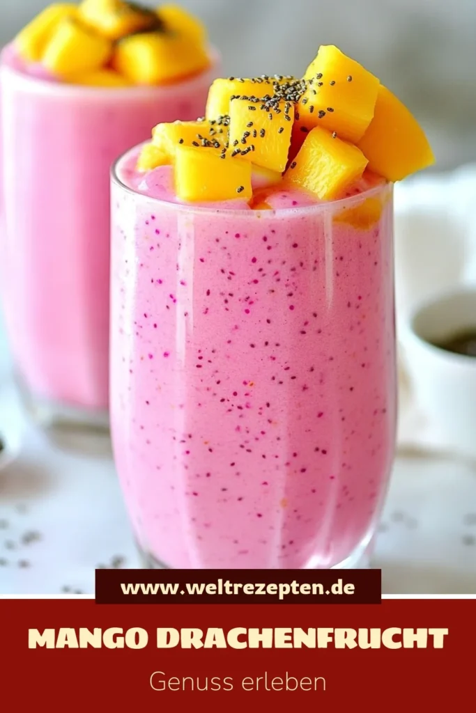Entdecken Sie den erfrischenden Mango Drachenfrucht Smoothie, ein köstliches und gesundes Smoothie Rezept, das tropische Fruchtgenüsse vereint! Dieses cremige Getränk mit Kokosmilch und nährstoffreichen Chiasamen ist perfekt für die warme Jahreszeit. Genießen Sie gesunde Zutaten in nur 10 Minuten. Probieren Sie es aus und lassen Sie sich von diesem tropischen Genuss verzaubern. Speichern Sie das Rezept für Ihren nächsten Smoothie! #SmoothieRezepte #GesundeErnährung #TropischeFrüchte #KokosmilchRezepte