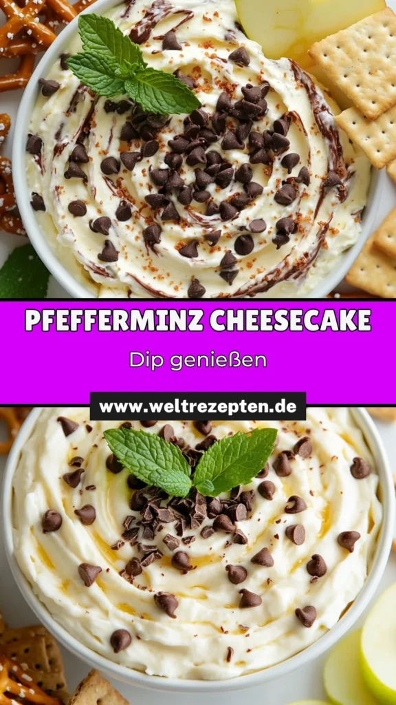 Entdecken Sie unser leckeres Pfefferminz-Schokoladenkeks-Dip Rezept! Dieser cremige Cheesecake-Dip mit Frischkäse und Minze ist der perfekte einfache Dessert-Dip für Ihre nächste Feier oder einen gemütlichen Abend. Genießen Sie ihn mit Graham-Crackern, Apfelscheiben oder Brezeln. Lassen Sie sich dieses frische Geschmackserlebnis nicht entgehen! Speichern Sie die Dip-Idee und probieren Sie sie aus! #PfefferminzDip #CheesecakeDip #DessertIdeen #MinzGenuss