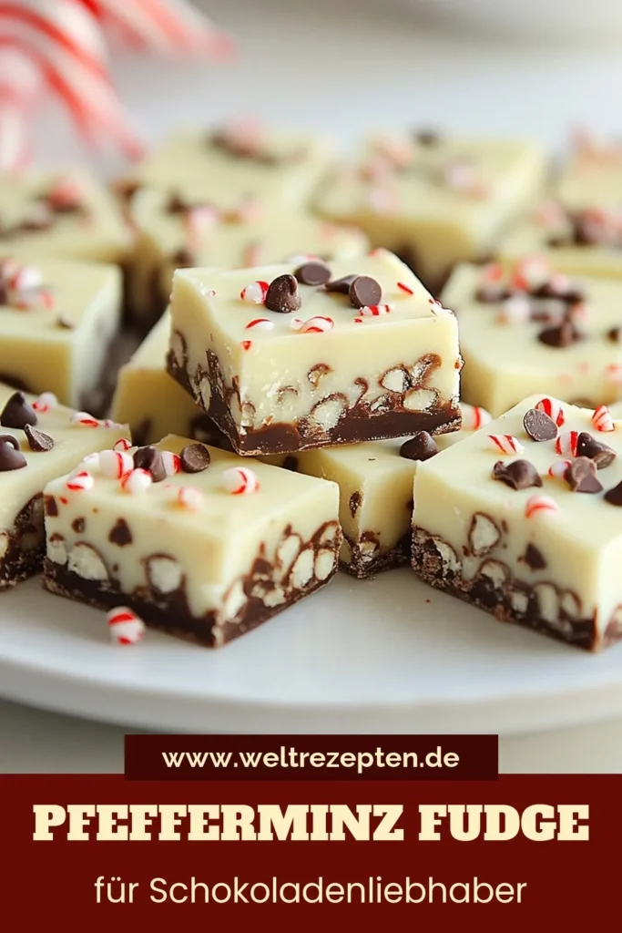 Entdecken Sie unser unwiderstehliches Pfefferminz-Schokoladen-Fudge Rezept, perfekt für die Weihnachtszeit! Mit gesüßter Kondensmilch Fudge, halbsüßen und weißen Schokoladenstückchen, kombiniert mit frischem Pfefferminzextrakt, ist dieses einfache Fudge Rezept ein echter Hit! Bereiten Sie Ihr eigenes Weihnachtsgebäck Rezept zu und begeistern Sie Ihre Freunde. Probieren Sie es aus, speichern Sie das Rezept! #FudgeRezept #Weihnachtsgebäck #Pfefferminz #einfacheFudgeRezepte