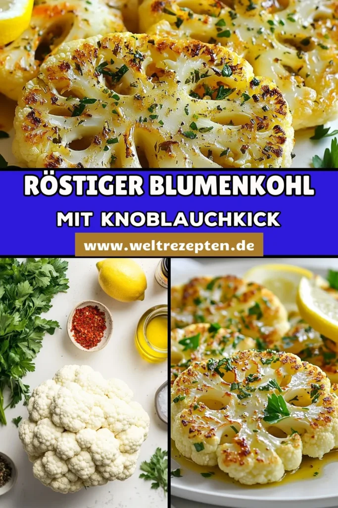 Entdecken Sie dieses leckere Knoblauch Blumenkohl Rezept mit gerösteten Blumenkohlscheiben! Perfekt als gesunde Beilagen Blumenkohl ist dieses vegane Blumenkohlgericht einfach zuzubereiten und voller Geschmack dank Kräuter Blumenkohl. Genießen Sie die goldbraun gerösteten Steaks mit frischem Zitronensaft und gehackter Petersilie. Speichern Sie das Rezept und probieren Sie es heute aus! #Blumenkohl #VeganeRezepte #GesundeBeilagen #Kräutergerichte