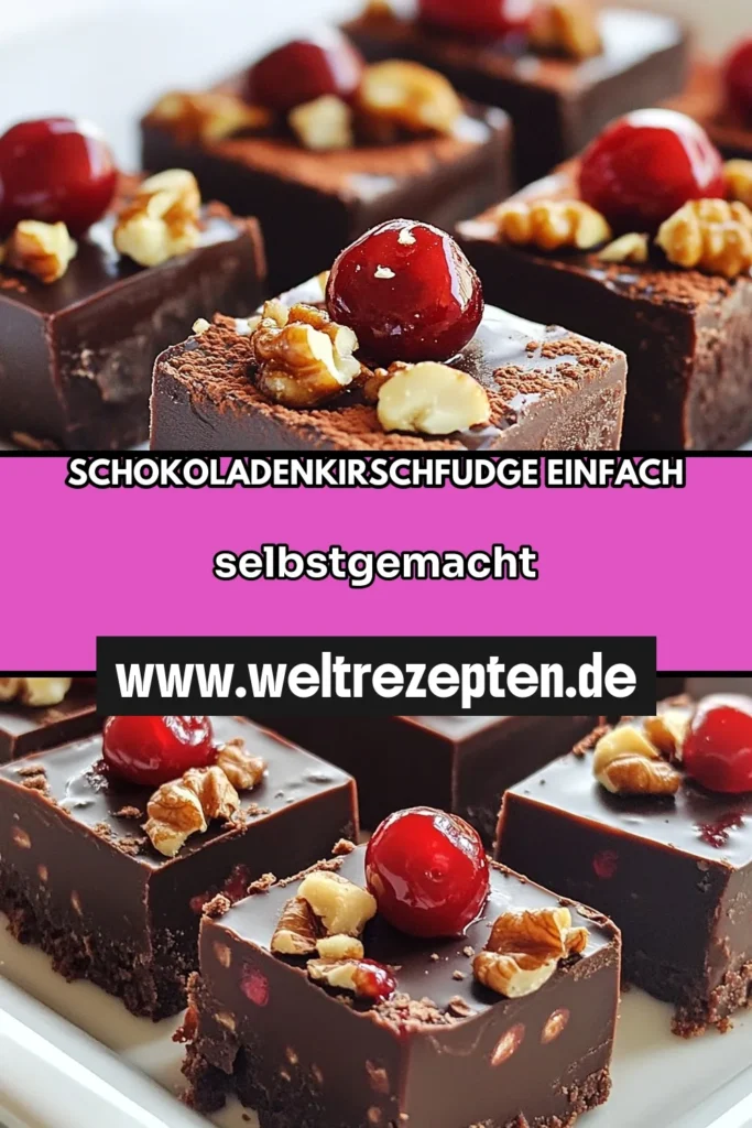 Entdecken Sie dieses köstliche Rezept für Schokoladen-Kirsch-Fudge, das perfekte Ergänzung für Ihre Sammlung einfacher Fudge-Rezepte. Mit seiner dekadenten Mischung aus schokoladigen Nachtischen und frischen Kirschen wird dieser Fudge mit Kirschen zu Ihrem neuen Favoriten! Ideal für besondere Anlässe oder einfach nur so. Probieren Sie es aus und teilen Sie Ihre Kreation! #Fudge #Schokolade #Desserts #Kirschen