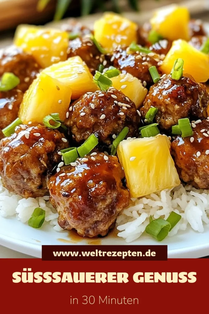 Entdecke das köstliche Teriyaki Fleischbällchen Rezept mit Ananas! Diese süß-sauren Fleischbällchen sind perfekt für ein asiatisches Dinner und machen jeden glücklich. Mit gemahlenem Hähnchen und einer leckeren Teriyaki-Sauce kreierst du in nur 30 Minuten ein unwiderstehliches Gericht. Probiere jetzt dieses Rezept für süß-sauer Hähnchenfleischbällchen und verwöhne deine Familie! Speichere das Rezept und teile es! #Fleischbällchen #AsiatischesRezept #AnanasFleischbällchen #TeriyakiRezept