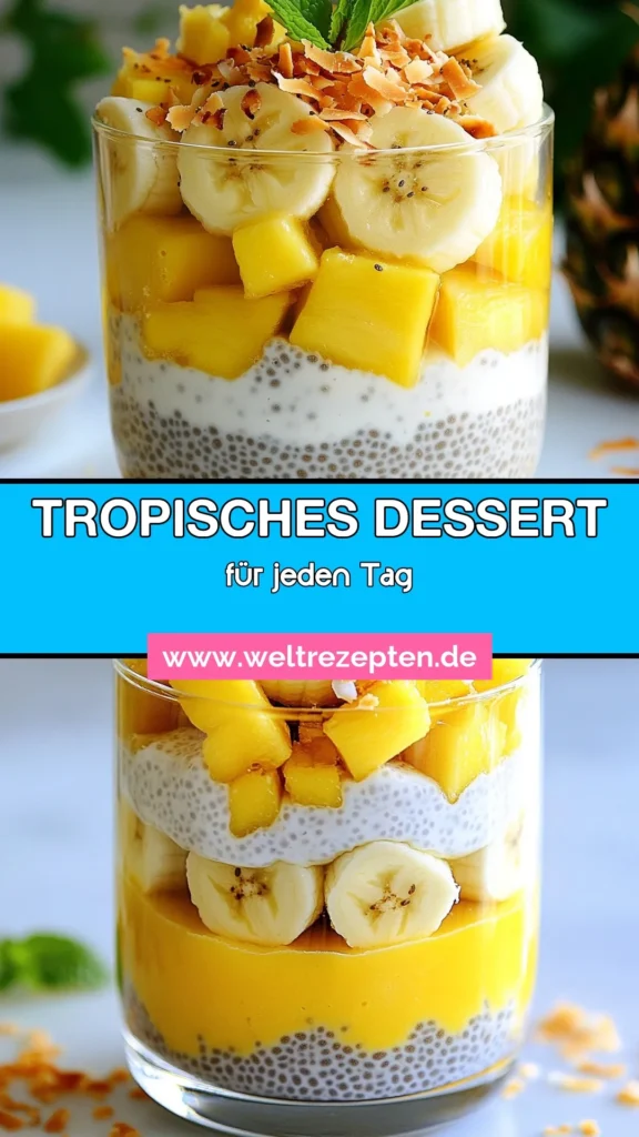 Entdecke das Rezept für einen tropischen Kokos-Chia-Parfait, der perfekt für ein gesundes Frühstück oder als exotisches Fruchtdessert ist. Dieser Chiapudding Rezept kombiniert Kokosmilch mit frischen Früchten und bringt einen Hauch von tropischem Genuss in deinen Tag. Einfach zuzubereiten und unglaublich lecker – nimm dir Zeit für die Kühlung und genieße ein gesundes Frühstück! Probiere es aus und teile deine Kreationen! #Chiapudding #GesundeFrühstücksideen #KokosmilchDesserts #ExotischeFruchtdesserts