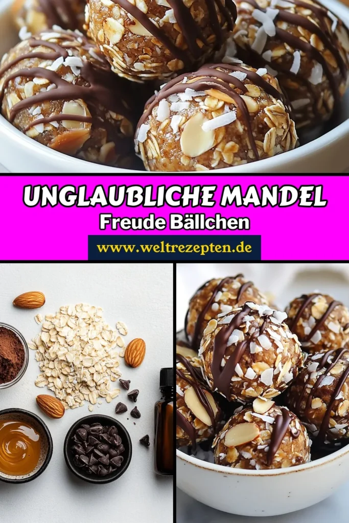 Entdecke unser einfaches Energie Bällchen Rezept mit köstlichen Mandel Joy Bällchen! Diese gesunden Snacks Rezept vereinen Haferflocken, Kokosraspeln und Mandeln für einen perfekten Energieschub. Ideal für unterwegs oder als Snack zwischendurch. Lass dir diese Kokosraspeln Energie Bällchen nicht entgehen! Probiere sie jetzt aus und genieße gesunde Leckereien. Speichere das Rezept! #EnergieBällchen #MandelJoy #GesundeSnacks #Kokosraspeln