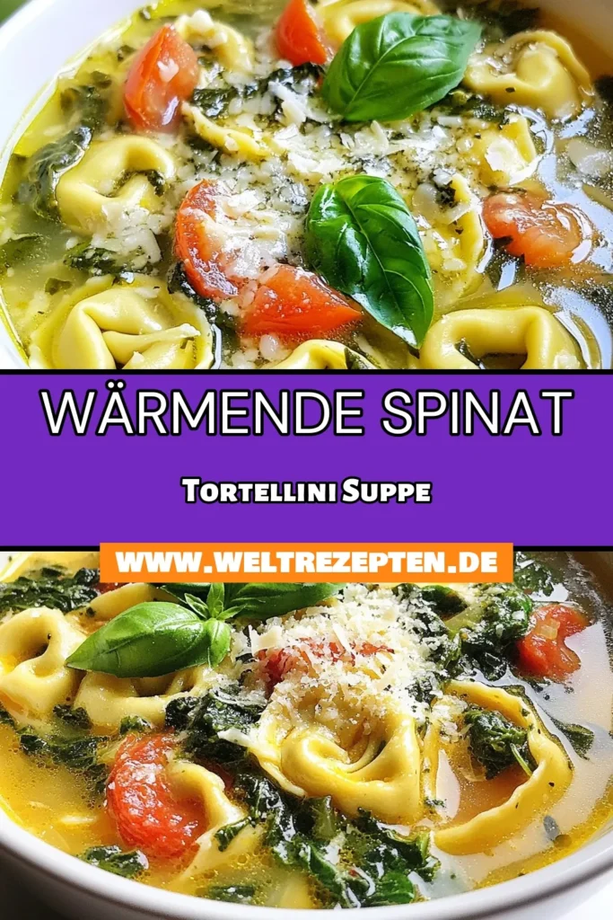 Entdecken Sie die köstliche Spinat Tortellini Suppe – ein einfaches und gesundes Rezept, das Ihre Familie lieben wird! Diese einfache Tortellini Suppe kombiniert frisch zubereitete Spinat-Tortellini mit aromatischer Gemüsebrühe, frischem Babyspinat und würzigen Kräutern. Perfekt für eine schnelle italienische Mahlzeit. Probieren Sie es aus und genießen Sie diese vegetarische Suppenrezepte! Jetzt servieren und genießen! #SpinatTortelliniSuppe #einfacheTortelliniSuppe #vegetarischeRezepte #SuppeLiebhaber