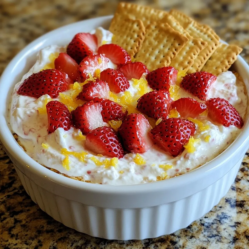 - 227 g Frischkäse, weichgeklopft - 60 g Puderzucker - 1 Teelöffel Vanilleextrakt - 1 Esslöffel Zitronensaft - Abrieb von 1 Zitrone - 240 g frische Erdbeeren, entkelchert und gehackt - 120 g Schlagsahne Der Erdbeer Zitronen Cheesecake Dip hat eine einfache, aber köstliche Liste von Zutaten. Frischkäse ist die Basis. Wählen Sie einen hochwertigen, cremigen Frischkäse. Das gibt dem Dip seine reichhaltige Textur. Puderzucker sorgt für die süße Note. Achten Sie darauf, ihn gut einzuarbeiten. Vanilleextrakt fügt eine warme Tiefe hinzu. Zitronensaft und -abrieb bringen Frische und einen Spritzer Säure. Frische Erdbeeren sind ein Muss. Sie geben Farbe und Geschmack. Die Schlagsahne macht den Dip leicht und luftig. Mixen Sie alles gut, um die perfekte Konsistenz zu erreichen. - Graham-Cracker - Frisches Obst Für das Servieren können Sie Graham-Cracker verwenden. Sie sind knusprig und passen gut zum Dip. Frisches Obst ist auch eine tolle Wahl. Äpfel oder Ananas sind lecker dazu. Diese Optionen machen das Eintauchen noch spannender. Stellen Sie alles schön um die Schüssel, damit es einladend aussieht. So können alle einfach zugreifen und genießen. {{ingredient_image_2}} Zuerst bereiten wir die Zutaten vor. Nimm 227 g Frischkäse und weichklopfe ihn. Das geht gut mit einem Mixer. Es ist wichtig, dass der Käse weich ist, damit er sich gut vermischt. Für die Erdbeeren nimm 240 g frische Früchte. Entkelche sie und hacke sie in kleine Stücke. So verteilen sich die Erdbeeren gleichmäßig im Dip. Frische Erdbeeren bringen den besten Geschmack. Jetzt kommt der spannende Teil, die Zubereitung des Dips. Nimm eine mittelgroße Schüssel und gib den weichgeklopften Frischkäse hinein. Schlage ihn mit einem elektrischen Mixer cremig. Das dauert nur ein paar Minuten. Füge nun 60 g Puderzucker nach und nach hinzu. Mixe weiter, bis die Mischung luftig ist. Danach rührst du 1 Teelöffel Vanilleextrakt, 1 Esslöffel Zitronensaft und den Abrieb von 1 Zitrone unter. Das sorgt für einen frischen Geschmack. Dann ist es Zeit für die Erdbeeren. Hebe die gehackten Erdbeeren und 120 g Schlagsahne vorsichtig unter. Sei sanft, damit die Schlagsahne nicht zusammenfällt. Der Dip sollte leicht und luftig sein. Fülle den Dip in eine Servierschüssel um. Stelle ihn für etwa 30 Minuten in den Kühlschrank. So können sich die Aromen gut entfalten. Serviere den Dip kühl mit Graham-Crackern oder frischem Obst. Du kannst ihn auch mit ein paar ganzen Erdbeeren und einem Spritzer Zitronenabrieb garnieren. Das sieht toll aus und macht den Dip noch einladender! Um die perfekte Konsistenz für deinen Erdbeer Zitronen Cheesecake Dip zu erreichen, achte darauf, die Schlagsahne richtig unterzuheben. Beginne mit der Schlagsahne, wenn sie schön steif ist. Hebe sie vorsichtig unter die Frischkäsemischung. Verwende einen großen Löffel und mache sanfte Bewegungen. So bleibt die Luft in der Schlagsahne und der Dip wird schön luftig. Um Klumpen im Dip zu vermeiden, stelle sicher, dass der Frischkäse gut weichgeschlagen ist. Er sollte glatt und cremig sein, bevor du andere Zutaten hinzufügst. Wenn du Puderzucker hinzufügst, mache dies langsam. So kann sich der Zucker gut verteilen und klumpenfreie Mischung entsteht. Um den Geschmack zu verbessern, kannst du mit zusätzlichen Aromen spielen. Ein bisschen Zimt oder ein Hauch von Kokosnuss kann toll sein. Du kannst auch etwas Limettensaft anstelle von Zitronensaft versuchen. Dies gibt einen anderen Frischekick. Frische Zutaten sind ein Muss. Verwende reife Erdbeeren, um den besten Geschmack zu bekommen. Achte darauf, dass sie rot und saftig sind. Frische Zitrone bringt auch mehr Geschmack als Zitronensaft aus der Flasche. Diese kleinen Änderungen machen einen großen Unterschied im Endergebnis. Pro Tipps Frischkäse richtig vorbereiten: Stellen Sie sicher, dass der Frischkäse Zimmertemperatur hat, bevor Sie ihn schlagen, damit er leichter cremig wird. Erdbeeren frisch halten: Verwenden Sie frische Erdbeeren und waschen Sie diese erst kurz vor der Verwendung, um ihre Frische zu bewahren. Für extra Geschmack: Fügen Sie einen Hauch von Zitronenextrakt hinzu, um den Zitronengeschmack zu intensivieren. Serviervorschlag: Servieren Sie den Dip mit einer Auswahl an verschiedenen Obstsorten, um eine bunte und ansprechende Präsentation zu erzielen. {{image_4}} Erdbeer-Zitronen-Cheesecake-Dip ist lecker, aber Sie können ihn auch anders machen. Hier sind einige tolle Obstkombinationen: - Himbeeren: Diese kleinen Beeren bringen eine schöne Säure. Sie passen gut mit der Creme. - Blaubeeren: Süß und saftig, Blaubeeren machen den Dip farbenfroh und frisch. - Pfirsiche: Süße Pfirsiche geben dem Dip eine saftige Note. Sie sind perfekt für den Sommer. Jede dieser Früchte bringt ihren eigenen Geschmack in den Dip. Experimentieren Sie und finden Sie Ihre Lieblingsvariante! Um den Dip interessanter zu machen, können Sie auch andere Dinge zum Dippen verwenden. Hier sind einige Ideen: - Kekse statt Graham-Cracker: Probieren Sie Ihre Lieblingskekse. Sie können Schokoladenkekse oder Butterkekse verwenden. - Gemüse zum Dippen: Karotten oder Sellerie bringen einen knackigen Kontrast. Sie sind gesund und lecker. Mit diesen Alternativen machen Sie den Dip noch spannender. Seien Sie kreativ und genießen Sie! Um den Erdbeer Zitronen Cheesecake Dip frisch zu halten, bewahre ihn im Kühlschrank auf. Achte darauf, dass du ihn in einem luftdichten Behälter lagerst. So bleibt der Dip länger lecker. Ein Zeichen für Verderb ist, wenn der Dip einen seltsamen Geruch hat oder die Farbe sich verändert. Wenn du Schimmel siehst, wirf den Dip sofort weg. Sicherheit geht vor! Der Dip hält sich im Kühlschrank etwa drei Tage. Achte darauf, ihn gut abzudecken. So bleibt er frisch und schmeckt gut. Wenn du Reste hast, kannst du sie wiederverwenden. Ein guter Tipp ist, den Dip auf frischen Früchten oder Keksen zu servieren. So wird er gleich zu einem neuen Snack! Du kannst den Dip bis zu drei Tage im Kühlschrank aufbewahren. Stelle sicher, dass er in einem luftdichten Behälter ist. So bleibt er frisch und lecker. Achte darauf, ihn nicht zu lange stehen zu lassen. Wenn er seltsam riecht oder die Konsistenz sich verändert, solltest du ihn nicht mehr essen. Ja, du kannst den Dip einen Tag im Voraus zubereiten. Das macht die Vorbereitung einfacher. Wenn du ihn im Voraus machst, stelle sicher, dass du ihn gut abdeckst. So bleibt er frisch. Kühle ihn dann für mindestens 30 Minuten vor dem Servieren. So verbinden sich die Aromen besser und der Dip schmeckt noch leckerer. Ja, der Dip kann leicht angepasst werden. Für eine glutenfreie Version kannst du glutenfreie Graham-Cracker verwenden. Wenn du eine vegane Version möchtest, ersetze den Frischkäse durch pflanzlichen Frischkäse. Verwende auch pflanzliche Schlagsahne. So kannst du diesen leckeren Dip genießen, egal welche Diät du befolgst. Dieser Blogbeitrag zeigt dir, wie du einen leckeren Erdbeer-Dip machst. Wir haben die Hauptzutaten und einfache Schritt-für-Schritt-Anleitungen behandelt. Du hast gelernt, wie du die perfekte Konsistenz erreichst und den Geschmack variieren kannst. Vergiss nicht, frische Zutaten zu verwenden und auf die Lagerung zu achten. Nun kannst du den Dip sicher vorbereiten und genießen. Probiere verschiedene Früchte oder Dips aus, um deine Snacks zu verbessern. Entdecke neue Ideen und genieße die Vielfalt!