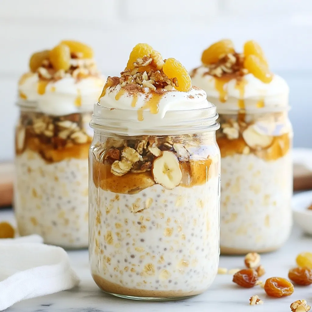Um köstliche Zimtschnecken Overnight Oats zu machen, benötigst du folgende Zutaten: - 1 Tasse Haferflocken, zart - 1 Tasse Mandelmilch (oder Milch nach Wahl) - 1 Esslöffel Chiasamen - 1 Teelöffel Vanilleextrakt - 1 Teelöffel gemahlener Zimt - 2 Esslöffel Honig oder Ahornsirup - 1/2 Tasse griechischer Joghurt (oder pflanzliche Alternative) - 1/4 Tasse Rosinen oder gehackte Nüsse (optional) - Zusätzlicher Zimt zum Bestreuen Du kannst die Zutaten leicht anpassen. Wenn du keine Mandelmilch magst, kannst du jede pflanzliche Milch verwenden, zum Beispiel Hafer- oder Sojamilch. Auch bei den Süßungsmitteln hast du viele Optionen. Honig ist toll, aber auch Agavendicksaft oder Stevia passen gut. Um deine Overnight Oats noch leckerer zu machen, kannst du Rosinen oder gehackte Nüsse hinzufügen. Diese geben extra Geschmack und Textur. Du kannst auch zusätzliche Gewürze wie Muskatnuss oder Vanille verwenden, um mehr Tiefe zu schaffen. {{ingredient_image_2}} Zuerst nimmst du eine große Schüssel. Füge die Haferflocken, die Chiasamen und den Zimt hinzu. Rühre sie gut um, bis alles gleichmäßig vermischt ist. Diese Mischung gibt deinem Frühstück die richtige Textur und den leckeren Zimtgeschmack. In einer anderen Schüssel verquirlst du die Mandelmilch, den Vanilleextrakt und den Honig. Mische sie gut, bis sie schön cremig sind. Diese feuchten Zutaten machen die Haferflocken weich und süß. Du kannst auch Ahornsirup verwenden, wenn du magst. Jetzt gießt du die feuchte Mischung über die trockenen Zutaten. Rühre alles vorsichtig zusammen. Füge nach Wunsch den griechischen Joghurt und die Rosinen oder Nüsse hinzu. Verteile die Mischung gleichmäßig in Einmachgläser oder luftdichte Behälter. Schließe die Behälter gut und stelle sie über Nacht in den Kühlschrank. Am Morgen sind die Haferflocken perfekt durchgezogen und bereit zum Genießen. Rühre sie gut um und streue etwas Zimt darüber für extra Geschmack. Um die beste Konsistenz zu erreichen, ist das Verhältnis von Flüssigkeit zu Haferflocken wichtig. Nutze eine Tasse Haferflocken und eine Tasse Mandelmilch. So werden die Haferflocken weich, aber nicht matschig. Wenn du eine dickere Mischung magst, reduziere die Flüssigkeit leicht. Probiere es aus, um deine perfekte Mischung zu finden. Du kannst deine Overnight Oats ganz nach deinem Geschmack anpassen. Füge saisonale Früchte wie Äpfel oder Beeren hinzu. Nüsse und Samen bringen extra Crunch. Denk daran, dass die Zutaten frischer und gesünder sind, wenn sie aus der Saison stammen. So macht das Frühstück noch mehr Spaß! Die Präsentation ist wichtig, um dein Gericht besonders zu machen. Verwende schöne Gläser, um die Haferflocken zu servieren. Streue etwas Zimt oben drauf für den letzten Schliff. Ein Klecks griechischer Joghurt gibt eine tolle Cremigkeit. So sieht dein Frühstück nicht nur gut aus, es schmeckt auch fantastisch! Pro Tipps Verwendung von Haferflocken: Verwenden Sie zarte Haferflocken für eine cremigere Textur. Grobe Haferflocken benötigen länger, um einzuweichen. Milchalternativen: Experimentieren Sie mit verschiedenen Milchsorten wie Kokosmilch oder Hafermilch, um verschiedene Geschmacksrichtungen zu erzielen. Zusätzliche Toppings: Fügen Sie frisches Obst wie Bananen oder Beeren hinzu, um noch mehr Geschmack und Nährstoffe zu erhalten. Vorbereitung im Voraus: Bereiten Sie die Haferflocken am Sonntag vor, um eine gesunde Frühstücksoption für die ganze Woche zu haben. {{image_4}} Für eine süßere Variante füge Kakaopulver oder Schokoladenstückchen hinzu. So wird dein Frühstück noch schokoladiger. Du kannst etwa 2 Esslöffel Kakaopulver in die Mischung geben. Alternativ sind Schokoladenstückchen eine tolle Option. Die Kombination von Zimt und Schokolade passt hervorragend zusammen. Um mehr Süße hinzuzufügen, probiere getrocknete Früchte. Getrocknete Aprikosen oder Äpfel sind perfekte Optionen. Diese Früchte sorgen für einen natürlichen Süßstoff und schmackhafte Textur. Du kannst etwa 1/4 Tasse getrocknete Früchte in die Mischung geben. Die Frucht fügt außerdem einen fruchtigen Geschmack hinzu, der toll harmoniert. Um deine Overnight Oats proteinreicher zu machen, füge Proteinpulver oder Nussbutter hinzu. Ein Esslöffel Proteinpulver reicht aus, um die Mischung anzureichern. Nussbutter wie Mandel- oder Erdnussbutter bringt einen tollen Geschmack. Diese Ergänzungen machen dein Frühstück nahrhafter und sättigender. Die Zimtschnecken Overnight Haferflocken halten sich gut im Kühlschrank. Lagern Sie sie in luftdichten Behältern. So bleiben sie frisch und lecker. In der Regel sind sie bis zu fünf Tage haltbar. Achten Sie darauf, dass keine Verunreinigungen in den Behälter gelangen. Das sorgt für eine längere Haltbarkeit. Wenn Sie Reste haben, können Sie diese einfrieren. Verwenden Sie dafür gefriergeeignete Behälter oder Beutel. Achten Sie darauf, die Luft gut herauszudrücken. Das schützt die Haferflocken vor Gefrierbrand. Beschriften Sie die Behälter mit dem Datum. So wissen Sie, wann die Overnight Oats eingefroren wurden. Um gefrorene Portionen aufzuwärmen, nehmen Sie sie einfach aus dem Gefrierfach. Lassen Sie sie über Nacht im Kühlschrank auftauen. Am Morgen können Sie sie in der Mikrowelle oder auf dem Herd aufwärmen. Fügen Sie etwas Milch hinzu, um die Konsistenz zu verbessern. Rühren Sie gut um, bevor Sie sie servieren. So schmecken die Zimtschnecken Overnight Haferflocken wie frisch zubereitet. Overnight Oats sind bis zu fünf Tage im Kühlschrank haltbar. Ich empfehle, sie innerhalb von drei Tagen zu essen. So bleiben sie frisch und lecker. Achte darauf, sie in einem luftdichten Behälter zu lagern. Wenn du sie länger aufbewahren möchtest, friere sie ein. So bleiben die Aromen erhalten. Ja, du kannst Overnight Oats warm essen. Erwärme sie einfach in der Mikrowelle für ein paar Sekunden. Rühre die Mischung gut um, damit sie gleichmäßig warm wird. Du kannst auch etwas zusätzliche Milch hinzufügen, wenn die Konsistenz zu dick ist. Warm serviert, schmecken sie wie eine frische Zimtschnecke. Wenn du keine Chiasamen hast, sind Leinsamen eine gute Alternative. Sie bieten ähnliche Textur und Nährstoffe. Du kannst auch gemahlene Mandeln oder Haferkleie verwenden. Diese Optionen verändern die Konsistenz leicht, aber sie sind lecker. Experimentiere mit verschiedenen Zutaten, um deinen eigenen Geschmack zu finden. Overnight Oats sind einfach und vielseitig. Wir haben die besten Zutaten und Alternativen betrachtet. Ich habe dir Schritt-für-Schritt-Anleitungen gegeben, um die perfekte Mischung zu erstellen. Tipps zur Variabilität und Präsentation machen das Rezept spannend. Denke daran, wie du sie lagerst und aufwärmst, um das Beste herauszuholen. Variiere die Zutaten nach deinem Geschmack. Damit hast du ein gesundes Frühstück, das dir gut schmeckt!