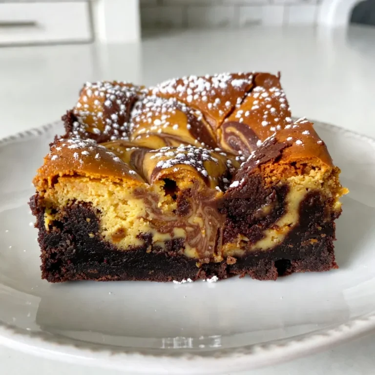 Für die Brownies brauchst du: - 1 Tasse ungesalzene Butter, geschmolzen - 1 1/2 Tassen Zucker - 1 Teelöffel Vanilleextrakt - 4 große Eier - 1 Tasse Weizenmehl - 1/2 Tasse ungesüßtes Kakaopulver - 1/2 Teelöffel Backpulver - 1/4 Teelöffel Salz - 1/2 Tasse Zartbitter-Schokoladenstückchen Diese Zutaten bilden die Basis für die saftigen Brownies. Die geschmolzene Butter sorgt für einen reichen Geschmack und eine zarte Textur. Zucker bringt die Süße, während Kakaopulver den Schokoladengeschmack verstärkt. Für die Käsekuchen-Schicht benötigst du: - 1 Tasse Frischkäse, weich - 3/4 Tasse reiner Kürbispüree - 1/4 Tasse brauner Zucker - 1 Teelöffel Kürbiskuchengewürz - 1 Teelöffel Vanilleextrakt (für die Käsekuchen-Schicht) Diese Zutaten machen die Käsekuchen-Schicht cremig und aromatisch. Der Frischkäse gibt eine tolle Textur, während das Kürbispüree die Mischung wunderbar herbstlich macht. Das Kürbiskuchengewürz verleiht dem Ganzen eine warme, gewürzte Note. Achte darauf, frische und hochwertige Zutaten zu wählen. Ungesalzene Butter ist wichtig, um die Kontrolle über den Salzgehalt zu haben. Verwende frisches Kürbispüree für den besten Geschmack. Wenn du magst, kannst du die Zartbitter-Schokoladenstückchen auch durch Milchschokolade ersetzen, um eine süßere Note zu erzielen. Achte auch darauf, dass der Frischkäse weich ist, damit er sich gut mit den anderen Zutaten vermischen lässt. {{ingredient_image_2}} Zuerst heizen Sie den Ofen auf 175°C vor. Fetten Sie eine große Backform ein oder legen Sie sie mit Backpapier aus. Das hilft beim Herausnehmen der Brownies später. In einer großen Schüssel vermischen Sie die geschmolzene Butter mit dem Zucker und 1 Teelöffel Vanilleextrakt. Rühren Sie alles gut um, bis die Masse glatt ist. Fügen Sie die Eier nacheinander hinzu. Rühren Sie gut nach jeder Zugabe. In einer separaten Schüssel sieben Sie das Mehl, den Kakao, das Backpulver und das Salz. Falten Sie diese trockenen Zutaten nach und nach in die feuchte Mischung. Achten Sie darauf, nicht zu viel zu rühren, damit die Brownies weich bleiben. Rühren Sie die Zartbitter-Schokoladenstückchen unter und stellen Sie den Teig dann beiseite. In einer anderen Schüssel rühren Sie den weichen Frischkäse glatt. Fügen Sie das Kürbispüree, den braunen Zucker, das Kürbiskuchengewürz und 1 Teelöffel Vanilleextrakt hinzu. Mischen Sie alles gut, bis die Mischung fluffig ist. Gießen Sie zwei Drittel des Brownie-Teigs in die Backform und streichen Sie ihn gleichmäßig aus. Geben Sie die Frischkäse-Mischung in Klecksen über die Browniebasis. Ziehen Sie vorsichtig mit einem Messer durch, um einen schönen Marmoreffekt zu erzielen. Löffeln Sie den restlichen Brownie-Teig auf die Käsekuchen-Schicht. Verwenden Sie erneut das Messer, um sanfte Wirbel zu erzeugen. Backen Sie die Brownies für 30-35 Minuten. Prüfen Sie mit einem Zahnstocher, ob sie fertig sind. Lassen Sie die Brownies mindestens 20 Minuten abkühlen, bevor Sie sie in Quadrate schneiden. Um die beste Konsistenz für deine Brownies zu erreichen, achte darauf, die Eier gut einzuarbeiten. Jedes Ei sollte vollständig vermischt sein, bevor das nächste hinzugefügt wird. Bei den trockenen Zutaten, wie Mehl und Kakao, rühre schnell, damit die Mischung nicht zu fest wird. Die Brownies sollten leicht feucht und fudgy bleiben, nicht trocken. Ein häufiger Fehler ist, die Brownies zu lange zu backen. Überprüfe die Brownies nach 30 Minuten mit einem Zahnstocher. Wenn er fast sauber herauskommt, ist das ein gutes Zeichen. Auch das Mischen der Zutaten sollte sanft geschehen. Übermischen kann die Textur negativ beeinflussen. Für die perfekte Präsentation schneide die Brownies in gleichmäßige Stücke. Lege sie auf eine schöne Platte. Bestäube sie leicht mit Puderzucker für einen festlichen Look. Ein Klecks Schlagsahne kann die Brownies aufpeppen. Füge eine Prise Kürbiskuchengewürz hinzu, um den herbstlichen Geschmack zu verstärken. Pro Tipps Butter richtig schmelzen: Achten Sie darauf, die Butter nicht zu überhitzen, um einen bitteren Geschmack zu vermeiden. Lassen Sie sie leicht abkühlen, bevor Sie sie mit den anderen Zutaten vermischen. Die Eier einzeln hinzufügen: Das Hinzufügen der Eier nacheinander sorgt für eine gleichmäßige und homogene Mischung, was zu einer besseren Konsistenz der Brownies führt. Für ein besseres Marmorieren: Verwenden Sie ein Messer oder einen Spieß, um sanfte, gleichmäßige Bewegungen zu machen, wenn Sie die Käsekuchen-Schicht marmorieren. Zu viel Rühren kann die Schichten vermischen. Abkühlzeit beachten: Es ist wichtig, die Brownies vor dem Schneiden vollständig abkühlen zu lassen, damit sie die richtige Konsistenz behalten und nicht zerfallen. {{image_4}} Du kannst diese Brownies glutenfrei machen. Ersetze das Weizenmehl durch Mandelmehl oder glutenfreies Allzweckmehl. Diese Mehle geben den Brownies eine tolle Textur. Achte darauf, dass die anderen Zutaten auch glutenfrei sind. So kannst du alle genießen. Probiere, die Brownies mit anderen Aromen zu mischen. Füge Nüsse wie Walnüsse oder Pekannüsse hinzu. Diese geben einen schönen Crunch. Du kannst auch weiße Schokolade oder Karamellstückchen verwenden. Diese zusätzlichen Zutaten machen die Brownies noch köstlicher. Um die Brownies vegan zu machen, ersetze die Eier durch Apfelmus oder Leinsamen. Nutze pflanzliche Butter und veganen Frischkäse. Diese Alternativen funktionieren gut und sind lecker. Achte darauf, dass der Kürbispüree frisch und ohne Zusatzstoffe ist. So bleibt der Geschmack intensiv und frisch. Die Brownies sind am besten in einem luftdichten Behälter. Lagern Sie sie bei Raumtemperatur. So bleiben sie weich und lecker. Wenn Sie sie kühler lagern, können sie fest werden. Um die Frische zu bewahren, decken Sie die Brownies mit Frischhaltefolie ab. Sie können auch Backpapier verwenden. So bleibt die Feuchtigkeit drin. Vermeiden Sie direkte Sonneneinstrahlung. So bleiben sie länger schmackhaft. Sie können die Brownies auch einfrieren. Schneiden Sie sie in Stücke und legen Sie sie in einen Behälter. Stellen Sie sicher, dass sie gut verpackt sind. Zum Auftauen lassen Sie sie einfach bei Raumtemperatur stehen. So bleiben sie weich und lecker. Die Brownies sind bei Raumtemperatur etwa 3 bis 4 Tage frisch. Wenn Sie sie in den Kühlschrank legen, bleiben sie bis zu einer Woche gut. Achten Sie darauf, sie in einem luftdichten Behälter aufzubewahren. So bleibt die Feuchtigkeit drin und die Brownies bleiben weich. Ja, Sie können andere Kürbispüree-Sorten verwenden. Achten Sie darauf, dass sie ungesüßt sind. Sie können auch Butternusskürbis oder andere Kürbisse probieren. Diese Sorten bringen einen ähnlichen Geschmack. Um die Swirls perfekt hinzubekommen, verwenden Sie ein Messer oder einen Holzlöffel. Ziehen Sie sanft durch die Käsekuchen-Schicht und den Brownie-Teig. Seien Sie vorsichtig, nicht zu viel zu vermischen. Ein paar sanfte Bewegungen reichen aus, um einen schönen marmorierten Effekt zu erzielen. Die Brownies schmecken sowohl warm als auch kalt gut. Warm sind sie weich und schokoladig. Kalt haben sie eine festere Konsistenz und sind toll für den Nachmittagskaffee. Probieren Sie beide Varianten aus und entscheiden Sie, was Ihnen besser gefällt! Die Hauptzutaten für die Brownies und die Käsekuchen-Schicht machen den Unterschied. Die Schritt-für-Schritt-Anleitung hilft dir beim Backen. Du lernst, wie du häufige Fehler vermeidest und die perfekte Konsistenz erreichst. Variationen bieten dir neue Geschmackserlebnisse, und die Tipps zur Aufbewahrung sorgen für frische Brownies. Experimentiere mit den Zutaten und genieße das Backen. Diese Brownies sind eine echte Bereicherung für jeden Anlass!