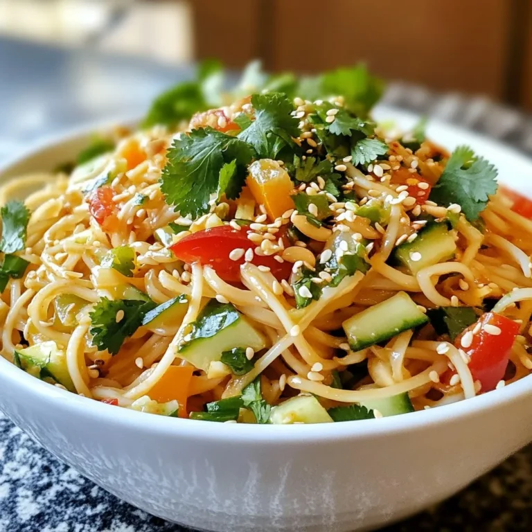 Hier sind die Zutaten für den leckeren Sesame Peanut Cold Noodle Salad. Diese Mischung sorgt für ein frisches und schmackhaftes Gericht. - 225 g Soba-Nudeln oder andere Nudeln - 60 ml cremige Erdnussbutter - 30 ml Sesamöl - 30 ml Sojasauce (reduzierter Natriumgehalt) - 15 ml Reisessig - 15 ml Honig oder Ahornsirup - 15 ml frisch geriebener Ingwer - 1 mittelgroße Gurke, in feine Streifen geschnitten - 1 rote Paprika, dünn geschnitten - 2 Frühlingszwiebeln, gehackt - 60 ml frischer Koriander, gehackt - 15 g Sesamkörner (geröstet) - Salz und Pfeffer nach Geschmack Die Auswahl der Zutaten macht den Salat besonders. Soba-Nudeln geben eine nussige Note. Cremige Erdnussbutter sorgt für einen reichen Geschmack. Sesamöl und Sojasauce fügen Tiefe hinzu. Reisessig bringt eine leichte Säure. Frischer Ingwer gibt einen tollen Kick. Gemüse wie Gurke und Paprika sorgt für Frische und Crunch. Koriander rundet das Ganze ab. Die gerösteten Sesamkörner geben eine knusprige Textur. Salz und Pfeffer helfen, die Aromen zu verstärken. Bereite alles vor und genieße die Zubereitung. {{ingredient_image_2}} Zuerst koche die Soba-Nudeln nach den Anweisungen auf der Verpackung. Das ist wichtig für die richtige Textur. Wenn die Nudeln fertig sind, gieße sie in ein Sieb ab. Spüle sie dann unter kaltem Wasser ab. So stoppst du den Garprozess und die Nudeln kühlen schnell ab. In einer mittleren Schüssel mische die Erdnussbutter, das Sesamöl, die Sojasauce, den Reisessig, den Honig und den geriebenen Ingwer. Nutze einen Schneebesen, um alles gut zu vermengen. Wenn die Sauce zu dick ist, füge einen Esslöffel Wasser hinzu. Das macht die Sauce cremiger und leichter zu vermengen. Nimm eine große Schüssel und gib die abgekühlten Nudeln hinein. Füge die Gurkenstreifen, die Paprika und die Frühlingszwiebeln hinzu. Jetzt gieße die Erdnusssauce über die Nudeln. Mische alles vorsichtig, sodass die Sauce gleichmäßig verteilt ist. Abschließend schmecke den Salat mit Salz und Pfeffer ab. Unterhebe den gehackten Koriander und streue die gerösteten Sesamkörner obenauf. Die Sauce ist der Star dieses Salats. Wenn sie zu dick ist, füge einfach einen Esslöffel Wasser hinzu. Rühre gut um, bis die Sauce cremig wird. Du kannst auch Kokosmilch statt Wasser nutzen. Sie verleiht einen tollen Geschmack. Erdnussbutter ist die Hauptzutat, aber du kannst sie auch ersetzen. Mandelbutter funktioniert gut. Auch Cashewbutter ist eine leckere Wahl. Diese Alternativen bringen neue Geschmäcker in dein Gericht. Koriander und Sesamkörner sind Pflicht für das Topping. Sie geben dem Salat Frische und Crunch. Du kannst auch frische Minze hinzufügen. Minze bringt eine coole Note. Eine Prise Chili-Flocken sorgt für etwas Schärfe. Sei kreativ mit der Garnitur. Gehackte Erdnüsse sind eine tolle Idee. Sie fügen zusätzlichen Biss hinzu. Du kannst auch Radieschen oder Karotten verwenden. Diese bringen Farbe und Süße in dein Gericht. Um Zeit zu sparen, bereite die Zutaten im Voraus vor. Koche die Nudeln am Vortag und lagere sie im Kühlschrank. Du kannst auch das Gemüse schneiden und aufbewahren. So bist du schneller fertig. Verwende vorgefertigte Zutaten, wenn du es eilig hast. Fertig geschnittenes Gemüse spart viel Zeit. Du kannst auch eine fertige Erdnusssoße kaufen. Achte darauf, eine gute Qualität zu wählen. Das macht die Zubereitung noch einfacher. Pro Tipps Frische Zutaten: Verwenden Sie frisches Gemüse für einen knackigen und geschmackvollen Salat. Achten Sie darauf, die Gurke und Paprika kurz vor dem Servieren zu schneiden, um die Frische zu bewahren. Veganer Ersatz: Für eine vegane Variante können Sie Honig durch Ahornsirup ersetzen und sicherstellen, dass die Sojasauce vegan ist. Dies macht das Gericht für alle geeignet. Würzen: Seien Sie beim Würzen vorsichtig, besonders mit Sojasauce, da diese bereits salzig ist. Beginnen Sie mit einer kleinen Menge und passen Sie den Geschmack nach Bedarf an. Vorbereitung im Voraus: Dieser Salat lässt sich hervorragend im Voraus zubereiten. Bereiten Sie ihn bis zu 24 Stunden im Voraus zu und lassen Sie ihn im Kühlschrank ziehen, damit die Aromen sich gut entwickeln können. {{image_4}} Du kannst den Salat leicht anpassen, indem du mehr Gemüse hinzufügst. Frischer Spinat oder geraspelte Karotten passen gut dazu. Auch Brokkoli oder Zucchini sind tolle Optionen. Diese Gemüsesorten bringen Farbe und zusätzliche Nährstoffe. Ich empfehle, saisonales Gemüse zu wählen. Das macht den Salat nicht nur frischer, sondern auch günstiger. Im Frühling sind Spargel und Erbsen ideal. Im Sommer kannst du mit Tomaten und Paprika experimentieren. Ein toller Weg, um mehr Nährstoffe zu bekommen, ist das Hinzufügen von Protein. Tofu ist eine großartige Wahl für Vegetarier. Du kannst ihn einfach anbraten oder marinieren. Auch Hühnchen passt gut in diesen Salat. Wenn du nach weiteren vegetarischen Proteinen suchst, probiere Kichererbsen oder edamame. Beide fügen eine schöne Textur hinzu und machen den Salat sättigender. Soba-Nudeln sind super, aber du kannst auch andere Nudeln verwenden. Reisnudeln oder Vollkornnudeln sind leckere Alternativen. Sie haben unterschiedliche Geschmäcker und Konsistenzen. Für glutenfreie Optionen sind Zucchini-Nudeln oder Quinoa-Nudeln ideal. Diese Alternativen machen den Salat leicht und frisch. Du kannst die Nudeln nach deinem Geschmack wählen und den Salat so anpassen. - Der Salat bleibt frisch für etwa 3 Tage im Kühlschrank. - Nutze luftdichte Behälter, um den Geschmack zu bewahren. - Stelle sicher, dass der Behälter sauber ist, um Bakterien zu vermeiden. - Vor dem Servieren gut umrühren, um die Sauce gleichmäßig zu verteilen. - Es ist möglich, den Salat einzufrieren, aber es ist nicht ideal. - Die Textur der Nudeln kann nach dem Auftauen weich werden. - Wenn du ihn einfrieren möchtest, lasse das Gemüse weg. - Füge frisches Gemüse nach dem Auftauen hinzu, um den Crunch zu erhalten. Ja, du kannst den Salat leicht vegan machen. Verwende einfach pflanzliche Erdnussbutter. Statt Honig nimmst du Ahornsirup. Achte darauf, dass die Sojasauce vegan ist. Diese kleinen Anpassungen machen den Salat perfekt für eine vegane Ernährung. Du erhältst trotzdem einen tollen Geschmack. Der Salat hält sich gut im Kühlschrank. Du kannst ihn bis zu vier Tage aufbewahren. Achte darauf, ihn in einem luftdichten Behälter zu lagern. Vor dem Servieren kannst du ihn kurz umrühren. So bleiben die Aromen frisch und lecker. Zu diesem Salat passen viele Beilagen. Probiere gegrilltes Gemüse oder frische Frühlingsrollen. Eine leichte Brühe oder eine scharfe Suppe sind auch gute Optionen. Für Getränke empfehle ich grünen Tee oder ein leichtes Bier. Diese Kombinationen heben den Geschmack des Salats hervor. Dieser Blogbeitrag hat Ihnen eine leckere und einfache Anleitung für einen Erdnuss-Salat gegeben. Wir haben die Zutaten, die Zubereitung und nützliche Tipps besprochen. Sie können den Salat an Ihren Geschmack anpassen, sei es mit mehr Gemüse oder einerProteinquelle. Vergessen Sie nicht, die Lagerhinweise zu beachten, um die Frische zu erhalten. Jetzt sind Sie bereit, diesen erfrischenden Salat zuzubereiten und zu genießen. Viel Spaß beim Ausprobieren!