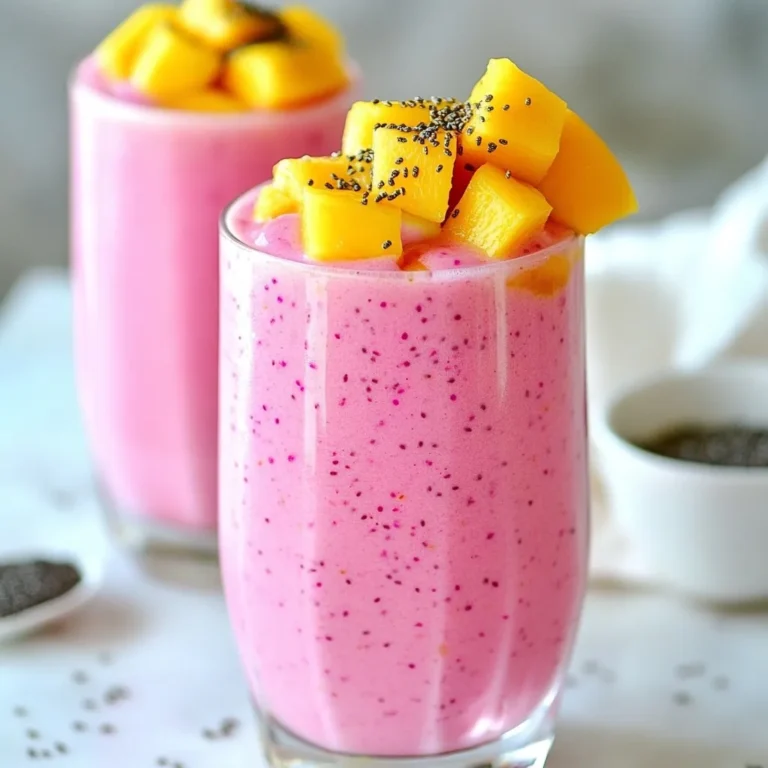 Für einen leckeren Mango Dragonfruit Smoothie brauchst du: - 1 reife Mango, geschält und gewürfelt - 1 Tasse gefrorene Drachenfruchtstücke (Pitaya) - 1 Banane, in Scheiben geschnitten - 1 Tasse Kokosmilch (oder Mandelmilch) - 1 Esslöffel Honig oder Agavensirup (optional) - 1 Esslöffel Chiasamen - Eiswürfel (optional, für eine dickere Konsistenz) Diese Zutaten sorgen für einen frischen und fruchtigen Geschmack. Die Mango bringt Süße, während die Drachenfrucht für eine schöne Farbe sorgt. Die Banane macht den Smoothie cremig und sättigend. Wenn du keine Kokosmilch magst, kannst du auch andere Milchalternativen verwenden. Mandelmilch ist eine tolle Wahl für einen nussigen Geschmack. Hafermilch gibt deinem Smoothie eine mildere Note. Soja- oder Reismilch sind auch gute Alternativen. Du kannst die Milch wählen, die dir am besten gefällt. Die Süße kannst du nach deinem Geschmack anpassen. Honig gibt eine natürliche Süße. Agavensirup ist eine vegane Option und hat einen milden Geschmack. Wenn du es nicht süß magst, lass die Süßungsmittel einfach weg. Probiere den Smoothie einfach nach dem Mixen und passe die Süße an. {{ingredient_image_2}} Zuerst bereiten wir die Zutaten vor. Du brauchst eine reife Mango. Schäle sie und schneide sie in kleine Stücke. Nimm dann gefrorene Drachenfruchtstücke. Diese geben dem Smoothie eine tolle Farbe. Die Banane schneidest du in Scheiben. Diese macht den Smoothie süß und cremig. Du kannst auch Kokosmilch oder Mandelmilch nehmen. Sie geben einen feinen Geschmack. Wenn du es süßer magst, füge Honig oder Agavensirup hinzu. Vergiss die Chiasamen nicht! Sie sind gesund und geben einen tollen Biss. Jetzt kommen wir zum Mixen. Gib alle Zutaten in den Mixer. Das sind die Mango, Drachenfrucht, Banane und Milch. Mixe alles gut durch, bis es eine cremige Masse wird. Wenn du eine dickere Konsistenz willst, füge einige Eiswürfel hinzu. Mixe erneut, bis alles gut vermischt ist. Probiere den Smoothie und passe die Süße an, wenn nötig. Mixe nochmal, um die neuen Zutaten gleichmäßig zu verteilen. Gieße den Smoothie in hohe Gläser. Um ihn schön zu präsentieren, kannst du die Gläser mit einer Scheibe Mango garnieren. Ein paar Chiasamen oben drauf sehen auch toll aus. Verwende bunte Strohhalme für einen fröhlichen Look. So sieht dein Mango Dragonfruit Smoothie nicht nur lecker aus, sondern schmeckt auch frisch und fruchtig. Um die ideale Konsistenz für deinen Mango Dragonfruit Smoothie zu erreichen, achte auf die Zutaten. Die Kombination von gefrorenen Drachenfruchtstücken und frisch gewürfelter Mango sorgt für eine cremige Textur. Wenn du einen dickeren Smoothie möchtest, füge einige Eiswürfel hinzu. Mixe dann alles gut, bis die Mischung glatt ist. Die Süße ist wichtig für den Geschmack. Probiere zuerst den Smoothie ohne Zusatzstoffe. Wenn du es süßer magst, füge einen Esslöffel Honig oder Agavensirup hinzu. Mixe alles gut durch und probiere erneut. So kannst du den perfekten Süßungsgrad finden. Frische Zutaten bringen starke Aromen. Gefrorene Früchte sorgen jedoch für eine kühle, erfrischende Note. Du kannst frische Mango verwenden, aber gefrorene Drachenfrucht ist oft leichter zu finden. Die Kombination aus beiden macht den Smoothie besonders lecker. Experimentiere mit den Zutaten, um deine Lieblingsmischung zu finden. Pro Tipps Frische Zutaten verwenden: Verwenden Sie reife, frische Mangos und gefrorene Drachenfruchtstückchen, um den besten Geschmack und die beste Textur zu erzielen. Variationen ausprobieren: Fügen Sie andere Früchte wie Ananas oder Beeren hinzu, um verschiedene Geschmacksrichtungen zu entdecken. Für Protein sorgen: Integrieren Sie etwas griechischen Joghurt oder Proteinpulver für eine sättigende und nährstoffreiche Option. Die Konsistenz anpassen: Experimentieren Sie mit der Menge an Kokosmilch oder Eiswürfeln, um die perfekte Konsistenz für Ihren Smoothie zu finden. {{image_4}} Du kannst den Mango Dragonfruit Smoothie aufpeppen. Füge einfach mehr Früchte hinzu. Erdbeeren, Ananas oder Himbeeren passen perfekt. Sie bringen mehr Geschmack und Farbe. Du kannst auch eine Handvoll Spinat für einen gesunden Kick hinzufügen. Das macht den Smoothie nahrhaft und grün. Wenn du mehr Protein willst, füge Joghurt oder Proteinpulver hinzu. Griechischer Joghurt ist eine gute Wahl. Er macht den Smoothie cremig und sättigend. Ein Esslöffel Proteinpulver ist auch einfach und schnell. Das gibt dir Energie für den Tag. Für eine vegane Variante wähle pflanzliche Milch. Mandel-, Hafer- oder Sojamilch sind toll. Sie verleihen dem Smoothie einen anderen Geschmack. Verwende Agavensirup anstelle von Honig. Das hält alles vegan. Du kannst auch Datteln pürieren, um die Süße zu erhöhen. Das ist eine gesunde Option. Wenn du Reste von deinem Mango Dragonfruit Smoothie hast, bewahre sie im Kühlschrank auf. Gieße den Smoothie in ein dicht schließendes Glas oder eine Flasche. So bleibt er frisch und lecker. Du kannst ihn bis zu zwei Tage im Kühlschrank lagern. Rühre vor dem Trinken gut um, da sich die Zutaten setzen können. Wenn du mehr Smoothie machen möchtest, friere die Reste ein. Fülle den Smoothie in Eiswürfelformen oder in einen gefrierfesten Behälter. So kannst du ihn später leicht verwenden. Um ihn wieder zu verwenden, lasse ihn über Nacht im Kühlschrank auftauen. Du kannst auch die gefrorenen Stücke direkt in den Mixer geben, um einen kalten Smoothie zu genießen. Du kannst deinen Mango Dragonfruit Smoothie auch im Voraus zubereiten. Mische alle Zutaten und bewahre sie im Kühlschrank auf. Du kannst die Chiasamen später hinzufügen, um die Frische zu erhalten. So sparst du Zeit an einem hektischen Morgen. Wenn du bereit bist, gib den Smoothie einfach in ein Glas und genieße ihn! Ein Mango Dragonfruit Smoothie hat etwa 250 Kalorien pro Portion. Die genaue Zahl hängt von den Zutaten ab. Wenn du Honig hinzufügst, wird es etwas mehr. Du kannst die Kalorien reduzieren, indem du weniger oder keinen Honig verwendest. Ja, du kannst frische Drachenfrucht verwenden. Sie gibt dem Smoothie eine tolle Farbe und Geschmack. Achte darauf, dass die Drachenfrucht reif ist, damit sie süß schmeckt. Entferne die Schale und schneide sie in kleine Stücke, bevor du sie in den Mixer gibst. Ja, der Mango Dragonfruit Smoothie ist perfekt für Kinder. Er enthält gesunde Zutaten und schmeckt fruchtig und lecker. Du kannst die Süße anpassen, um es deinem Kind noch besser schmecken zu lassen. Um den Smoothie vor dem Bräunlichwerden zu schützen, verwende frische Zutaten. Füge auch Zitronen- oder Limettensaft hinzu, da dieser die Farbe erhält. Mixe den Smoothie kurz vor dem Servieren, um die Frische zu bewahren. Der Mango Dragonfruit Smoothie ist einfach zuzubereiten. Wir haben die besten Zutaten und Milchalternativen besprochen. Außerdem haben wir Tipps zur perfekten Konsistenz gegeben und Variationen vorgestellt. So kann jeder den Smoothie nach seinem Geschmack anpassen. Denken Sie daran, Reste richtig zu lagern, damit sie frisch bleiben. Dieser Smoothie ist nahrhaft und passt in jede Diät. Genießen Sie Ihre gesunde, leckere Wahl, die auch Kinder mögen!