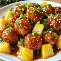 Die Hauptzutaten sind wichtig für den Geschmack der Fleischbällchen. Hier ist, was du brauchst: - 450 g gemahlenes Hähnchen oder Truthahn - 125 g Semmelbrösel - 60 g Frühlingszwiebeln, fein gehackt - 1 kleine Karotte, gerieben - 1 Esslöffel Knoblauch, gehackt - 1 Esslöffel frischer Ingwer, gehackt - 1 Ei, geschlagen - Salz und Pfeffer nach Geschmack - 150 g Ananasstücke, frisch oder aus der Dose, abgetropft - 120 ml Teriyaki-Sauce, fertig gekauft oder selbstgemacht Diese Zutaten bringen Geschmack und eine gute Textur in die Bällchen. Die richtigen Gewürze und Öle geben den Fleischbällchen den letzten Schliff. Hier sind die wichtigsten: - 1 Esslöffel Sesamöl Sesamöl hat einen tollen Geschmack und passt perfekt zu den anderen Zutaten. Verwende es, um die Ananas zu braten. Die Garnierung macht das Gericht noch ansprechender. Hier ein paar Ideen: - Sesamkörner zur Garnitur - Zusätzliche Frühlingszwiebeln zur Garnitur Du kannst die Fleischbällchen auf gedämpftem Reis oder Quinoa servieren. Diese Beilagen runden das Gericht ab und machen es lecker. {{ingredient_image_2}} Zuerst sammeln wir alle Zutaten. Sie brauchen 450 g gemahlenes Hähnchen oder Truthahn, 125 g Semmelbrösel, 60 g fein gehackte Frühlingszwiebeln, 1 kleine geriebene Karotte, 1 Esslöffel gehackten Knoblauch, 1 Esslöffel gehackten Ingwer, 1 geschlagenes Ei, Salz und Pfeffer nach Geschmack sowie 150 g Ananasstücke. In einer großen Schüssel vermengen Sie das Hähnchen mit den Semmelbröseln, Frühlingszwiebeln, Karotte, Knoblauch und Ingwer. Fügen Sie das Ei, Salz und Pfeffer hinzu und mischen Sie alles gut. Formen Sie kleine Bällchen von etwa 2,5 cm Durchmesser mit Ihren Händen. Legen Sie die Bällchen auf ein Backblech, das Sie vorher mit Backpapier ausgelegt haben. Heizen Sie den Ofen auf 200°C vor. Sobald der Ofen heiß ist, schieben Sie das Backblech mit den Fleischbällchen hinein. Lassen Sie sie 15 bis 20 Minuten backen. Die Bällchen sind fertig, wenn sie durchgegart und leicht braun sind. Während die Fleischbällchen backen, bereiten wir die Sauce. Erhitzen Sie 1 Esslöffel Sesamöl in einer Pfanne bei mittlerer Hitze. Fügen Sie 150 g Ananasstücke in die Pfanne und braten Sie sie 3 bis 4 Minuten lang. Sie sollten leicht karamellisiert sein. Gießen Sie 120 ml Teriyaki-Sauce über die Ananas und rühren Sie um. Lassen Sie die Sauce für einige Minuten köcheln, bis sie eindickt. Wenn die Fleischbällchen fertig sind, nehmen Sie sie aus dem Ofen und geben Sie sie in die Pfanne mit der Sauce. Rühren Sie vorsichtig, sodass die Bällchen gut mit der Sauce überzogen sind. Lassen Sie alles für 2 bis 3 Minuten bei niedriger Hitze köcheln, damit die Aromen gut vermischt werden. Um die Fleischbällchen perfekt zu machen, benutze frisches Hähnchen oder Truthahn. Die Mischung aus Semmelbröseln und Gemüse hilft, die Bällchen saftig zu halten. Achte darauf, die Bällchen gleichmäßig zu formen. So garen sie gleichmäßig. Wenn du frische Ananas verwendest, schneide sie in kleine Stücke. Das gibt mehr Geschmack. Lass die Sauce kurz köcheln, damit sie dicker wird und die Aromen besser mischen. Ein häufiger Fehler ist es, die Mischung zu überarbeiten. Das macht die Bällchen hart. Verwende auch nicht zu viel Teriyaki-Sauce gleich zu Beginn. Die Sauce sollte erst am Ende hinzugefügt werden. Auch das Backen bei zu niedriger Temperatur kann dazu führen, dass die Bällchen nicht gut garen. Lass sie nicht zu lange im Ofen, sonst werden sie trocken. Serviere die Fleischbällchen auf gedämpftem Reis oder Quinoa. Das gibt eine schöne Grundlage. Bestreue die Bällchen mit Sesamkörnern und frischen Frühlingszwiebeln. Das sieht toll aus und gibt einen guten Geschmack. Eine kreative Idee ist, die Bällchen in einem Takeout-Behälter zu präsentieren. Das macht das Essen noch spannender. Pro Tipps Fleischwahl: Verwenden Sie eine Mischung aus Hähnchen und Truthahn für einen reichhaltigeren Geschmack und eine bessere Textur. Frische Zutaten: Verwenden Sie frische Ananas, wenn möglich, für einen intensiveren Geschmack und eine bessere Konsistenz in der Sauce. Würzen: Fügen Sie zusätzlich zu den angegebenen Gewürzen noch etwas Chili oder Paprika hinzu, wenn Sie es schärfer mögen. Garnitur: Experimentieren Sie mit verschiedenen Garnituren wie frischem Koriander oder gehackten Erdnüssen für zusätzliche Aromen und Texturen. {{image_4}} Wenn Sie eine vegetarische Option wünschen, können Sie das Hähnchen einfach ersetzen. Nutzen Sie stattdessen gemahlene Soja- oder Linsenprodukte. Veganes Hackfleisch passt ebenfalls gut. Diese Alternativen geben Ihnen den gleichen Geschmack und die Textur. Sie sind auch gesund und sättigend. Achten Sie darauf, die Gewürze und Aromen anzupassen. So bleibt der Teriyaki-Geschmack stark und lecker. Die Beilagen können viel zur Mahlzeit beitragen. Servieren Sie die Fleischbällchen auf gedämpftem Reis oder Quinoa. Beide Optionen sind nahrhaft und füllen gut. Sie können auch Gemüse wie Brokkoli oder Zuckerschoten beifügen. Diese Farben und Texturen machen das Gericht noch ansprechender. Wenn Sie etwas anderes wollen, probieren Sie gebratene Nudeln oder einen frischen Salat. Diese Abwechslung bringt Freude auf den Tisch. Die Teriyaki-Sauce ist ein Hit, aber es gibt noch viele andere Optionen. Sie können süße BBQ-Sauce oder eine scharfe Chili-Sauce verwenden. Jede Sauce bringt ihren eigenen einzigartigen Geschmack. Wenn Sie es etwas fruchtiger wollen, fügen Sie Mango- oder Pfirsichsauce hinzu. Dies macht die Fleischbällchen noch aufregender. Experimentieren Sie mit verschiedenen Kombinationen, um Ihre perfekte Soße zu finden. Essen soll Spaß machen, also seien Sie kreativ! Um Ihre Ananas-Teriyaki-Fleischbällchen frisch zu halten, sollten Sie sie richtig lagern. Lassen Sie die Fleischbällchen zuerst auf Raumtemperatur abkühlen. Danach legen Sie sie in einen luftdichten Behälter. Sie können auch Frischhaltefolie verwenden. So bleiben sie saftig und lecker. Wenn Sie bereit sind, die Fleischbällchen erneut zu genießen, gibt es einfache Wege zum Aufwärmen. Sie können die Fleischbällchen in der Mikrowelle aufwärmen. Stellen Sie die Mikrowelle auf mittlere Hitze und erwärmen Sie sie für 1-2 Minuten. Achten Sie darauf, sie zwischendurch zu drehen. Eine andere Möglichkeit ist, die Fleischbällchen in einer Pfanne zu erhitzen. Fügen Sie etwas Teriyaki-Sauce hinzu, um den Geschmack zu intensivieren. So bleiben sie feucht und schmackhaft. Im Kühlschrank halten sich die Fleischbällchen etwa 3-4 Tage. Achten Sie darauf, sie gut zu verpacken. Wenn Sie die Fleischbällchen länger aufbewahren möchten, frieren Sie sie ein. Im Gefrierfach bleiben sie bis zu 3 Monate frisch. Zum Auftauen legen Sie sie einfach über Nacht in den Kühlschrank. So bleiben sie zart und voller Geschmack. Die Zubereitung der Ananas-Teriyaki-Fleischbällchen dauert insgesamt etwa 35 Minuten. - Vorbereitungszeit: 15 Minuten - Backzeit: 15-20 Minuten Die Zutaten sind schnell gemischt und die Fleischbällchen backen fix im Ofen. Das macht dieses Gericht ideal für ein schnelles Abendessen. Ja, du kannst die Fleischbällchen im Voraus herstellen. - Mische die Zutaten und forme die Bällchen. - Lege sie auf ein Backblech und decke sie ab. Du kannst die Bällchen bis zu 24 Stunden im Kühlschrank lagern. Wenn du bereit bist, sie zu kochen, backe sie einfach wie im Rezept beschrieben. Die besten Beilagen sind gedämpfter Reis oder Quinoa. - Diese Beilagen passen gut zu den saftigen Fleischbällchen. - Du kannst auch gedünstetes Gemüse oder einen frischen Salat servieren. Ein kreativer Trick ist, die Fleischbällchen in einem stylischen Takeout-Behälter zu servieren. Das macht das Essen noch mehr Spaß! Ananas-Teriyaki-Fleischbällchen bringen Geschmack und Freude in jede Küche. Ich habe die Hauptzutaten, die Zubereitung und hilfreiche Tipps behandelt. Variationen bieten dir viele Optionen, von vegetarisch bis verschiedenen Saucen. Denke daran, die übrig gebliebene Portion richtig zu lagern. So bleibst du flexibel und sparst Zeit. Probiere dieses Gericht aus. Es wird deine Familie begeistern.