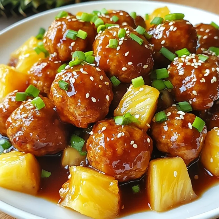 Die Hauptzutaten sind wichtig für den Geschmack der Fleischbällchen. Hier ist, was du brauchst: - 450 g gemahlenes Hähnchen oder Truthahn - 125 g Semmelbrösel - 60 g Frühlingszwiebeln, fein gehackt - 1 kleine Karotte, gerieben - 1 Esslöffel Knoblauch, gehackt - 1 Esslöffel frischer Ingwer, gehackt - 1 Ei, geschlagen - Salz und Pfeffer nach Geschmack - 150 g Ananasstücke, frisch oder aus der Dose, abgetropft - 120 ml Teriyaki-Sauce, fertig gekauft oder selbstgemacht Diese Zutaten bringen Geschmack und eine gute Textur in die Bällchen. Die richtigen Gewürze und Öle geben den Fleischbällchen den letzten Schliff. Hier sind die wichtigsten: - 1 Esslöffel Sesamöl Sesamöl hat einen tollen Geschmack und passt perfekt zu den anderen Zutaten. Verwende es, um die Ananas zu braten. Die Garnierung macht das Gericht noch ansprechender. Hier ein paar Ideen: - Sesamkörner zur Garnitur - Zusätzliche Frühlingszwiebeln zur Garnitur Du kannst die Fleischbällchen auf gedämpftem Reis oder Quinoa servieren. Diese Beilagen runden das Gericht ab und machen es lecker. {{ingredient_image_2}} Zuerst sammeln wir alle Zutaten. Sie brauchen 450 g gemahlenes Hähnchen oder Truthahn, 125 g Semmelbrösel, 60 g fein gehackte Frühlingszwiebeln, 1 kleine geriebene Karotte, 1 Esslöffel gehackten Knoblauch, 1 Esslöffel gehackten Ingwer, 1 geschlagenes Ei, Salz und Pfeffer nach Geschmack sowie 150 g Ananasstücke. In einer großen Schüssel vermengen Sie das Hähnchen mit den Semmelbröseln, Frühlingszwiebeln, Karotte, Knoblauch und Ingwer. Fügen Sie das Ei, Salz und Pfeffer hinzu und mischen Sie alles gut. Formen Sie kleine Bällchen von etwa 2,5 cm Durchmesser mit Ihren Händen. Legen Sie die Bällchen auf ein Backblech, das Sie vorher mit Backpapier ausgelegt haben. Heizen Sie den Ofen auf 200°C vor. Sobald der Ofen heiß ist, schieben Sie das Backblech mit den Fleischbällchen hinein. Lassen Sie sie 15 bis 20 Minuten backen. Die Bällchen sind fertig, wenn sie durchgegart und leicht braun sind. Während die Fleischbällchen backen, bereiten wir die Sauce. Erhitzen Sie 1 Esslöffel Sesamöl in einer Pfanne bei mittlerer Hitze. Fügen Sie 150 g Ananasstücke in die Pfanne und braten Sie sie 3 bis 4 Minuten lang. Sie sollten leicht karamellisiert sein. Gießen Sie 120 ml Teriyaki-Sauce über die Ananas und rühren Sie um. Lassen Sie die Sauce für einige Minuten köcheln, bis sie eindickt. Wenn die Fleischbällchen fertig sind, nehmen Sie sie aus dem Ofen und geben Sie sie in die Pfanne mit der Sauce. Rühren Sie vorsichtig, sodass die Bällchen gut mit der Sauce überzogen sind. Lassen Sie alles für 2 bis 3 Minuten bei niedriger Hitze köcheln, damit die Aromen gut vermischt werden. Um die Fleischbällchen perfekt zu machen, benutze frisches Hähnchen oder Truthahn. Die Mischung aus Semmelbröseln und Gemüse hilft, die Bällchen saftig zu halten. Achte darauf, die Bällchen gleichmäßig zu formen. So garen sie gleichmäßig. Wenn du frische Ananas verwendest, schneide sie in kleine Stücke. Das gibt mehr Geschmack. Lass die Sauce kurz köcheln, damit sie dicker wird und die Aromen besser mischen. Ein häufiger Fehler ist es, die Mischung zu überarbeiten. Das macht die Bällchen hart. Verwende auch nicht zu viel Teriyaki-Sauce gleich zu Beginn. Die Sauce sollte erst am Ende hinzugefügt werden. Auch das Backen bei zu niedriger Temperatur kann dazu führen, dass die Bällchen nicht gut garen. Lass sie nicht zu lange im Ofen, sonst werden sie trocken. Serviere die Fleischbällchen auf gedämpftem Reis oder Quinoa. Das gibt eine schöne Grundlage. Bestreue die Bällchen mit Sesamkörnern und frischen Frühlingszwiebeln. Das sieht toll aus und gibt einen guten Geschmack. Eine kreative Idee ist, die Bällchen in einem Takeout-Behälter zu präsentieren. Das macht das Essen noch spannender. Pro Tipps Fleischwahl: Verwenden Sie eine Mischung aus Hähnchen und Truthahn für einen reichhaltigeren Geschmack und eine bessere Textur. Frische Zutaten: Verwenden Sie frische Ananas, wenn möglich, für einen intensiveren Geschmack und eine bessere Konsistenz in der Sauce. Würzen: Fügen Sie zusätzlich zu den angegebenen Gewürzen noch etwas Chili oder Paprika hinzu, wenn Sie es schärfer mögen. Garnitur: Experimentieren Sie mit verschiedenen Garnituren wie frischem Koriander oder gehackten Erdnüssen für zusätzliche Aromen und Texturen. {{image_4}} Wenn Sie eine vegetarische Option wünschen, können Sie das Hähnchen einfach ersetzen. Nutzen Sie stattdessen gemahlene Soja- oder Linsenprodukte. Veganes Hackfleisch passt ebenfalls gut. Diese Alternativen geben Ihnen den gleichen Geschmack und die Textur. Sie sind auch gesund und sättigend. Achten Sie darauf, die Gewürze und Aromen anzupassen. So bleibt der Teriyaki-Geschmack stark und lecker. Die Beilagen können viel zur Mahlzeit beitragen. Servieren Sie die Fleischbällchen auf gedämpftem Reis oder Quinoa. Beide Optionen sind nahrhaft und füllen gut. Sie können auch Gemüse wie Brokkoli oder Zuckerschoten beifügen. Diese Farben und Texturen machen das Gericht noch ansprechender. Wenn Sie etwas anderes wollen, probieren Sie gebratene Nudeln oder einen frischen Salat. Diese Abwechslung bringt Freude auf den Tisch. Die Teriyaki-Sauce ist ein Hit, aber es gibt noch viele andere Optionen. Sie können süße BBQ-Sauce oder eine scharfe Chili-Sauce verwenden. Jede Sauce bringt ihren eigenen einzigartigen Geschmack. Wenn Sie es etwas fruchtiger wollen, fügen Sie Mango- oder Pfirsichsauce hinzu. Dies macht die Fleischbällchen noch aufregender. Experimentieren Sie mit verschiedenen Kombinationen, um Ihre perfekte Soße zu finden. Essen soll Spaß machen, also seien Sie kreativ! Um Ihre Ananas-Teriyaki-Fleischbällchen frisch zu halten, sollten Sie sie richtig lagern. Lassen Sie die Fleischbällchen zuerst auf Raumtemperatur abkühlen. Danach legen Sie sie in einen luftdichten Behälter. Sie können auch Frischhaltefolie verwenden. So bleiben sie saftig und lecker. Wenn Sie bereit sind, die Fleischbällchen erneut zu genießen, gibt es einfache Wege zum Aufwärmen. Sie können die Fleischbällchen in der Mikrowelle aufwärmen. Stellen Sie die Mikrowelle auf mittlere Hitze und erwärmen Sie sie für 1-2 Minuten. Achten Sie darauf, sie zwischendurch zu drehen. Eine andere Möglichkeit ist, die Fleischbällchen in einer Pfanne zu erhitzen. Fügen Sie etwas Teriyaki-Sauce hinzu, um den Geschmack zu intensivieren. So bleiben sie feucht und schmackhaft. Im Kühlschrank halten sich die Fleischbällchen etwa 3-4 Tage. Achten Sie darauf, sie gut zu verpacken. Wenn Sie die Fleischbällchen länger aufbewahren möchten, frieren Sie sie ein. Im Gefrierfach bleiben sie bis zu 3 Monate frisch. Zum Auftauen legen Sie sie einfach über Nacht in den Kühlschrank. So bleiben sie zart und voller Geschmack. Die Zubereitung der Ananas-Teriyaki-Fleischbällchen dauert insgesamt etwa 35 Minuten. - Vorbereitungszeit: 15 Minuten - Backzeit: 15-20 Minuten Die Zutaten sind schnell gemischt und die Fleischbällchen backen fix im Ofen. Das macht dieses Gericht ideal für ein schnelles Abendessen. Ja, du kannst die Fleischbällchen im Voraus herstellen. - Mische die Zutaten und forme die Bällchen. - Lege sie auf ein Backblech und decke sie ab. Du kannst die Bällchen bis zu 24 Stunden im Kühlschrank lagern. Wenn du bereit bist, sie zu kochen, backe sie einfach wie im Rezept beschrieben. Die besten Beilagen sind gedämpfter Reis oder Quinoa. - Diese Beilagen passen gut zu den saftigen Fleischbällchen. - Du kannst auch gedünstetes Gemüse oder einen frischen Salat servieren. Ein kreativer Trick ist, die Fleischbällchen in einem stylischen Takeout-Behälter zu servieren. Das macht das Essen noch mehr Spaß! Ananas-Teriyaki-Fleischbällchen bringen Geschmack und Freude in jede Küche. Ich habe die Hauptzutaten, die Zubereitung und hilfreiche Tipps behandelt. Variationen bieten dir viele Optionen, von vegetarisch bis verschiedenen Saucen. Denke daran, die übrig gebliebene Portion richtig zu lagern. So bleibst du flexibel und sparst Zeit. Probiere dieses Gericht aus. Es wird deine Familie begeistern.