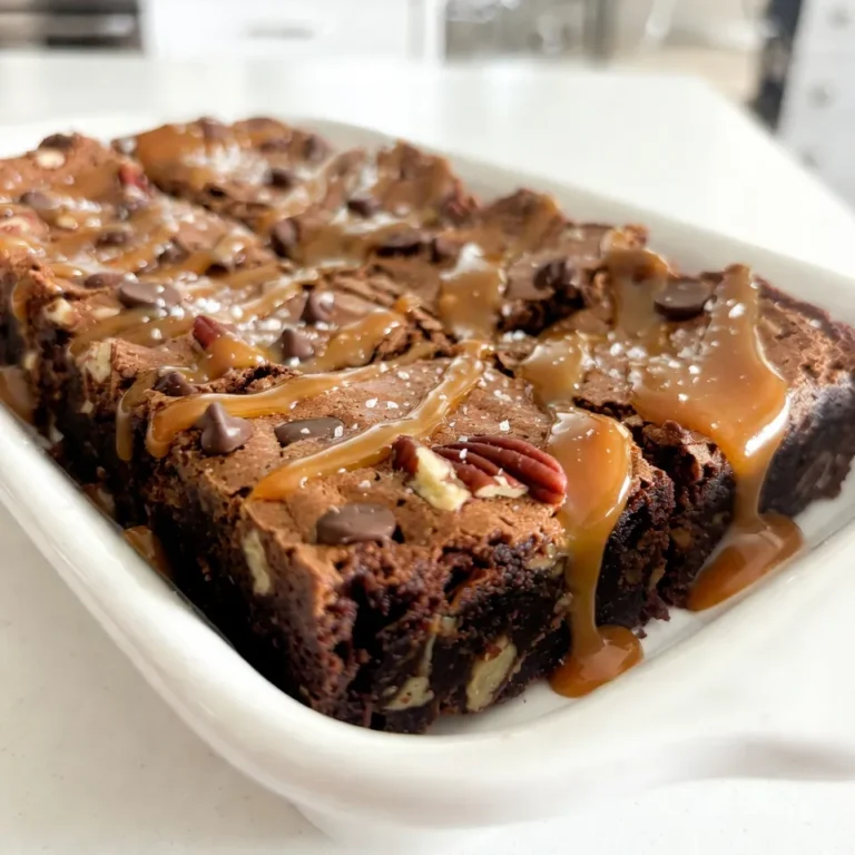 Um diese leckeren Brownies zu machen, brauchst du folgende Zutaten: - 1 Tasse ungesalzene Butter (2 Sticks) - 2 Tassen Kristalzucker - 4 große Eier - 1 Teelöffel Vanilleextrakt - 1 Tasse Weizenmehl - 1 Tasse ungesüßtes Kakaopulver - 1 Teelöffel Backpulver - 1/2 Teelöffel Salz - 1 Tasse halbherbe Schokoladenstückchen - 1 Tasse gehackte Pekannüsse - 1 Tasse Karamellsauce (gekauft oder selbstgemacht) - Meersalz zum Bestreuen Jede dieser Zutaten bringt einen besonderen Geschmack in die Brownies. Die Butter sorgt für die nötige Feuchtigkeit. Zucker gibt die Süße, die wir so lieben. Eier helfen, die Mischung schön dick und luftig zu machen. Du brauchst einige Geräte, um die Brownies zu machen: - Ein großer Kochtopf - Eine Rührschüssel - Ein Schneebesen oder ein Handmixer - Ein Backblech (23x33 cm oder 9x13 Zoll) - Ein Zahnstocher zum Testen Diese Geräte helfen dir, die Zutaten gut zu vermischen und die Brownies gleichmäßig zu backen. Wenn du einige Zutaten nicht hast, gibt es tolle Alternativen: - Butter kann durch Pflanzenöl ersetzt werden. - Du kannst auch braunen Zucker statt Kristalzucker verwenden. Das gibt einen reicheren Geschmack. - Glutenfreies Mehl funktioniert gut anstelle von Weizenmehl. - Für eine vegane Option kannst du die Eier durch Apfelmus oder Leinsamen ersetzen. Diese Alternativen machen das Rezept flexibler und für viele Diäten geeignet. Probiere aus, was dir am besten schmeckt! {{ingredient_image_2}} Heize deinen Ofen auf 175 °C vor. Fette eine Backform mit 23x33 cm ein oder benutze Backpapier. Das macht das Herausnehmen der Brownies einfacher. Schmelze 1 Tasse Butter in einem großen Topf bei mittlerer Hitze. Nimm den Topf vom Herd und rühre 2 Tassen Zucker gut ein. Füge 4 große Eier nacheinander hinzu und rühre nach jeder Zugabe. Gib 1 Teelöffel Vanilleextrakt dazu. In einer separaten Schüssel vermenge 1 Tasse Mehl, 1 Tasse Kakaopulver, 1 Teelöffel Backpulver und ½ Teelöffel Salz. Mische diese trockenen Zutaten langsam in die nassen Zutaten. Rühre nur so lange, bis alles gut vermischt ist. Füge 1 Tasse halbherbe Schokoladenstückchen und 1 Tasse gehackte Pekannüsse hinzu und hebe sie vorsichtig unter. Gieße den Brownieteig gleichmäßig in die vorbereitete Form. Backe die Brownies 25-30 Minuten lang. Du weißt, dass sie fertig sind, wenn ein Zahnstocher mit wenigen feuchten Krümeln herauskommt. Nimm die Brownies aus dem Ofen und träufle 1 Tasse Karamellsauce gleichmäßig darüber. Mit einem Messer kannst du die Karamelsauce sanft in die Brownies einarbeiten. Lass die Brownies etwa 15 Minuten abkühlen, bevor du sie in Stücke schneidest. Ein wenig Meersalz über jedes Stück streuen, bringt den Geschmack perfekt zur Geltung. Um saftige Brownies zu machen, achte auf die Backzeit. Backe sie nicht zu lange. Überprüfe die Brownies nach 25 Minuten. Ein Zahnstocher sollte feuchte Krümel zeigen, aber keinen flüssigen Teig. Eine Mischung aus Butter und Zucker sorgt für einen tollen Geschmack. Lass die Brownies nach dem Backen abkühlen, bevor du sie schneidest. So bleiben sie zart und saftig. Ein häufiger Fehler ist, die Zutaten nicht richtig zu mischen. Mische die trockenen und nassen Zutaten nur bis sie vereint sind. Zu viel Rühren macht die Brownies hart. Verwende frische Zutaten, um den besten Geschmack zu erzielen. Achte darauf, die Karamellsauce gleichmäßig zu verteilen. So wird jeder Bissen köstlich. Serviere die Brownies auf einem schönen Teller. Garniere sie mit weiteren Pekannüssen und einem Spritzer Karamellsauce. Ein Hauch von Meersalz hebt die Geschmäcker hervor. Für einen besonderen Genuss, füge eine Kugel Vanilleeis hinzu. Das macht das Dessert noch besser. Pro Tipps Butter richtig schmelzen: Stellen Sie sicher, dass die Butter bei mittlerer Hitze gleichmäßig schmilzt, um ein Anbrennen zu vermeiden. Rühren Sie regelmäßig um, um eine glatte Mischung zu erhalten. Brownies nicht überbacken: Achten Sie darauf, die Brownies nicht zu lange zu backen. Ein Zahnstocher sollte mit wenigen feuchten Krümeln herauskommen, um die perfekte Konsistenz zu gewährleisten. Karamell einarbeiten: Wenn Sie die Karamellsauce hinzufügen, arbeiten Sie vorsichtig mit einem Messer, um schöne Muster zu erzeugen, ohne die Brownies zu zerreißen. Meersalz hinzufügen: Eine Prise Meersalz über die geschnittenen Brownies streuen, um einen köstlichen Kontrast zur Süße des Karamells zu bieten und die Aromen zu verstärken. {{image_4}} Um glutenfreie Schokoladen-Karamell-Schildkröten-Brownies zu machen, verwenden Sie einfach glutenfreies Mehl. Es gibt viele Marken, die gut funktionieren. Achten Sie darauf, eine Mischung zu wählen, die eine gute Struktur bietet. Diese Brownies bleiben dank der anderen Zutaten schön feucht und schokoladig. Für vegane Schokoladen-Karamell-Schildkröten-Brownies tauschen Sie die Butter gegen pflanzliche Margarine aus. Statt der Eier verwenden Sie Apfelmus oder Leinsamen. Mischen Sie einen Esslöffel Leinsamen mit drei Esslöffeln Wasser und lassen Sie es quellen. Verwenden Sie auch vegane Schokoladenstückchen. Diese Anpassungen sorgen dafür, dass die Brownies immer noch lecker und saftig sind. Fügen Sie Ihrer Kreation zusätzliche Toppings hinzu. Sie können gehackte Nüsse, Kokosraspeln oder sogar Keksstückchen verwenden. Für mehr Geschmack können Sie auch etwas Espresso-Pulver in den Teig geben. Ein Hauch Zimt oder Muskatnuss bringt eine interessante Note. Diese kleinen Änderungen machen die Brownies noch aufregender und leckerer. Um die Schokoladen-Karamell-Schildkröten-Brownies frisch zu halten, lassen Sie sie zuerst abkühlen. Schneiden Sie die Brownies in Stücke. Legen Sie die Stücke in einen luftdichten Behälter. Trennen Sie die Schichten mit Backpapier, um ein Festkleben zu verhindern. Stellen Sie den Behälter an einen kühlen, trockenen Ort. So bleiben die Brownies lecker und saftig. Wenn Sie die Brownies richtig lagern, halten sie sich bis zu fünf Tage. Bei Zimmertemperatur bleiben die Aromen frisch. Im Kühlschrank können sie bis zu einer Woche halten, werden aber fester. Wenn Sie die Brownies länger aufbewahren möchten, sollten Sie das Einfrieren in Betracht ziehen. Um die Brownies einzufrieren, schneiden Sie sie in Portionen. Wickeln Sie jede Portion in Frischhaltefolie ein. Legen Sie die eingewickelten Stücke in einen Gefrierbeutel. Achten Sie darauf, die Luft herauszudrücken, um Gefrierbrand zu vermeiden. Die Brownies können bis zu drei Monate im Gefrierfach bleiben. Zum Auftauen legen Sie die Brownies einfach bei Raumtemperatur auf einen Teller. Nach etwa einer Stunde sind sie wieder bereit zum Genießen. Schokoladen-Karamell-Schildkröten-Brownies bleiben frisch für etwa fünf Tage. Bewahre sie in einem luftdichten Behälter auf. So bleiben sie saftig und lecker. Wenn du sie länger aufbewahren willst, friere sie ein. So halten sie sich bis zu drei Monate. Ja, du kannst die Karamellsauce selbst machen. Du brauchst dafür nur Zucker, Butter und Sahne. Karamellisiere den Zucker in einem Topf. Wenn er goldbraun ist, füge die Butter hinzu. Rühre gut um und gieße die Sahne dazu. Lass es kurz aufkochen. Fertig ist deine Karamellsauce! Nein, sie sind nicht schwer zu machen. Die Schritte sind einfach und klar. Du schmilzt die Butter, mischst die Zutaten und backst die Brownies. Die Karamellsauce macht sie besonders. Auch Anfänger können diese Brownies leicht zubereiten. Zusammenfassend geht es in diesem Artikel um die Herstellung von Schokoladen-Karamell-Schildkröten-Brownies. Wir haben die besten Zutaten und notwendigen Küchengeräte besprochen. Außerdem führte ich dich durch die Schritt-für-Schritt-Anleitung, um yummy Brownies zu zaubern. Die Tipps helfen dir, Fehler zu vermeiden und die Brownies lecker zu servieren. Variationen wie glutenfreie und vegane Optionen machen sie für jeden geeignet. Achte darauf, die Brownies richtig zu lagern, damit sie frisch bleiben. Viel Spaß beim Backen und Genießen dieser leckeren Leckerei!