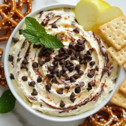 - 225 g Frischkäse, weich - 60 g Puderzucker - 120 g saure Sahne Die Hauptzutaten sind einfach zu finden. Frischkäse macht den Dip cremig. Puderzucker fügt die süße Note hinzu. Saure Sahne sorgt für einen leichten, frischen Geschmack. - 1 Teelöffel Pfefferminzextrakt - 1/2 Teelöffel Vanilleextrakt Diese Geschmacksträger bringen die Aromen zur Geltung. Pfefferminzextrakt gibt den typischen Geschmack des Dips. Vanilleextrakt rundet alles ab und lässt die anderen Aromen leuchten. - 75 g Mini-Schokoladenstückchen - 30 g zerstoßene Pfefferminzbonbons - Auswahl an Dips (Graham-Cracker, Apfelscheiben, Brezeln) Die Extras machen den Dip besonders. Mini-Schokoladenstückchen sorgen für einen süßen Crunch. Zerstoßene Pfefferminzbonbons geben einen frischen Biss. Die Auswahl an Dips macht das Servieren spannend und abwechslungsreich. {{ingredient_image_2}} - Arbeitsfläche und Utensilien: Reinigen Sie Ihre Arbeitsfläche gut. Nehmen Sie eine große Rührschüssel, einen elektrischen Mixer und einen Spatel zur Hand. Diese Utensilien helfen Ihnen, den Dip einfach zuzubereiten. - Zutaten bereitstellen: Stellen Sie alle Zutaten bereit. Sie brauchen 225 g Frischkäse, 60 g Puderzucker, 120 g saure Sahne, 1 Teelöffel Pfefferminzextrakt, 75 g Mini-Schokoladenstückchen, 30 g zerstoßene Pfefferminzbonbons, 1/2 Teelöffel Vanilleextrakt und frische Minzblätter zur Garnierung. - Frischkäse cremig rühren: Beginnen Sie mit dem weichen Frischkäse. Schlagen Sie ihn in der großen Schüssel glatt und cremig. Ein elektrischer Mixer macht das einfach. - Zutaten nacheinander hinzufügen: Fügen Sie nun den Puderzucker langsam hinzu. Mischen Sie weiter, bis die Masse fluffig ist. Geben Sie die saure Sahne, den Pfefferminzextrakt und den Vanilleextrakt hinzu. Verrühren Sie alles gleichmäßig. Heben Sie die Mini-Schokoladenstückchen und die zerstoßenen Pfefferminzbonbons vorsichtig unter. Achten Sie darauf, dass sie gut verteilt sind. - Dip kühlen: Übertragen Sie den Dip in eine Servierschüssel. Lassen Sie ihn mindestens 30 Minuten im Kühlschrank. Das kühlen hilft den Aromen, sich zu vermischen und den Geschmack zu vertiefen. - Präsentation und Garnierung: Garnieren Sie den Dip vor dem Servieren mit frischen Minzblättern und etwas zerstoßenen Pfefferminzbonbons. Dies gibt dem Dip ein schönes Aussehen. Servieren Sie ihn mit Graham-Crackern, Apfelscheiben oder Brezeln. So haben Sie eine köstliche Kombination. Verwende Frischkäse bei Zimmertemperatur. So wird der Dip schön cremig. Kalter Frischkäse macht den Dip klumpig. Lass ihn einfach eine Stunde vor der Zubereitung draußen. Er wird weich und lässt sich besser rühren. Wenn du keinen Pfefferminzextrakt hast, probiere andere Aromen. Vanille oder Mandel könnten gut passen. Du kannst auch frische Minze hacken und hinzufügen. Das gibt einen frischen Kick. Diese Alternativen machen den Dip einzigartig und lecker. Die richtige Garnierung macht viel aus. Verwende frische Minzblätter für Farbe. Zerstoßene Pfefferminzbonbons obendrauf sorgen für einen tollen Look. Du kannst auch Schokoladenstückchen streuen. Serviere den Dip in einer schönen Schüssel. Das macht Eindruck auf deine Gäste. Pro Tipps Frischkäse richtig vorbereiten: Stellen Sie sicher, dass der Frischkäse weich und bei Zimmertemperatur ist, um ein schnelles und gleichmäßiges Mischen zu gewährleisten. Variationen ausprobieren: Experimentieren Sie mit verschiedenen Schokoladensorten oder Dips, um neue Geschmacksrichtungen in Ihren Cheesecake-Dip zu bringen. Kühlen ist wichtig: Lassen Sie den Dip mindestens 30 Minuten im Kühlschrank, damit die Aromen sich entfalten und der Dip die richtige Konsistenz erhält. Garnierung für den Wow-Faktor: Verwenden Sie frische Minzblätter und zusätzliche zerstoßene Pfefferminzbonbons, um Ihrem Dip einen ansprechenden und frischen Look zu verleihen. {{image_4}} Für diesen Dip können Sie dunkle oder weiße Schokolade verwenden. Dunkle Schokolade gibt dem Dip einen reichen Geschmack. Sie ergänzt den Pfefferminzgeschmack gut. Weiße Schokolade bringt eine süße Note. Beide Optionen sind lecker. Experimentieren Sie mit der Art der Schokolade, um Ihren Favoriten zu finden. Wenn Sie eine leichtere Version möchten, nutzen Sie Light-Frischkäse oder griechischen Joghurt. Diese Optionen sind weniger kalorienreich. Sie behalten trotzdem die cremige Konsistenz. Der Geschmack bleibt frisch und lecker. So können Sie den Dip ohne schlechtes Gewissen genießen. Dieser Dip ist nicht nur für die Feiertage. Passen Sie ihn an andere Feste an. Fügen Sie zum Beispiel Zimt für den Herbst hinzu. Im Frühling können Sie frische Beeren einrühren. So bleibt der Dip das ganze Jahr über spannend und abwechslungsreich. Der Dip bleibt frisch für bis zu fünf Tage im Kühlschrank. Achte darauf, ihn in einem luftdichten Behälter zu lagern. So bleibt der Geschmack stark und die Konsistenz gut. Du kannst den Dip auch einfrieren. Teile ihn in Portionen und lege ihn in gefriergeeignetes Material. Achte darauf, die Luft so gut wie möglich zu entfernen. Zum Auftauen, lasse ihn einfach über Nacht im Kühlschrank stehen. Rühre ihn nach dem Auftauen gut um, um die Textur zu verbessern. Um die Qualität des Dips zu erhalten, ist es wichtig, ihn nicht mehrmals aufzutauen und wieder einzufrieren. Verwende frische Zutaten, um den besten Geschmack zu erzielen. Lagere den Dip immer kühl und abgedeckt, um Austrocknen zu verhindern. Der Dip bleibt bis zu fünf Tage frisch im Kühlschrank. Achte darauf, ihn in einem luftdichten Behälter zu lagern. So bleibt er gut geschützt und die Aromen bleiben erhalten. Wenn du ihn länger aufbewahren möchtest, kannst du ihn auch einfrieren. Im Gefrierschrank hält er bis zu drei Monate. Ja, du kannst den Dip ganz einfach im Voraus machen. Bereite ihn einen Tag zuvor zu und lasse ihn im Kühlschrank. Die Aromen werden so noch besser. Wenn du ihn aufbewahrst, decke ihn gut ab. So bleibt er frisch und lecker. Vor dem Servieren kannst du ihn nochmals gut durchrühren. Für den perfekten Genuss empfehle ich eine Auswahl an Dips. Graham-Cracker sind klassisch und knusprig. Apfelscheiben bringen eine fruchtige Note. Brezeln bieten einen salzigen Kontrast. Du kannst auch Kekse oder frisches Obst verwenden. Diese Kombination macht das Essen noch spaßiger und köstlicher! Dieser Artikel beschreibt die Zubereitung eines leckeren Peppermint Chocolate Chip Cheesecake Dips. Wir haben die Hauptzutaten wie Frischkäse und Puderzucker behandelt. Schritt-für-Schritt-Anleitungen helfen dir bei der Zubereitung und dem Servieren. Tipps zeigen dir, wie du den besten Geschmack erzielst und Variationen anpasst. Denke daran, dass die richtige Konsistenz und Lagerung wichtig sind. So bleibt der Dip frisch und schmackhaft. Probiere auch die verschiedenen Dips aus, um ihn noch besser zu genießen. Viel Spaß beim Ausprobieren!