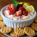 - 240 g Frischkäse, weich und zimmerwarm - 60 g Puderzucker - 1 Teelöffel Vanilleextrakt - 1 Zitrone, Schale abgerieben und Saft ausgepresst - 150 g frische Erdbeeren, entstielt und gewürfelt - 60 ml Schlagsahne - 1 Esslöffel frische Minzblätter, fein gehackt (zum Garnieren) - Graham Cracker oder Vanille-Waffelkekse (zum Servieren) Die Hauptzutaten machen diesen Dip cremig und süß. Frischkäse gibt die Basis. Puderzucker fügt die Süße hinzu. Vanilleextrakt bringt einen feinen Geschmack. Zitronenschale und Zitronensaft geben Frische und eine leichte Säure. Frische Erdbeeren machen den Dip fruchtig und bunt. Für die weiteren Zutaten brauchen wir Schlagsahne. Sie sorgt für eine luftige Textur. Minzblätter geben einen frischen Akzent. Graham Cracker oder Waffelkekse sind perfekt zum Eintauchen. Diese Zutaten machen den Dip noch leckerer und interessanter. Die Auswahl der Zutaten ist wichtig. Sie bestimmen den Geschmack und die Textur. Achte darauf, frische Erdbeeren zu wählen. Sie bringen Farbe und Frische. Beim Frischkäse sollte man auf die Konsistenz achten. Weich und zimmerwarm ist ideal. So lässt sich alles gut vermengen. {{ingredient_image_2}} Zuerst nimmst du 240 g Frischkäse und lässt ihn zimmerwarm werden. Dann gibst du den Frischkäse in eine Rührschüssel. Mit einem elektrischen Mixer schlägst du ihn schaumig. Ziel ist eine cremige, glatte Konsistenz. Es sollte keine Klumpen mehr geben. Jetzt fügst du 60 g Puderzucker hinzu. Mische weiter, bis der Zucker gut verbunden ist. Dann kommt 1 Teelöffel Vanilleextrakt dazu. Reibe die Schale einer Zitrone ab und presse den Saft aus. Beides gibst du in die Mischung. Rühre alles gut um, bis es cremig wird. Jetzt nimmst du 150 g frische Erdbeeren, schneidest sie und hebst sie vorsichtig unter. Achte darauf, die Erdbeeren nicht zu zerdrücken. In einer anderen Schüssel schlägst du 60 ml Schlagsahne auf, bis sich weiche Spitzen bilden. Das dauert nur ein paar Minuten. Jetzt kommt die geschlagene Sahne in die Erdbeer-Frischkäse-Mischung. Hebe sie vorsichtig unter, bis alles gut verbunden ist. Fülle den Dip in eine Servierschüssel. Stelle ihn für mindestens 30 Minuten in den Kühlschrank. So können sich die Aromen entfalten. Vor dem Servieren garnierst du den Dip mit fein gehackten Minzblättern. Das gibt einen frischen Akzent. Serviere den Dip mit Graham Crackern oder Vanille-Waffelkeksen. Füge ein paar ganze Erdbeeren oben drauf hinzu, für ein schönes Bild. Um die richtige Cremigkeit zu erzielen, ist der Frischkäse der Schlüssel. Verwende weichen, zimmerwarmen Frischkäse. Schlage ihn mit einem Mixer, bis er glatt ist. Das sorgt für eine luftige Textur. Füge den Puderzucker langsam hinzu, damit die Mischung nicht zu flüssig wird. Wenn du die Sahne unterhebst, achte darauf, sie sanft einzumischen. So bleibt der Dip luftig und leicht. Für einen besseren Geschmack kannst du die Erdbeeren leicht pürieren. Das bringt mehr Fruchtgeschmack. Wenn du etwas mehr Zitrone magst, füge mehr Zitronenschale hinzu. Dies gibt dem Dip eine frische Note. Ein Hauch von Salz kann auch helfen, die Aromen zu heben. Probiere es aus und finde deinen perfekten Geschmack. Präsentiere den Dip auf einem großen Teller. Lege Graham Cracker oder Vanille-Waffelkekse zum Eintauchen daneben. Du kannst auch einige ganze Erdbeeren auf den Dip legen. Das sieht nicht nur toll aus, sondern schmeckt auch frisch. Verwende kleine Schalen, um den Dip in Portionen zu servieren. So bleibt jeder Dip frisch und lecker. Pro Tipps Frischkäse richtig vorbereiten: Stellen Sie sicher, dass der Frischkäse zimmerwarm ist, um eine glatte und cremige Konsistenz zu gewährleisten. Variationen des Dips: Experimentieren Sie mit anderen Beeren wie Himbeeren oder Heidelbeeren für unterschiedliche Geschmäcker. Verwenden Sie frische Zitronen: Frischer Zitronensaft und Schale verleihen dem Dip einen intensiveren Geschmack im Vergleich zu abgepacktem Zitronensaft. Serviertipps: Fügen Sie den Graham Crackern oder Waffelkeksen einige frische Früchte hinzu, um die Präsentation zu verbessern und ein zusätzliches Geschmackserlebnis zu bieten. {{image_4}} Wenn Sie keine Erdbeeren mögen, probieren Sie andere Früchte. Himbeeren sind eine großartige Option. Sie bringen eine schöne Säure mit. Blaubeeren oder Pfirsiche passen auch gut. Diese Früchte machen den Dip süß und fruchtig. Sie können die gewünschte Menge einfach anpassen. Denken Sie daran, die Früchte klein zu schneiden. Für eine gesündere Version können Sie zuckerfreie Optionen wählen. Verwenden Sie einen zuckerfreien Puderzucker. Das reduziert die Kalorien. Für Low-Carb-Fans ersetzen Sie den Puderzucker durch Erythrit. Dieser Zuckeraustausch ist süß, hat aber keine Kohlenhydrate. So bleibt der Dip lecker und gesund. Experimentieren Sie mit verschiedenen Geschmäckern. Fügen Sie etwas Kokosnuss hinzu, um einen tropischen Geschmack zu erhalten. Eine Prise Zimt gibt dem Dip eine warme Note. Oder verwenden Sie Mandelextrakt für eine nussige Tiefe. Diese kleinen Anpassungen machen den Dip noch interessanter. Es gibt unendlich viele Möglichkeiten! Um deinen Erdbeer Zitronen Cheesecake Dip frisch zu halten, lagere ihn im Kühlschrank. Verwende einen luftdichten Behälter, um das Aroma zu schützen. So bleibt der Dip cremig und lecker. Stelle sicher, dass er gut abgedeckt ist. So kommt keine Luft daran. Der Dip bleibt im Kühlschrank etwa 3 bis 5 Tage frisch. Achte darauf, dass du ihn nicht länger als eine Woche aufbewahrst. Überprüfe immer den Geruch und das Aussehen, bevor du ihn isst. Wenn er komisch riecht oder seltsam aussieht, wirf ihn weg. Hast du Reste? Keine Sorge! Du kannst den Dip auf verschiedene Arten wiederverwenden. Nutze ihn als Aufstrich auf Toast oder in einem Joghurt. Er passt auch gut in Smoothies. Du kannst ihn sogar als Füllung für Pfannkuchen verwenden. Lass deiner Kreativität freien Lauf und genieße die Reste! Die Zubereitung des Erdbeer-Zitronen-Cheesecake-Dips dauert insgesamt 45 Minuten. Die Vorbereitungszeit beträgt nur 15 Minuten. Die restlichen 30 Minuten sind für das Kühlen des Dips. Diese Zeit hilft, die Aromen zu entfalten und macht den Dip noch leckerer. Ja, du kannst den Dip im Voraus zubereiten. Tatsächlich schmeckt er besser, wenn er etwas Zeit zum Kühlen hat. Bereite ihn einfach einen Tag vorher zu und stelle ihn in den Kühlschrank. So sind die Aromen perfekt vermischt und bereit zum Genießen. Für diesen Dip passen Graham Cracker oder Vanille-Waffelkekse am besten. Beide sind knusprig und ergänzen den cremigen Dip wunderbar. Du kannst auch andere Kekse ausprobieren, wie Butterkekse oder sogar frisches Obst. Das macht das Eintauchen noch spannender! Dieser Artikel hat dir gezeigt, wie du einen leckeren Erdbeer-Zitronen-Cheesecake-Dip zubereitest. Wir haben die besten Zutaten, eine einfache Schritt-für-Schritt-Anleitung und wertvolle Tipps für die perfekte Konsistenz behandelt. Du hast auch gelernt, wie du Variationen des Rezepts und Aufbewahrungsmethoden nutzen kannst. Der Dip ist einfach und macht Spaß. Mit frischen Zutaten und tollen Ideen wird er jedem schmecken. Probiere es aus, und genieße jeden Bissen!